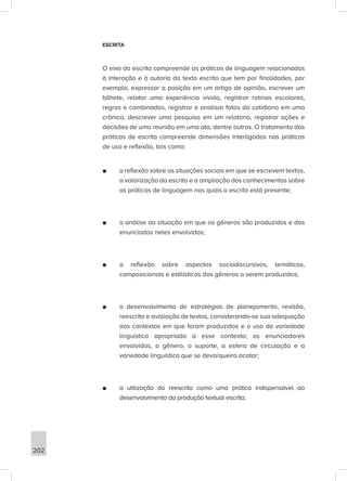 202
ESCRITA
O eixo da escrita compreende as práticas de linguagem relacionadas
à interação e à autoria do texto escrito que tem por finalidades, por
exemplo, expressar a posição em um artigo de opinião, escrever um
bilhete, relatar uma experiência vivida, registrar rotinas escolares,
regras e combinados, registrar e analisar fatos do cotidiano em uma
crônica, descrever uma pesquisa em um relatório, registrar ações e
decisões de uma reunião em uma ata, dentre outros. O tratamento das
práticas de escrita compreende dimensões interligadas nas práticas
de uso e reflexão, tais como:
■
■ a reflexão sobre as situações sociais em que se escrevem textos,
a valorização da escrita e a ampliação dos conhecimentos sobre
as práticas de linguagem nas quais a escrita está presente;
■
■ a análise da situação em que os gêneros são produzidos e dos
enunciados neles envolvidos;
■
■ a reflexão sobre aspectos sociodiscursivos, temáticos,
composicionais e estilísticos dos gêneros a serem produzidos;
■
■ o desenvolvimento de estratégias de planejamento, revisão,
reescrita e avaliação de textos, considerando-se sua adequação
aos contextos em que foram produzidos e o uso da variedade
linguística apropriada a esse contexto; os enunciadores
envolvidos, o gênero, o suporte, a esfera de circulação e a
variedade linguística que se deva/queira acatar;
■
■ a utilização da reescrita como uma prática indispensável ao
desenvolvimento da produção textual escrita;
 