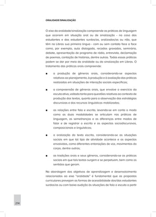 214
ORALIDADE/SINALIZAÇÃO
O eixo da oralidade/sinalização compreende as práticas de linguagem
que ocorrem em situação oral ou de sinalização - no caso dos
estudantes e das estudantes surdos/as, oralizados/as ou não, que
têm na Libras sua primeira língua - com ou sem contato face a face
como, por exemplo, aula dialogada, recados gravados, seminário,
debate, apresentação de programa de rádio, entrevista, declamação
de poemas, contação de histórias, dentre outras. Todas essas práticas
podem se dar por meio da oralidade ou da sinalização em Libras. O
tratamento das práticas orais compreende:
■
■ a produção de gêneros orais, considerando-se aspectos
relativos ao planejamento, à produção e à avaliação das práticas
realizadas em situações de interação sociais específicas;
■
■ a compreensão de gêneros orais, que envolve o exercício da
escuta ativa, voltado tanto para questões relativas ao contexto de
produção dos textos, quanto para a observação das estratégias
discursivas e dos recursos linguísticos mobilizados;
■
■ as relações entre fala e escrita, levando-se em conta o modo
como as duas modalidades se articulam nas práticas de
linguagem, as semelhanças e as diferenças entre modos de
falar e de registrar o escrito e os aspectos sociodiscursivos,
composicionais e linguísticos;
■
■ a oralização do texto escrito, considerando-se as situações
sociais em que tal tipo de atividade acontece e os aspectos
envolvidos, como diferentes entonações de voz, movimentos do
corpo, dentre outros;
■
■ as tradições orais e seus gêneros, considerando-se as práticas
sociais em que tais textos surgem e se perpetuam, bem como os
sentidos que geram.
Na abordagem dos objetivos de aprendizagem e desenvolvimento
relacionados ao eixo “oralidade” é fundamental que as propostas
curriculares prevejam as formas de acessibilidade dos/das estudantes
surdos/as ou com baixa audição às situações de fala e escuta a partir
 