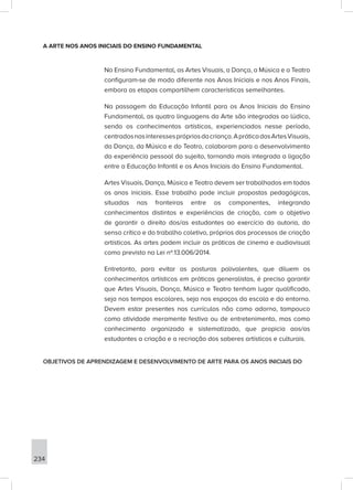 234
A ARTE NOS ANOS INICIAIS DO ENSINO FUNDAMENTAL
No Ensino Fundamental, as Artes Visuais, a Dança, a Música e o Teatro
configuram-se de modo diferente nos Anos Iniciais e nos Anos Finais,
embora as etapas compartilhem características semelhantes.
Na passagem da Educação Infantil para os Anos Iniciais do Ensino
Fundamental, as quatro linguagens da Arte são integradas ao lúdico,
sendo os conhecimentos artísticos, experienciados nesse período,
centradosnosinteressesprópriosdacriança.ApráticadasArtesVisuais,
da Dança, da Música e do Teatro, colaboram para o desenvolvimento
da experiência pessoal do sujeito, tornando mais integrada a ligação
entre a Educação Infantil e os Anos Iniciais do Ensino Fundamental.
Artes Visuais, Dança, Música e Teatro devem ser trabalhados em todos
os anos iniciais. Esse trabalho pode incluir propostas pedagógicas,
situadas nas fronteiras entre os componentes, integrando
conhecimentos distintos e experiências de criação, com o objetivo
de garantir o direito dos/as estudantes ao exercício da autoria, do
senso crítico e do trabalho coletivo, próprios dos processos de criação
artísticos. As artes podem incluir as práticas de cinema e audiovisual
como previsto na Lei nº.13.006/2014.
Entretanto, para evitar as posturas polivalentes, que diluem os
conhecimentos artísticos em práticas generalistas, é preciso garantir
que Artes Visuais, Dança, Música e Teatro tenham lugar qualificado,
seja nos tempos escolares, seja nos espaços da escola e do entorno.
Devem estar presentes nos currículos não como adorno, tampouco
como atividade meramente festiva ou de entretenimento, mas como
conhecimento organizado e sistematizado, que propicia aos/as
estudantes a criação e a recriação dos saberes artísticos e culturais.
OBJETIVOS DE APRENDIZAGEM E DESENVOLVIMENTO DE ARTE PARA OS ANOS INICIAIS DO
 