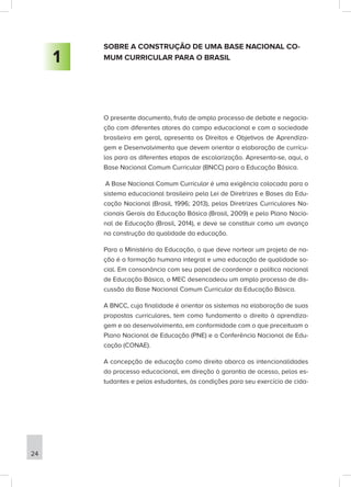 SOBRE A CONSTRUÇÃO DE UMA BASE NACIONAL CO-
MUM CURRICULAR PARA O BRASIL
O presente documento, fruto de amplo processo de debate e negocia-
ção com diferentes atores do campo educacional e com a sociedade
brasileira em geral, apresenta os Direitos e Objetivos de Aprendiza-
gem e Desenvolvimento que devem orientar a elaboração de currícu-
los para as diferentes etapas de escolarização. Apresenta-se, aqui, a
Base Nacional Comum Curricular (BNCC) para a Educação Básica.
A Base Nacional Comum Curricular é uma exigência colocada para o
sistema educacional brasileiro pela Lei de Diretrizes e Bases da Edu-
cação Nacional (Brasil, 1996; 2013), pelas Diretrizes Curriculares Na-
cionais Gerais da Educação Básica (Brasil, 2009) e pelo Plano Nacio-
nal de Educação (Brasil, 2014), e deve se constituir como um avanço
na construção da qualidade da educação.
Para o Ministério da Educação, o que deve nortear um projeto de na-
ção é a formação humana integral e uma educação de qualidade so-
cial. Em consonância com seu papel de coordenar a política nacional
de Educação Básica, o MEC desencadeou um amplo processo de dis-
cussão da Base Nacional Comum Curricular da Educação Básica.
A BNCC, cuja finalidade é orientar os sistemas na elaboração de suas
propostas curriculares, tem como fundamento o direito à aprendiza-
gem e ao desenvolvimento, em conformidade com o que preceituam o
Plano Nacional de Educação (PNE) e a Conferência Nacional de Edu-
cação (CONAE).
A concepção de educação como direito abarca as intencionalidades
do processo educacional, em direção à garantia de acesso, pelos es-
tudantes e pelas estudantes, às condições para seu exercício de cida-
1
24
 
