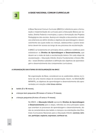 A BASE NACIONAL COMUM CURRICULAR
A Base Nacional Comum Curricular (BNCC) é referência para a formu-
lação e implementação de currículos para a Educação Básica por es-
tados, Distrito Federal e municípios, e para a formulação dos Projetos
Pedagógicos das escolas. Avança em relação a documentos normati-
vos anteriores ao definir direitos e objetivos de aprendizagem e desen-
volvimento aos quais todas as crianças, adolescentes e jovens brasi-
leiros devem ter acesso ao longo de seu processo de escolarização.
A BNCC se fundamenta em princípios éticos, políticos e estéticos para
estabelecer os Direitos de Aprendizagem e Desenvolvimento, que
devem ser o mote de toda a escolarização básica. Em cada etapa de
escolarização – Educação Infantil, Ensino Fundamental e Ensino Mé-
dio – esses Direitos subsidiam a definição dos objetivos de aprendiza-
gem e desenvolvimento dos componentes curriculares.
A ORGANIZAÇÃO DAS ETAPAS DE ESCOLARIZAÇÃO NA BNCC
Na organização da Base, consideram-se as subdivisões etárias no in-
terior de uma mesma etapa de escolarização. Assim, na EDUCAÇÃO
INFANTIL, os objetivos de aprendizagem e desenvolvimento são apre-
sentados em relação a três faixas etárias:
■
■ bebês (0 a 18 meses),
■
■ crianças bem pequenas (19 meses a 3 anos e 11 meses),
■
■ crianças pequenas (4 anos a 5 anos e 11 meses).
Na BNCC, a Educação Infantil apresenta Direitos de Aprendizagem
e Desenvolvimento para a etapa, referidos às cinco principais ações
que orientam os processos de aprendizagem e desenvolvimento, da-
das as características dos bebês e crianças e as orientações das Dire-
trizes Curriculares Nacionais para a Educação Infantil: conviver, brin-
car, participar, explorar, expressar, conhecer-se.
3
44
 