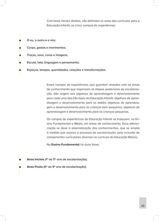 Com base nesses direitos, são definidos os eixos dos currículos para a
Educação Infantil, os cinco campos de experiências:
■
■ O eu, o outro e o nós;
■
■ Corpo, gestos e movimentos;
■
■ Traços, sons, cores e imagens;
■
■ Escuta, fala, linguagem e pensamento;
■
■ Espaços, tempos, quantidades, relações e transformações.
Esses campos de experiências, que guardam relações com as áreas
de conhecimento que organizam as etapas posteriores de escolariza-
ção, dão origem aos objetivos de aprendizagem e desenvolvimento
para cada uma das três fases da Educação Infantil: objetivos de apren-
dizagem e desenvolvimento para os bebês; objetivos de aprendiza-
gem e desenvolvimento para as crianças bem pequenas; objetivos de
aprendizagem e desenvolvimento para as crianças pequenas.
Os campos de experiências da Educação Infantil se traduzem, no En-
sino Fundamental e Médio, em áreas de conhecimento. Essa diferen-
ciação se deve à sistematização dos conhecimentos, que se amplia
à medida que avança o processo de escolarização, pela inclusão de
componentes curriculares diversos no currículo da Educação Básica.
No Ensino Fundamental há duas fases:
■
■ Anos Iniciais (1º ao 5º ano de escolarização);
■
■ Anos Finais (6º ao 9º ano de escolarização).
45
 