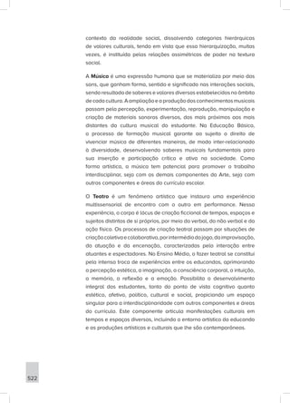 522
contexto da realidade social, dissolvendo categorias hierárquicas
de valores culturais, tendo em vista que essa hierarquização, muitas
vezes, é instituída pelas relações assimétricas de poder na textura
social.
A Música é uma expressão humana que se materializa por meio dos
sons, que ganham forma, sentido e significado nas interações sociais,
sendo resultado de saberes e valores diversos estabelecidos no âmbito
decadacultura.Aampliaçãoeaproduçãodosconhecimentosmusicais
passam pela percepção, experimentação, reprodução, manipulação e
criação de materiais sonoros diversos, dos mais próximos aos mais
distantes da cultura musical do estudante. Na Educação Básica,
o processo de formação musical garante ao sujeito o direito de
vivenciar música de diferentes maneiras, de modo inter-relacionado
à diversidade, desenvolvendo saberes musicais fundamentais para
sua inserção e participação crítica e ativa na sociedade. Como
forma artística, a música tem potencial para promover o trabalho
interdisciplinar, seja com os demais componentes da Arte, seja com
outros componentes e áreas do currículo escolar.
O Teatro é um fenômeno artístico que instaura uma experiência
multissensorial de encontro com o outro em performance. Nessa
experiência, o corpo é lócus de criação ficcional de tempos, espaços e
sujeitos distintos de si próprios, por meio do verbal, do não verbal e da
ação física. Os processos de criação teatral passam por situações de
criaçãocoletivaecolaborativa,porintermédiodojogo,daimprovisação,
da atuação e da encenação, caracterizadas pela interação entre
atuantes e espectadores. No Ensino Médio, o fazer teatral se constitui
pela intensa troca de experiências entre os educandos, aprimorando
a percepção estética, a imaginação, a consciência corporal, a intuição,
a memória, a reflexão e a emoção. Possibilita o desenvolvimento
integral dos estudantes, tanto do ponto de vista cognitivo quanto
estético, afetivo, político, cultural e social, propiciando um espaço
singular para a interdisciplinaridade com outros componentes e áreas
do currículo. Este componente articula manifestações culturais em
tempos e espaços diversos, incluindo o entorno artístico do educando
e as produções artísticas e culturais que lhe são contemporâneas.
 