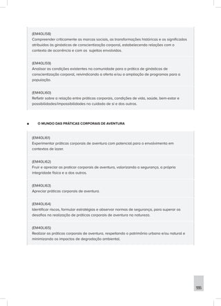 555
(EM40LI58)
Compreender criticamente as marcas sociais, as transformações históricas e os significados
atribuídos às ginásticas de conscientização corporal, estabelecendo relações com o
contexto de ocorrência e com os sujeitos envolvidos.
(EM40LI59)
Analisar as condições existentes na comunidade para a prática de ginásticas de
conscientização corporal, reivindicando a oferta e/ou a ampliação de programas para a
população.
(EM40LI60)
Refletir sobre a relação entre práticas corporais, condições de vida, saúde, bem-estar e
possibilidades/impossibilidades no cuidado de si e dos outros.
■
■ O MUNDO DAS PRÁTICAS CORPORAIS DE AVENTURA
(EM40LI61)
Experimentar práticas corporais de aventura com potencial para o envolvimento em
contextos de lazer.
(EM40LI62)
Fruir e apreciar as praticar corporais de aventura, valorizando a segurança, a própria
integridade física e a dos outros.
(EM40LI63)
Apreciar práticas corporais de aventura.
(EM40LI64)
Identificar riscos, formular estratégias e observar normas de segurança, para superar os
desafios na realização de práticas corporais de aventura na natureza.
(EM40LI65)
Realizar as práticas corporais de aventura, respeitando o patrimônio urbano e/ou natural e
minimizando os impactos de degradação ambiental.
 