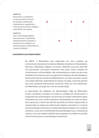 561
(EMMT06)
Desenvolver a autoestima
e a perseverança na busca
de soluções, trabalhando
coletivamente, respeitando o
modo de pensar dos/as colegas e
aprendendo com eles/as.
X X X
(EMMT07)
Usar as tecnologias digitais
para descrever e representar
matematicamente situações e
fenômenos da realidade, em
especial aqueles relacionados ao
mundo do trabalho.
X X
A MATEMÁTICA NO ENSINO MÉDIO
Na BNCC, a Matemática está organizada em cinco unidades de
conhecimento: Geometria, Grandezas e Medidas, Estatística e Probabilidade,
Números e Operações, Álgebra e Funções, refletindo o que tem sido feito
nos documentos curriculares brasileiros mais atuais. Essas unidades de
conhecimento, no Ensino Médio, são contempladas em cada uma das cinco
Unidades Curriculares em que se organizam os objetivos de aprendizagem e
desenvolvimento do componente Matemática e, em cada uma delas, recebe
uma ênfase diferente, dependendo do avanço na etapa, buscando garantir
que os/as estudante desenvolvam raciocínios cada vez mais sofisticados,
em Matemática, ao longo dos anos de escolarização.
A organização dos Objetivos de Aprendizagem (OA) de Matemática
buscou, entretanto, considerar, em todos as unidades de conhecimento, a
progressão das aprendizagens, de forma que as noções matemáticas sejam
retomadas ano a ano, sendo ampliadas e aprofundadas em cada um deles.
Isso implica que a leitura dos OA não seja feita de maneira fragmentada. A
compreensão do papel que determinado objetivo representa no conjunto
das aprendizagens demanda a compreensão daquele objetivo nas unidades
anteriores, o que leva à identificação das aprendizagens que o estudante já
realizou, e em que medida o trabalho desse objetivo na unidade em questão
servirá de base para as aprendizagens posteriores.
 