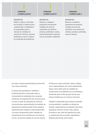 567
UNIDADE
CURRICULAR III
UNIDADE
CURRICULAR IV
UNIDADE
CURRICULAR V
(EM13MT04)
Definir e aplicar o Princípio
de Cavalieri e utilizá-lo para
compreender e estabelecer
as expressões para o
cálculo de medidas de
volume de cilindros, prismas,
pirâmides e cones e aplicar
na resolução de problemas.
(EM14MT02)
Resolver e elaborar
problemas envolvendo
medidas de área de
superfícies de cilindros,
prismas, pirâmides e cones,
preferencialmente, fazendo
uso de situações cotidianas.
(EM15MT05)
Resolver e elaborar
problemas envolvendo
medidas de área da
superfície e de volume de
cilindros, prismas, pirâmides,
cones e esferas.
em vista a natural aproximação que elas têm
com esses contextos.
O estudo das grandezas e medidas é
fundamental para a discussão sobre a
necessidade de ampliação dos conjuntos
numéricos, principalmente dos racionais para
os reais, a partir da utilização de números
irracionais para representação de medidas de
segmentos incomensuráveis. Essa relação é
importante para ampliar as discussões feitas
no ensino fundamental sobre medidas de
comprimento da circunferência e de área do
círculo, no que diz respeito ao uso do número
PI. Deve-se, nesse momento, tomar cuidado
com a apresentação, por vezes inapropriada,
desse como razão entre as medidas do
comprimento e do diâmetro da circunferência,
atentando para o fato de pelo menos uma
dessas medidas ser um número irracional.
Também é importante que se façam conexões
entre grandezas e medidas e o estudo de
funções, explorando-se as relações entre duas
grandezas: área de círculo e raio, volume
de esfera e raio, área da superfície do cubo
e comprimento de sua aresta, velocidade e
distância percorrida, entre outras.
 