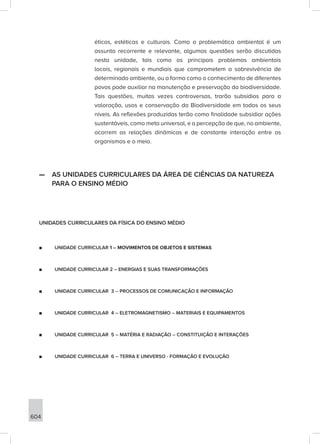 604
éticos, estéticas e culturais. Como a problemática ambiental é um
assunto recorrente e relevante, algumas questões serão discutidas
nesta unidade, tais como os principais problemas ambientais
locais, regionais e mundiais que comprometem a sobrevivência de
determinado ambiente, ou a forma como o conhecimento de diferentes
povos pode auxiliar na manutenção e preservação da biodiversidade.
Tais questões, muitas vezes controversas, trarão subsídios para a
valoração, usos e conservação da Biodiversidade em todos os seus
níveis. As reflexões produzidas terão como finalidade subsidiar ações
sustentáveis, como meta universal, e a percepção de que, no ambiente,
ocorrem as relações dinâmicas e de constante interação entre os
organismos e o meio.
—
— AS UNIDADES CURRICULARES DA ÁREA DE CIÊNCIAS DA NATUREZA
PARA O ENSINO MÉDIO
UNIDADES CURRICULARES DA FÍSICA DO ENSINO MÉDIO
■
■ UNIDADE CURRICULAR 1 – MOVIMENTOS DE OBJETOS E SISTEMAS
■
■ UNIDADE CURRICULAR 2 – ENERGIAS E SUAS TRANSFORMAÇÕES
■
■ UNIDADE CURRICULAR 3 – PROCESSOS DE COMUNICAÇÃO E INFORMAÇÃO
■
■ UNIDADE CURRICULAR 4 – ELETROMAGNETISMO – MATERIAIS E EQUIPAMENTOS
■
■ UNIDADE CURRICULAR 5 – MATÉRIA E RADIAÇÃO – CONSTITUIÇÃO E INTERAÇÕES
■
■ UNIDADE CURRICULAR 6 – TERRA E UNIVERSO - FORMAÇÃO E EVOLUÇÃO
 