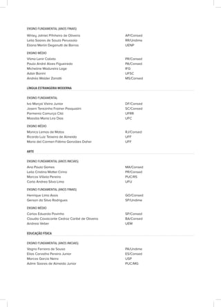 ENSINO FUNDAMENTAL (ANOS FINAIS)
Wirley Jatniel Pi1nheiro de Oliveira AP/Consed
Leila Soares de Souza Perussolo RR/Undime
Eliana Merlin Deganutti de Barros UENP
ENSINO MÉDIO
Vilma Lenir Calixto PR/Consed
Paulo André Alves Figueiredo PA/Consed
Micheline Madureira Lage IFG
Adair Bonini UFSC
Andréa Walder Zanatti MS/Consed
LÍNGUA ESTRANGEIRA MODERNA
ENSINO FUNDAMENTAL
Ivo Marçal Vieira Junior DF/Consed
Joseni Terezinha Frainer Pasqualini SC/Consed
Parmenio Camurça Citó	 UFRR
Massilia Maria Lira Dias UFC
ENSINO MÉDIO
Monica Lemos de Matos RJ/Consed
Ricardo Luiz Teixeira de Almeida UFF
Maria del Carmen Fátima Gonzáles Daher UFF
ARTE
ENSINO FUNDAMENTAL (ANOS INICIAIS)
Ana Paula Gomes MA/Consed
Leila Cristina Mattei Cirino PR/Consed
Marcos Villela Pereira PUC/RS
Carla Andrea Silva Lima UFU
ENSINO FUNDAMENTAL (ANOS FINAIS)
Henrique Lima Assis GO/Consed
Gerson da Silva Rodrigues SP/Undime
ENSINO MÉDIO
Carlos Eduardo Povinha SP/Consed
Claudia Cavalcante Cedraz Caribé de Oliveira BA/Consed
Andreia Veber UEM
EDUCAÇÃO FÍSICA
ENSINO FUNDAMENTAL (ANOS INICIAIS)
Vagno Ferreira de Sousa PA/Undime
Elias Carvalho Pereira Junior ES/Consed
Marcos Garcia Neira USP
Admir Soares de Almeida Junior PUC/MG
 
