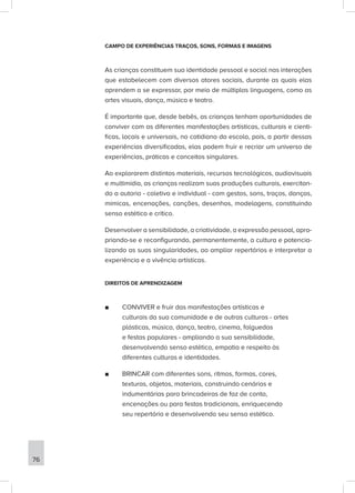 CAMPO DE EXPERIÊNCIAS TRAÇOS, SONS, FORMAS E IMAGENS
As crianças constituem sua identidade pessoal e social nas interações
que estabelecem com diversos atores sociais, durante as quais elas
aprendem a se expressar, por meio de múltiplas linguagens, como as
artes visuais, dança, música e teatro.
É importante que, desde bebês, as crianças tenham oportunidades de
conviver com as diferentes manifestações artísticas, culturais e cienti-
ficas, locais e universais, no cotidiano da escola, pois, a partir dessas
experiências diversificadas, elas podem fruir e recriar um universo de
experiências, práticas e conceitos singulares.
Ao explorarem distintos materiais, recursos tecnológicos, audiovisuais
e multimídia, as crianças realizam suas produções culturais, exercitan-
do a autoria - coletiva e individual - com gestos, sons, traços, danças,
mímicas, encenações, canções, desenhos, modelagens, constituindo
senso estético e crítico.
Desenvolver a sensibilidade, a criatividade, a expressão pessoal, apro-
priando-se e reconfigurando, permanentemente, a cultura e potencia-
lizando as suas singularidades, ao ampliar repertórios e interpretar a
experiência e a vivência artísticas.
DIREITOS DE APRENDIZAGEM
■
■ CONVIVER e fruir das manifestações artísticas e
culturais da sua comunidade e de outras culturas - artes
plásticas, música, dança, teatro, cinema, folguedos
e festas populares - ampliando a sua sensibilidade,
desenvolvendo senso estético, empatia e respeito às
diferentes culturas e identidades.
■
■ BRINCAR com diferentes sons, ritmos, formas, cores,
texturas, objetos, materiais, construindo cenários e
indumentárias para brincadeiras de faz de conta,
encenações ou para festas tradicionais, enriquecendo
seu repertório e desenvolvendo seu senso estético.
76
 