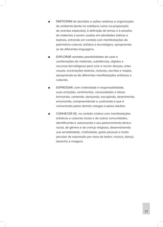 ■
■ PARTICIPAR de decisões e ações relativas à organização
do ambiente (tanto no cotidiano como na preparação
de eventos especiais), à definição de temas e à escolha
de materiais a serem usados em atividades lúdicas e
teatrais, entrando em contato com manifestações do
patrimônio cultural, artístico e tecnológico, apropriando-
se de diferentes linguagens.
■
■ EXPLORAR variadas possibilidades de usos e
combinações de materiais, substâncias, objetos e
recursos tecnológicos para criar e recriar danças, artes
visuais, encenações teatrais, músicas, escritas e mapas,
apropriando-se de diferentes manifestações artísticas e
culturais.
■
■ EXPRESSAR, com criatividade e responsabilidade,
suas emoções, sentimentos, necessidades e ideias
brincando, cantando, dançando, esculpindo, desenhando,
encenando, compreendendo e usufruindo o que é
comunicado pelos demais colegas e pelos adultos.
■
■ CONHECER-SE, no contato criativo com manifestações
artísticas e culturais locais e de outras comunidades,
identificando e valorizando o seu pertencimento étnico-
racial, de gênero e de crença religiosa, desenvolvendo
sua sensibilidade, criatividade, gosto pessoal e modo
peculiar de expressão por meio do teatro, música, dança,
desenho e imagens.
77
 