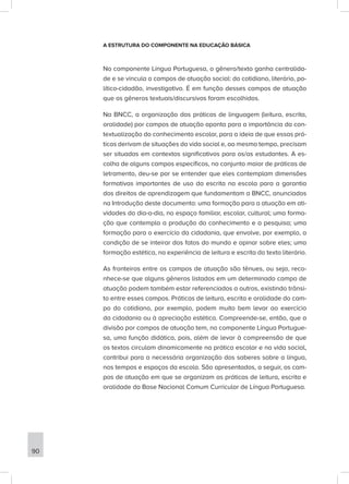 A ESTRUTURA DO COMPONENTE NA EDUCAÇÃO BÁSICA
No componente Língua Portuguesa, o gênero/texto ganha centralida-
de e se vincula a campos de atuação social: do cotidiano, literário, po-
lítico-cidadão, investigativo. É em função desses campos de atuação
que os gêneros textuais/discursivos foram escolhidos.
Na BNCC, a organização das práticas de linguagem (leitura, escrita,
oralidade) por campos de atuação aponta para a importância da con-
textualização do conhecimento escolar, para a ideia de que essas prá-
ticas derivam de situações da vida social e, ao mesmo tempo, precisam
ser situadas em contextos significativos para os/as estudantes. A es-
colha de alguns campos específicos, no conjunto maior de práticas de
letramento, deu-se por se entender que eles contemplam dimensões
formativas importantes de uso da escrita na escola para a garantia
dos direitos de aprendizagem que fundamentam a BNCC, anunciados
na Introdução deste documento: uma formação para a atuação em ati-
vidades do dia-a-dia, no espaço familiar, escolar, cultural; uma forma-
ção que contempla a produção do conhecimento e a pesquisa; uma
formação para o exercício da cidadania, que envolve, por exemplo, a
condição de se inteirar dos fatos do mundo e opinar sobre eles; uma
formação estética, na experiência de leitura e escrita do texto literário.
As fronteiras entre os campos de atuação são tênues, ou seja, reco-
nhece-se que alguns gêneros listados em um determinado campo de
atuação podem também estar referenciados a outros, existindo trânsi-
to entre esses campos. Práticas de leitura, escrita e oralidade do cam-
po do cotidiano, por exemplo, podem muito bem levar ao exercício
da cidadania ou à apreciação estética. Compreende-se, então, que a
divisão por campos de atuação tem, no componente Língua Portugue-
sa, uma função didática, pois, além de levar à compreensão de que
os textos circulam dinamicamente na prática escolar e na vida social,
contribui para a necessária organização dos saberes sobre a língua,
nos tempos e espaços da escola. São apresentados, a seguir, os cam-
pos de atuação em que se organizam as práticas de leitura, escrita e
oralidade da Base Nacional Comum Curricular de Língua Portuguesa.
90
 