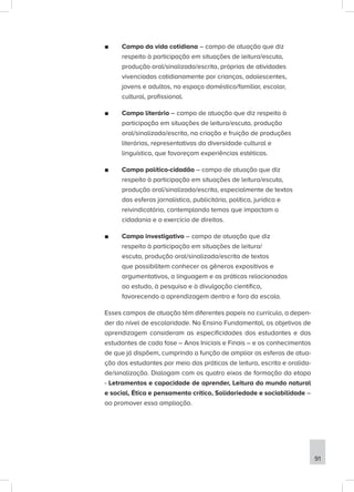 ■
■ Campo da vida cotidiana – campo de atuação que diz
respeito à participação em situações de leitura/escuta,
produção oral/sinalizada/escrita, próprias de atividades
vivenciadas cotidianamente por crianças, adolescentes,
jovens e adultos, no espaço doméstico/familiar, escolar,
cultural, profissional.
■
■ Campo literário – campo de atuação que diz respeito à
participação em situações de leitura/escuta, produção
oral/sinalizada/escrita, na criação e fruição de produções
literárias, representativas da diversidade cultural e
linguística, que favoreçam experiências estéticas.
■
■ Campo político-cidadão – campo de atuação que diz
respeito à participação em situações de leitura/escuta,
produção oral/sinalizada/escrita, especialmente de textos
das esferas jornalística, publicitária, política, jurídica e
reivindicatória, contemplando temas que impactam a
cidadania e o exercício de direitos.
■
■ Campo investigativo – campo de atuação que diz
respeito à participação em situações de leitura/
escuta, produção oral/sinalizada/escrita de textos
que possibilitem conhecer os gêneros expositivos e
argumentativos, a linguagem e as práticas relacionadas
ao estudo, à pesquisa e à divulgação científica,
favorecendo a aprendizagem dentro e fora da escola.
Esses campos de atuação têm diferentes papeis no currículo, a depen-
der do nível de escolaridade. No Ensino Fundamental, os objetivos de
aprendizagem consideram as especificidades dos estudantes e das
estudantes de cada fase – Anos Iniciais e Finais – e os conhecimentos
de que já dispõem, cumprindo a função de ampliar as esferas de atua-
ção dos estudantes por meio das práticas de leitura, escrita e oralida-
de/sinalização. Dialogam com os quatro eixos de formação da etapa
- Letramentos e capacidade de aprender, Leitura do mundo natural
e social, Ética e pensamento crítico, Solidariedade e sociabilidade –
ao promover essa ampliação.
91
 