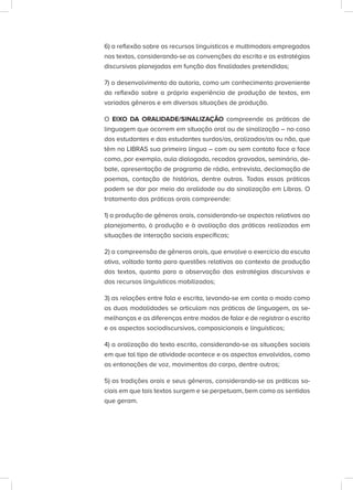 6) a reflexão sobre os recursos linguísticos e multimodais empregados
nos textos, considerando-se as convenções da escrita e as estratégias
discursivas planejadas em função das finalidades pretendidas;
7) o desenvolvimento da autoria, como um conhecimento proveniente
da reflexão sobre a própria experiência de produção de textos, em
variados gêneros e em diversas situações de produção.
O EIXO DA ORALIDADE/SINALIZAÇÃO compreende as práticas de
linguagem que ocorrem em situação oral ou de sinalização – no caso
dos estudantes e das estudantes surdos/as, oralizados/as ou não, que
têm na LIBRAS sua primeira língua – com ou sem contato face a face
como, por exemplo, aula dialogada, recados gravados, seminário, de-
bate, apresentação de programa de rádio, entrevista, declamação de
poemas, contação de histórias, dentre outras. Todas essas práticas
podem se dar por meio da oralidade ou da sinalização em Libras. O
tratamento das práticas orais compreende:
1) a produção de gêneros orais, considerando-se aspectos relativos ao
planejamento, à produção e à avaliação das práticas realizadas em
situações de interação sociais específicas;
2) a compreensão de gêneros orais, que envolve o exercício da escuta
ativa, voltado tanto para questões relativas ao contexto de produção
dos textos, quanto para a observação das estratégias discursivas e
dos recursos linguísticos mobilizados;
3) as relações entre fala e escrita, levando-se em conta o modo como
as duas modalidades se articulam nas práticas de linguagem, as se-
melhanças e as diferenças entre modos de falar e de registrar o escrito
e os aspectos sociodiscursivos, composicionais e linguísticos;
4) a oralização do texto escrito, considerando-se as situações sociais
em que tal tipo de atividade acontece e os aspectos envolvidos, como
as entonações de voz, movimentos do corpo, dentre outros;
5) as tradições orais e seus gêneros, considerando-se as práticas so-
ciais em que tais textos surgem e se perpetuam, bem como os sentidos
que geram.
 