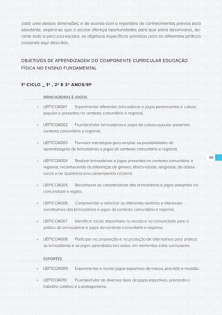 CONSULTA PÚBLICA CONSULTA PÚBLICA CONSULTA PÚBLICA
CONSULTA PÚBLICA CONSULTA PÚBLICA CONSULTA PÚBLICA
CONSULTA PÚBLICA CONSULTA PÚBLICA CONSULTA PÚBLICA
CONSULTA PÚBLICA CONSULTA PÚBLICA CONSULTA PÚBLICA
CONSULTA PÚBLICA CONSULTA PÚBLICA CONSULTA PÚBLICA
CONSULTA PÚBLICA CONSULTA PÚBLICA CONSULTA PÚBLICA
CONSULTA PÚBLICA CONSULTA PÚBLICA CONSULTA PÚBLICA
CONSULTA PÚBLICA CONSULTA PÚBLICA CONSULTA PÚBLICA
CONSULTA PÚBLICA CONSULTA PÚBLICA CONSULTA PÚBLICA
CONSULTA PÚBLICA CONSULTA PÚBLICA CONSULTA PÚBLICA
CONSULTA PÚBLICA CONSULTA PÚBLICA CONSULTA PÚBLICA
CONSULTA PÚBLICA CONSULTA PÚBLICA CONSULTA PÚBLICA
CONSULTA PÚBLICA CONSULTA PÚBLICA CONSULTA PÚBLICA
CONSULTA PÚBLICA CONSULTA PÚBLICA CONSULTA PÚBLICA
CONSULTA PÚBLICA CONSULTA PÚBLICA CONSULTA PÚBLICA
CONSULTA PÚBLICA CONSULTA PÚBLICA CONSULTA PÚBLICA
CONSULTA PÚBLICA CONSULTA PÚBLICA CONSULTA PÚBLICA
CONSULTA PÚBLICA CONSULTA PÚBLICA CONSULTA PÚBLICA
CONSULTA PÚBLICA CONSULTA PÚBLICA CONSULTA PÚBLICA
CONSULTA PÚBLICA CONSULTA PÚBLICA CONSULTA PÚBLICA
CONSULTA PÚBLICA CONSULTA PÚBLICA CONSULTA PÚBLICA
CONSULTA PÚBLICA CONSULTA PÚBLICA CONSULTA PÚBLICA
CONSULTA PÚBLICA CONSULTA PÚBLICA CONSULTA PÚBLICA
CONSULTA PÚBLICA CONSULTA PÚBLICA CONSULTA PÚBLICA
CONSULTA PÚBLICA CONSULTA PÚBLICA CONSULTA PÚBLICA
CONSULTA PÚBLICA CONSULTA PÚBLICA CONSULTA PÚBLICA
CONSULTA PÚBLICA CONSULTA PÚBLICA CONSULTA PÚBLICA
CONSULTA PÚBLICA CONSULTA PÚBLICA CONSULTA PÚBLICA
CONSULTA PÚBLICA CONSULTA PÚBLICA CONSULTA PÚBLICA
CONSULTA PÚBLICA CONSULTA PÚBLICA CONSULTA PÚBLICA
CONSULTA PÚBLICA CONSULTA PÚBLICA CONSULTA PÚBLICA
CONSULTA PÚBLICA CONSULTA PÚBLICA CONSULTA PÚBLICA
CONSULTA PÚBLICA CONSULTA PÚBLICA CONSULTA PÚBLICA
CONSULTA PÚBLICA CONSULTA PÚBLICA CONSULTA PÚBLICA
99
cada uma dessas dimensões, e de acordo com o repertório de conhecimentos prévios do/a
estudante, espera-se que a escola ofereça oportunidades para que ele/a desenvolva, du-
rante todo o percurso escolar, os objetivos específicos previstos para as diferentes práticas
corporais aqui descritas.
OBJETIVOS DE APRENDIZAGEM DO COMPONENTE CURRICULAR EDUCAÇÃO
FÍSICA NO ENSINO FUNDAMENTAL
1º CICLO _ 1º , 2º E 3º ANOS/EF
BRINCADEIRAS E JOGOS
»» LIEF1COA001	 Experimentar diferentes brincadeiras e jogos pertencentes à cultura
popular e presentes no contexto comunitário e regional.
»» LIEF1COA002	 Fruir/desfrutar brincadeiras e jogos da cultura popular presentes
contexto comunitário e regional.
»» LIEF1COA003	 Formular estratégias para ampliar as possibilidades de
aprendizagens de brincadeiras e jogos do contexto comunitário e regional.
»» LIEF1COA004	 Realizar brincadeiras e jogos presentes no contexto comunitário e
regional, reconhecendo as diferenças de gênero, étnico-raciais, religiosas, de classe
social e de aparência e/ou desempenho corporal.
»» LIEF1COA005	 Reconhecer as características das brincadeiras e jogos presentes na
comunidade e região.
»» LIEF1COA006	 Compreender e valorizar os diferentes sentidos e interesses
constitutivos das brincadeiras e jogos do contexto comunitário e regional.
»» LIEF1COA007	 Identificar locais disponíveis na escola e na comunidade para a
prática de brincadeiras e jogos do contexto comunitário e regional.
»» LIEF1COA008	 Participar na proposição e na produção de alternativas para praticar
as brincadeiras e os jogos aprendidos nas aulas, em momentos extra curriculares.
ESPORTES
»» LIEF1COA009	 Experimentar e recriar jogos esportivos de marca, precisão e invasão.
»» LIEF1COA010	 Fruir/desfrutar de diversos tipos de jogos esportivos, prezando o
trabalho coletivo e o protagonismo.
 
