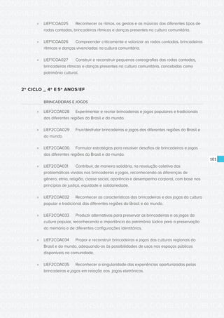 CONSULTA PÚBLICA CONSULTA PÚBLICA CONSULTA PÚBLICA
CONSULTA PÚBLICA CONSULTA PÚBLICA CONSULTA PÚBLICA
CONSULTA PÚBLICA CONSULTA PÚBLICA CONSULTA PÚBLICA
CONSULTA PÚBLICA CONSULTA PÚBLICA CONSULTA PÚBLICA
CONSULTA PÚBLICA CONSULTA PÚBLICA CONSULTA PÚBLICA
CONSULTA PÚBLICA CONSULTA PÚBLICA CONSULTA PÚBLICA
CONSULTA PÚBLICA CONSULTA PÚBLICA CONSULTA PÚBLICA
CONSULTA PÚBLICA CONSULTA PÚBLICA CONSULTA PÚBLICA
CONSULTA PÚBLICA CONSULTA PÚBLICA CONSULTA PÚBLICA
CONSULTA PÚBLICA CONSULTA PÚBLICA CONSULTA PÚBLICA
CONSULTA PÚBLICA CONSULTA PÚBLICA CONSULTA PÚBLICA
CONSULTA PÚBLICA CONSULTA PÚBLICA CONSULTA PÚBLICA
CONSULTA PÚBLICA CONSULTA PÚBLICA CONSULTA PÚBLICA
CONSULTA PÚBLICA CONSULTA PÚBLICA CONSULTA PÚBLICA
CONSULTA PÚBLICA CONSULTA PÚBLICA CONSULTA PÚBLICA
CONSULTA PÚBLICA CONSULTA PÚBLICA CONSULTA PÚBLICA
CONSULTA PÚBLICA CONSULTA PÚBLICA CONSULTA PÚBLICA
CONSULTA PÚBLICA CONSULTA PÚBLICA CONSULTA PÚBLICA
CONSULTA PÚBLICA CONSULTA PÚBLICA CONSULTA PÚBLICA
CONSULTA PÚBLICA CONSULTA PÚBLICA CONSULTA PÚBLICA
CONSULTA PÚBLICA CONSULTA PÚBLICA CONSULTA PÚBLICA
CONSULTA PÚBLICA CONSULTA PÚBLICA CONSULTA PÚBLICA
CONSULTA PÚBLICA CONSULTA PÚBLICA CONSULTA PÚBLICA
CONSULTA PÚBLICA CONSULTA PÚBLICA CONSULTA PÚBLICA
CONSULTA PÚBLICA CONSULTA PÚBLICA CONSULTA PÚBLICA
CONSULTA PÚBLICA CONSULTA PÚBLICA CONSULTA PÚBLICA
CONSULTA PÚBLICA CONSULTA PÚBLICA CONSULTA PÚBLICA
CONSULTA PÚBLICA CONSULTA PÚBLICA CONSULTA PÚBLICA
CONSULTA PÚBLICA CONSULTA PÚBLICA CONSULTA PÚBLICA
CONSULTA PÚBLICA CONSULTA PÚBLICA CONSULTA PÚBLICA
CONSULTA PÚBLICA CONSULTA PÚBLICA CONSULTA PÚBLICA
CONSULTA PÚBLICA CONSULTA PÚBLICA CONSULTA PÚBLICA
CONSULTA PÚBLICA CONSULTA PÚBLICA CONSULTA PÚBLICA
CONSULTA PÚBLICA CONSULTA PÚBLICA CONSULTA PÚBLICA
101
»» LIEF1COA025	 Reconhecer os ritmos, os gestos e as músicas dos diferentes tipos de
rodas cantadas, brincadeiras rítmicas e danças presentes na cultura comunitária.
»» LIEF1COA026	 Compreender criticamente e valorizar as rodas cantadas, brincadeiras
rítmicas e danças vivenciadas na cultura comunitária.
»» LIEF1COA027	 Construir e reconstruir pequenas coreografias das rodas cantadas,
brincadeiras rítmicas e danças presentes na cultura comunitária, concebidas como
patrimônio cultural.
2º CICLO _ 4º E 5º ANOS/EF
BRINCADEIRAS E JOGOS
»» LIEF2COA028	 Experimentar e recriar brincadeiras e jogos populares e tradicionais
das diferentes regiões do Brasil e do mundo.
»» LIEF2COA029	 Fruir/desfrutar brincadeiras e jogos das diferentes regiões do Brasil e
do mundo.
»» LIEF2COA030.	 Formular estratégias para resolver desafios de brincadeiras e jogos
das diferentes regiões do Brasil e do mundo.
»» LIEF2COA031	 Contribuir, de maneira solidária, na resolução coletiva das
problemáticas vividas nas brincadeiras e jogos, reconhecendo as diferenças de
gênero, etnia, religião, classe social, aparência e desempenho corporal, com base nos
princípios de justiça, equidade e solidariedade.
»» LIEF2COA032	 Reconhecer as características das brincadeiras e dos jogos da cultura
popular e tradicional das diferentes regiões do Brasil e do mundo.
»» LIEF2COA033	 Produzir alternativas para preservar as brincadeiras e os jogos da
cultura popular, reconhecendo a importância do patrimônio lúdico para a preservação
da memória e de diferentes configurações identitárias.
»» LIEF2COA034	 Propor e reconstruir brincadeiras e jogos das culturas regionais do
Brasil e do mundo, adequando-os às possibilidades de usos nos espaços públicos
disponíveis na comunidade.
»» LIEF2COA035	 Reconhecer a singularidade das experiências oportunizadas pelas
brincadeiras e jogos em relação aos jogos eletrônicos.
 