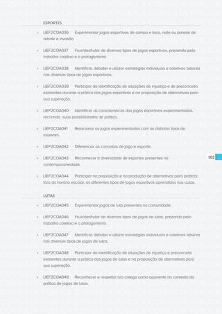 CONSULTA PÚBLICA CONSULTA PÚBLICA CONSULTA PÚBLICA
CONSULTA PÚBLICA CONSULTA PÚBLICA CONSULTA PÚBLICA
CONSULTA PÚBLICA CONSULTA PÚBLICA CONSULTA PÚBLICA
CONSULTA PÚBLICA CONSULTA PÚBLICA CONSULTA PÚBLICA
CONSULTA PÚBLICA CONSULTA PÚBLICA CONSULTA PÚBLICA
CONSULTA PÚBLICA CONSULTA PÚBLICA CONSULTA PÚBLICA
CONSULTA PÚBLICA CONSULTA PÚBLICA CONSULTA PÚBLICA
CONSULTA PÚBLICA CONSULTA PÚBLICA CONSULTA PÚBLICA
CONSULTA PÚBLICA CONSULTA PÚBLICA CONSULTA PÚBLICA
CONSULTA PÚBLICA CONSULTA PÚBLICA CONSULTA PÚBLICA
CONSULTA PÚBLICA CONSULTA PÚBLICA CONSULTA PÚBLICA
CONSULTA PÚBLICA CONSULTA PÚBLICA CONSULTA PÚBLICA
CONSULTA PÚBLICA CONSULTA PÚBLICA CONSULTA PÚBLICA
CONSULTA PÚBLICA CONSULTA PÚBLICA CONSULTA PÚBLICA
CONSULTA PÚBLICA CONSULTA PÚBLICA CONSULTA PÚBLICA
CONSULTA PÚBLICA CONSULTA PÚBLICA CONSULTA PÚBLICA
CONSULTA PÚBLICA CONSULTA PÚBLICA CONSULTA PÚBLICA
CONSULTA PÚBLICA CONSULTA PÚBLICA CONSULTA PÚBLICA
CONSULTA PÚBLICA CONSULTA PÚBLICA CONSULTA PÚBLICA
CONSULTA PÚBLICA CONSULTA PÚBLICA CONSULTA PÚBLICA
CONSULTA PÚBLICA CONSULTA PÚBLICA CONSULTA PÚBLICA
CONSULTA PÚBLICA CONSULTA PÚBLICA CONSULTA PÚBLICA
CONSULTA PÚBLICA CONSULTA PÚBLICA CONSULTA PÚBLICA
CONSULTA PÚBLICA CONSULTA PÚBLICA CONSULTA PÚBLICA
CONSULTA PÚBLICA CONSULTA PÚBLICA CONSULTA PÚBLICA
CONSULTA PÚBLICA CONSULTA PÚBLICA CONSULTA PÚBLICA
CONSULTA PÚBLICA CONSULTA PÚBLICA CONSULTA PÚBLICA
CONSULTA PÚBLICA CONSULTA PÚBLICA CONSULTA PÚBLICA
CONSULTA PÚBLICA CONSULTA PÚBLICA CONSULTA PÚBLICA
CONSULTA PÚBLICA CONSULTA PÚBLICA CONSULTA PÚBLICA
CONSULTA PÚBLICA CONSULTA PÚBLICA CONSULTA PÚBLICA
CONSULTA PÚBLICA CONSULTA PÚBLICA CONSULTA PÚBLICA
CONSULTA PÚBLICA CONSULTA PÚBLICA CONSULTA PÚBLICA
CONSULTA PÚBLICA CONSULTA PÚBLICA CONSULTA PÚBLICA
102
ESPORTES
»» LIEF2COA036	 Experimentar jogos esportivos de campo e taco, rede ou parede de
rebote e invasão.
»» LIEF2COA037	 Fruir/desfrutar de diversos tipos de jogos esportivos, prezando pelo
trabalho coletivo e o protagonismo.
»» LIEF2COA038	 Identificar, debater e utilizar estratégias individuais e coletivas básicas
nos diversos tipos de jogos esportivos.
»» LIEF2COA039	 Participar da identificação de situações de injustiça e de preconceito
existentes durante a prática dos jogos esportivos e na proposição de alternativas para
sua superação.
»» LIEF2COA040	 Identificar as características dos jogos esportivos experimentados,
recriando suas possibilidades de prática.
»» LIEF2COA041	 Relacionar os jogos experimentados com os distintos tipos de
esportes.
»» LIEF2COA042	 Diferenciar os conceitos de jogo e esporte.
»» LIEF2COA043	 Reconhecer a diversidade de esportes presentes na
contemporaneidade.
»» LIEF2COA044	 Participar na proposição e na produção de alternativas para praticar,
fora do horário escolar, os diferentes tipos de jogos esportivos aprendidos nas aulas.
LUTAS
»» LIEF2COA045	 Experimentar jogos de luta presentes na comunidade.
»» LIEF2COA046	 Fruir/desfrutar de diversos tipos de jogos de lutas, prezando pelo
trabalho coletivo e o protagonismo.
»» LIEF2COA047	 Identificar, debater e utilizar estratégias individuais e coletivas básicas
nos diversos tipos de jogos de lutas.
»» LIEF2COA048	 Participar da identificação de situações de injustiça e preconceito
existentes durante a prática dos jogos de lutas e na proposição de alternativas para
sua superação.
»» LIEF2COA049	 Reconhecer e respeitar o/a colega como oponente no contexto da
prática de jogos de lutas.
 