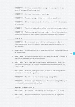 CONSULTA PÚBLICA CONSULTA PÚBLICA CONSULTA PÚBLICA
CONSULTA PÚBLICA CONSULTA PÚBLICA CONSULTA PÚBLICA
CONSULTA PÚBLICA CONSULTA PÚBLICA CONSULTA PÚBLICA
CONSULTA PÚBLICA CONSULTA PÚBLICA CONSULTA PÚBLICA
CONSULTA PÚBLICA CONSULTA PÚBLICA CONSULTA PÚBLICA
CONSULTA PÚBLICA CONSULTA PÚBLICA CONSULTA PÚBLICA
CONSULTA PÚBLICA CONSULTA PÚBLICA CONSULTA PÚBLICA
CONSULTA PÚBLICA CONSULTA PÚBLICA CONSULTA PÚBLICA
CONSULTA PÚBLICA CONSULTA PÚBLICA CONSULTA PÚBLICA
CONSULTA PÚBLICA CONSULTA PÚBLICA CONSULTA PÚBLICA
CONSULTA PÚBLICA CONSULTA PÚBLICA CONSULTA PÚBLICA
CONSULTA PÚBLICA CONSULTA PÚBLICA CONSULTA PÚBLICA
CONSULTA PÚBLICA CONSULTA PÚBLICA CONSULTA PÚBLICA
CONSULTA PÚBLICA CONSULTA PÚBLICA CONSULTA PÚBLICA
CONSULTA PÚBLICA CONSULTA PÚBLICA CONSULTA PÚBLICA
CONSULTA PÚBLICA CONSULTA PÚBLICA CONSULTA PÚBLICA
CONSULTA PÚBLICA CONSULTA PÚBLICA CONSULTA PÚBLICA
CONSULTA PÚBLICA CONSULTA PÚBLICA CONSULTA PÚBLICA
CONSULTA PÚBLICA CONSULTA PÚBLICA CONSULTA PÚBLICA
CONSULTA PÚBLICA CONSULTA PÚBLICA CONSULTA PÚBLICA
CONSULTA PÚBLICA CONSULTA PÚBLICA CONSULTA PÚBLICA
CONSULTA PÚBLICA CONSULTA PÚBLICA CONSULTA PÚBLICA
CONSULTA PÚBLICA CONSULTA PÚBLICA CONSULTA PÚBLICA
CONSULTA PÚBLICA CONSULTA PÚBLICA CONSULTA PÚBLICA
CONSULTA PÚBLICA CONSULTA PÚBLICA CONSULTA PÚBLICA
CONSULTA PÚBLICA CONSULTA PÚBLICA CONSULTA PÚBLICA
CONSULTA PÚBLICA CONSULTA PÚBLICA CONSULTA PÚBLICA
CONSULTA PÚBLICA CONSULTA PÚBLICA CONSULTA PÚBLICA
CONSULTA PÚBLICA CONSULTA PÚBLICA CONSULTA PÚBLICA
CONSULTA PÚBLICA CONSULTA PÚBLICA CONSULTA PÚBLICA
CONSULTA PÚBLICA CONSULTA PÚBLICA CONSULTA PÚBLICA
CONSULTA PÚBLICA CONSULTA PÚBLICA CONSULTA PÚBLICA
CONSULTA PÚBLICA CONSULTA PÚBLICA CONSULTA PÚBLICA
CONSULTA PÚBLICA CONSULTA PÚBLICA CONSULTA PÚBLICA
103
»» LIEF2COA050	 Identificar as características dos jogos de lutas experimentados,
recriando suas possibilidades de prática.
»» LIEF2COA051	 Identificar diferenças entre luta e briga.
»» LIEF2COA052	 Relacionar os jogos de lutas com os distintos tipos de lutas.
»» LIEF2COA053	 Diferenciar as lutas das demais práticas corporais da cultura corporal
de movimento.
»» LIEF2COA054	 Reconhecer a diversidade de lutas presentes na contemporaneidade.
»» LIEF2COA055	 Participar na proposição e na produção de alternativas para praticar,
fora do horário escolar, os diferentes tipos de jogos de lutas aprendidos nas aulas.
GINÁSTICAS
»» LIEF2COA056	 Experimentar, de forma individual e coletiva, combinações de
diferentes elementos gímnicos (equilíbrios, saltos, giros, rotações, acrobacias, com e
sem materiais).
»» LIEF2COA057.	 Fruir/desfrutar e apreciar diferentes movimentos individuais e coletivos
da ginástica geral.
»» LIEF2COA058	 Formular estratégias para resolver desafios individuais e coletivos na
execução de elementos básicos da ginástica geral.
»» LIEF2COA059	 Participar da identificação de situações de injustiça e preconceito
existentes durante a prática da ginástica geral e na proposição de alternativas para
sua superação.
»» LIEF2COA060	 Identificar as situações de risco presentes na prática da ginástica
geral e observar normas de segurança.
»» LIEF2COA061	 Reconhecer as diferentes manifestações da ginástica.
»» LIEF2COA062	 Identificar as possibilidades de uso dos elementos da ginástica geral
em outras práticas corporais e no tempo livre.
PRÁTICAS CORPORAIS RÍTMICAS
»» LIEF2COA063	 Experimentar e recriar danças folclóricas da região e do estado.
»» LIEF2COA064	 Fruir/desfrutar de danças pertencentes à cultura da região e do
estado.
 