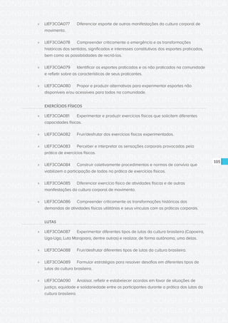 CONSULTA PÚBLICA CONSULTA PÚBLICA CONSULTA PÚBLICA
CONSULTA PÚBLICA CONSULTA PÚBLICA CONSULTA PÚBLICA
CONSULTA PÚBLICA CONSULTA PÚBLICA CONSULTA PÚBLICA
CONSULTA PÚBLICA CONSULTA PÚBLICA CONSULTA PÚBLICA
CONSULTA PÚBLICA CONSULTA PÚBLICA CONSULTA PÚBLICA
CONSULTA PÚBLICA CONSULTA PÚBLICA CONSULTA PÚBLICA
CONSULTA PÚBLICA CONSULTA PÚBLICA CONSULTA PÚBLICA
CONSULTA PÚBLICA CONSULTA PÚBLICA CONSULTA PÚBLICA
CONSULTA PÚBLICA CONSULTA PÚBLICA CONSULTA PÚBLICA
CONSULTA PÚBLICA CONSULTA PÚBLICA CONSULTA PÚBLICA
CONSULTA PÚBLICA CONSULTA PÚBLICA CONSULTA PÚBLICA
CONSULTA PÚBLICA CONSULTA PÚBLICA CONSULTA PÚBLICA
CONSULTA PÚBLICA CONSULTA PÚBLICA CONSULTA PÚBLICA
CONSULTA PÚBLICA CONSULTA PÚBLICA CONSULTA PÚBLICA
CONSULTA PÚBLICA CONSULTA PÚBLICA CONSULTA PÚBLICA
CONSULTA PÚBLICA CONSULTA PÚBLICA CONSULTA PÚBLICA
CONSULTA PÚBLICA CONSULTA PÚBLICA CONSULTA PÚBLICA
CONSULTA PÚBLICA CONSULTA PÚBLICA CONSULTA PÚBLICA
CONSULTA PÚBLICA CONSULTA PÚBLICA CONSULTA PÚBLICA
CONSULTA PÚBLICA CONSULTA PÚBLICA CONSULTA PÚBLICA
CONSULTA PÚBLICA CONSULTA PÚBLICA CONSULTA PÚBLICA
CONSULTA PÚBLICA CONSULTA PÚBLICA CONSULTA PÚBLICA
CONSULTA PÚBLICA CONSULTA PÚBLICA CONSULTA PÚBLICA
CONSULTA PÚBLICA CONSULTA PÚBLICA CONSULTA PÚBLICA
CONSULTA PÚBLICA CONSULTA PÚBLICA CONSULTA PÚBLICA
CONSULTA PÚBLICA CONSULTA PÚBLICA CONSULTA PÚBLICA
CONSULTA PÚBLICA CONSULTA PÚBLICA CONSULTA PÚBLICA
CONSULTA PÚBLICA CONSULTA PÚBLICA CONSULTA PÚBLICA
CONSULTA PÚBLICA CONSULTA PÚBLICA CONSULTA PÚBLICA
CONSULTA PÚBLICA CONSULTA PÚBLICA CONSULTA PÚBLICA
CONSULTA PÚBLICA CONSULTA PÚBLICA CONSULTA PÚBLICA
CONSULTA PÚBLICA CONSULTA PÚBLICA CONSULTA PÚBLICA
CONSULTA PÚBLICA CONSULTA PÚBLICA CONSULTA PÚBLICA
CONSULTA PÚBLICA CONSULTA PÚBLICA CONSULTA PÚBLICA
105
»» LIEF3COA077	 Diferenciar esporte de outras manifestações da cultura corporal de
movimento.
»» LIEF3COA078	 Compreender criticamente a emergência e as transformações
históricas dos sentidos, significados e interesses constitutivos dos esportes praticados,
bem como as possibilidades de recriá-los.
»» LIEF3COA079	 Identificar os esportes praticados e os não praticados na comunidade
e refletir sobre as características de seus praticantes.
»» LIEF3COA080	 Propor e produzir alternativas para experimentar esportes não
disponíveis e/ou acessíveis para todos na comunidade.
EXERCÍCIOS FÍSICOS
»» LIEF3COA081	 Experimentar e produzir exercícios físicos que solicitem diferentes
capacidades físicas.
»» LIEF3COA082	 Fruir/desfrutar dos exercícios físicos experimentados.
»» LIEF3COA083	 Perceber e interpretar as sensações corporais provocadas pela
prática de exercícios físicos.
»» LIEF3COA084	 Construir coletivamente procedimentos e normas de convívio que
viabilizem a participação de todos na prática de exercícios físicos.
»» LIEF3COA085	 Diferenciar exercício físico de atividades físicas e de outras
manifestações da cultura corporal de movimento.
»» LIEF3COA086	 Compreender criticamente as transformações históricas das
demandas de atividades físicas utilitárias e seus vínculos com as práticas corporais.
LUTAS
»» LIEF3COA087	 Experimentar diferentes tipos de lutas da cultura brasileira (Capoeira,
Uga-Uga, Luta Marajoara, dentre outras) e realizar, de forma autônoma, uma delas.
»» LIEF3COA088	 Fruir/desfrutar diferentes tipos de lutas da cultura brasileira.
»» LIEF3COA089	 Formular estratégias para resolver desafios em diferentes tipos de
lutas da cultura brasileira.
»» LIEF3COA090	 Analisar, refletir e estabelecer acordos em favor de situações de
justiça, equidade e solidariedade entre os participantes durante a prática das lutas da
cultura brasileira.
 