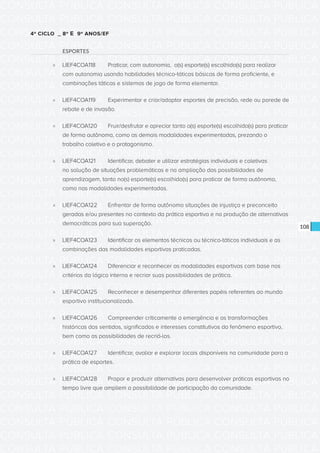 CONSULTA PÚBLICA CONSULTA PÚBLICA CONSULTA PÚBLICA
CONSULTA PÚBLICA CONSULTA PÚBLICA CONSULTA PÚBLICA
CONSULTA PÚBLICA CONSULTA PÚBLICA CONSULTA PÚBLICA
CONSULTA PÚBLICA CONSULTA PÚBLICA CONSULTA PÚBLICA
CONSULTA PÚBLICA CONSULTA PÚBLICA CONSULTA PÚBLICA
CONSULTA PÚBLICA CONSULTA PÚBLICA CONSULTA PÚBLICA
CONSULTA PÚBLICA CONSULTA PÚBLICA CONSULTA PÚBLICA
CONSULTA PÚBLICA CONSULTA PÚBLICA CONSULTA PÚBLICA
CONSULTA PÚBLICA CONSULTA PÚBLICA CONSULTA PÚBLICA
CONSULTA PÚBLICA CONSULTA PÚBLICA CONSULTA PÚBLICA
CONSULTA PÚBLICA CONSULTA PÚBLICA CONSULTA PÚBLICA
CONSULTA PÚBLICA CONSULTA PÚBLICA CONSULTA PÚBLICA
CONSULTA PÚBLICA CONSULTA PÚBLICA CONSULTA PÚBLICA
CONSULTA PÚBLICA CONSULTA PÚBLICA CONSULTA PÚBLICA
CONSULTA PÚBLICA CONSULTA PÚBLICA CONSULTA PÚBLICA
CONSULTA PÚBLICA CONSULTA PÚBLICA CONSULTA PÚBLICA
CONSULTA PÚBLICA CONSULTA PÚBLICA CONSULTA PÚBLICA
CONSULTA PÚBLICA CONSULTA PÚBLICA CONSULTA PÚBLICA
CONSULTA PÚBLICA CONSULTA PÚBLICA CONSULTA PÚBLICA
CONSULTA PÚBLICA CONSULTA PÚBLICA CONSULTA PÚBLICA
CONSULTA PÚBLICA CONSULTA PÚBLICA CONSULTA PÚBLICA
CONSULTA PÚBLICA CONSULTA PÚBLICA CONSULTA PÚBLICA
CONSULTA PÚBLICA CONSULTA PÚBLICA CONSULTA PÚBLICA
CONSULTA PÚBLICA CONSULTA PÚBLICA CONSULTA PÚBLICA
CONSULTA PÚBLICA CONSULTA PÚBLICA CONSULTA PÚBLICA
CONSULTA PÚBLICA CONSULTA PÚBLICA CONSULTA PÚBLICA
CONSULTA PÚBLICA CONSULTA PÚBLICA CONSULTA PÚBLICA
CONSULTA PÚBLICA CONSULTA PÚBLICA CONSULTA PÚBLICA
CONSULTA PÚBLICA CONSULTA PÚBLICA CONSULTA PÚBLICA
CONSULTA PÚBLICA CONSULTA PÚBLICA CONSULTA PÚBLICA
CONSULTA PÚBLICA CONSULTA PÚBLICA CONSULTA PÚBLICA
CONSULTA PÚBLICA CONSULTA PÚBLICA CONSULTA PÚBLICA
CONSULTA PÚBLICA CONSULTA PÚBLICA CONSULTA PÚBLICA
CONSULTA PÚBLICA CONSULTA PÚBLICA CONSULTA PÚBLICA
108
4º CICLO _ 8º E 9º ANOS/EF
ESPORTES
»» LIEF4COA118	 Praticar, com autonomia, o(s) esporte(s) escolhido(s) para realizar
com autonomia usando habilidades técnico-táticas básicas de forma proficiente, e
combinações táticas e sistemas de jogo de forma elementar.
»» LIEF4COA119	 Experimentar e criar/adaptar esportes de precisão, rede ou parede de
rebote e de invasão.
»» LIEF4COA120	 Fruir/desfrutar e apreciar tanto o(s) esporte(s) escolhido(s) para praticar
de forma autônoma, como as demais modalidades experimentadas, prezando o
trabalho coletivo e o protagonismo.
»» LIEF4COA121	 Identificar, debater e utilizar estratégias individuais e coletivas
na solução de situações problemáticas e na ampliação das possibilidades de
aprendizagem, tanto no(s) esporte(s) escolhido(s) para praticar de forma autônoma,
como nas modalidades experimentadas.
»» LIEF4COA122	 Enfrentar de forma autônoma situações de injustiça e preconceito
geradas e/ou presentes no contexto da prática esportiva e na produção de alternativas
democráticas para sua superação.
»» LIEF4COA123	 Identificar os elementos técnicos ou técnico-táticos individuais e as
combinações das modalidades esportivas praticadas.
»» LIEF4COA124	 Diferenciar e reconhecer as modalidades esportivas com base nos
critérios da lógica interna e recriar suas possibilidades de prática.
»» LIEF4COA125	 Reconhecer e desempenhar diferentes papéis referentes ao mundo
esportivo institucionalizado.
»» LIEF4COA126	 Compreender criticamente a emergência e as transformações
históricas dos sentidos, significados e interesses constitutivos do fenômeno esportivo,
bem como as possibilidades de recriá-los.
»» LIEF4COA127	 Identificar, avaliar e explorar locais disponíveis na comunidade para a
prática de esportes.
»» LIEF4COA128	 Propor e produzir alternativas para desenvolver práticas esportivas no
tempo livre que ampliem a possibilidade de participação da comunidade.
 