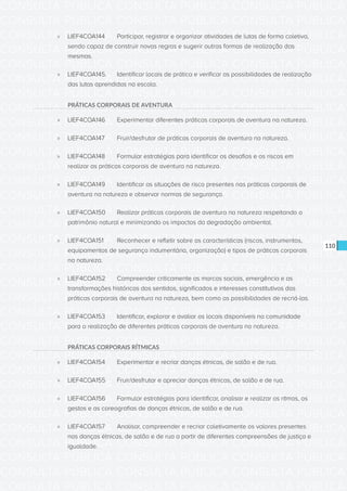 CONSULTA PÚBLICA CONSULTA PÚBLICA CONSULTA PÚBLICA
CONSULTA PÚBLICA CONSULTA PÚBLICA CONSULTA PÚBLICA
CONSULTA PÚBLICA CONSULTA PÚBLICA CONSULTA PÚBLICA
CONSULTA PÚBLICA CONSULTA PÚBLICA CONSULTA PÚBLICA
CONSULTA PÚBLICA CONSULTA PÚBLICA CONSULTA PÚBLICA
CONSULTA PÚBLICA CONSULTA PÚBLICA CONSULTA PÚBLICA
CONSULTA PÚBLICA CONSULTA PÚBLICA CONSULTA PÚBLICA
CONSULTA PÚBLICA CONSULTA PÚBLICA CONSULTA PÚBLICA
CONSULTA PÚBLICA CONSULTA PÚBLICA CONSULTA PÚBLICA
CONSULTA PÚBLICA CONSULTA PÚBLICA CONSULTA PÚBLICA
CONSULTA PÚBLICA CONSULTA PÚBLICA CONSULTA PÚBLICA
CONSULTA PÚBLICA CONSULTA PÚBLICA CONSULTA PÚBLICA
CONSULTA PÚBLICA CONSULTA PÚBLICA CONSULTA PÚBLICA
CONSULTA PÚBLICA CONSULTA PÚBLICA CONSULTA PÚBLICA
CONSULTA PÚBLICA CONSULTA PÚBLICA CONSULTA PÚBLICA
CONSULTA PÚBLICA CONSULTA PÚBLICA CONSULTA PÚBLICA
CONSULTA PÚBLICA CONSULTA PÚBLICA CONSULTA PÚBLICA
CONSULTA PÚBLICA CONSULTA PÚBLICA CONSULTA PÚBLICA
CONSULTA PÚBLICA CONSULTA PÚBLICA CONSULTA PÚBLICA
CONSULTA PÚBLICA CONSULTA PÚBLICA CONSULTA PÚBLICA
CONSULTA PÚBLICA CONSULTA PÚBLICA CONSULTA PÚBLICA
CONSULTA PÚBLICA CONSULTA PÚBLICA CONSULTA PÚBLICA
CONSULTA PÚBLICA CONSULTA PÚBLICA CONSULTA PÚBLICA
CONSULTA PÚBLICA CONSULTA PÚBLICA CONSULTA PÚBLICA
CONSULTA PÚBLICA CONSULTA PÚBLICA CONSULTA PÚBLICA
CONSULTA PÚBLICA CONSULTA PÚBLICA CONSULTA PÚBLICA
CONSULTA PÚBLICA CONSULTA PÚBLICA CONSULTA PÚBLICA
CONSULTA PÚBLICA CONSULTA PÚBLICA CONSULTA PÚBLICA
CONSULTA PÚBLICA CONSULTA PÚBLICA CONSULTA PÚBLICA
CONSULTA PÚBLICA CONSULTA PÚBLICA CONSULTA PÚBLICA
CONSULTA PÚBLICA CONSULTA PÚBLICA CONSULTA PÚBLICA
CONSULTA PÚBLICA CONSULTA PÚBLICA CONSULTA PÚBLICA
CONSULTA PÚBLICA CONSULTA PÚBLICA CONSULTA PÚBLICA
CONSULTA PÚBLICA CONSULTA PÚBLICA CONSULTA PÚBLICA
110
»» LIEF4COA144	 Participar, registrar e organizar atividades de lutas de forma coletiva,
sendo capaz de construir novas regras e sugerir outras formas de realização das
mesmas.
»» LIEF4COA145.	 Identificar locais de prática e verificar as possibilidades de realização
das lutas aprendidas na escola.
PRÁTICAS CORPORAIS DE AVENTURA
»» LIEF4COA146	 Experimentar diferentes práticas corporais de aventura na natureza.
»» LIEF4COA147	 Fruir/desfrutar de práticas corporais de aventura na natureza.
»» LIEF4COA148	 Formular estratégias para identificar os desafios e os riscos em
realizar as práticas corporais de aventura na natureza.
»» LIEF4COA149	 Identificar as situações de risco presentes nas práticas corporais de
aventura na natureza e observar normas de segurança.
»» LIEF4COA150	 Realizar práticas corporais de aventura na natureza respeitando o
patrimônio natural e minimizando os impactos da degradação ambiental.
»» LIEF4COA151	 Reconhecer e refletir sobre as características (riscos, instrumentos,
equipamentos de segurança indumentária, organização) e tipos de práticas corporais
na natureza.
»» LIEF4COA152	 Compreender criticamente as marcas sociais, emergência e as
transformações históricas dos sentidos, significados e interesses constitutivos das
práticas corporais de aventura na natureza, bem como as possibilidades de recriá-las.
»» LIEF4COA153	 Identificar, explorar e avaliar os locais disponíveis na comunidade
para a realização de diferentes práticas corporais de aventura na natureza.
PRÁTICAS CORPORAIS RÍTMICAS
»» LIEF4COA154	 Experimentar e recriar danças étnicas, de salão e de rua.
»» LIEF4COA155	 Fruir/desfrutar e apreciar danças étnicas, de salão e de rua.
»» LIEF4COA156	 Formular estratégias para identificar, analisar e realizar os ritmos, os
gestos e as coreografias de danças étnicas, de salão e de rua.
»» LIEF4COA157	 Analisar, compreender e recriar coletivamente os valores presentes
nas danças étnicas, de salão e de rua a partir de diferentes compreensões de justiça e
igualdade.
 