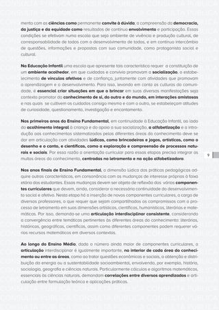 CONSULTA PÚBLICA CONSULTA PÚBLICA CONSULTA PÚBLICA
CONSULTA PÚBLICA CONSULTA PÚBLICA CONSULTA PÚBLICA
CONSULTA PÚBLICA CONSULTA PÚBLICA CONSULTA PÚBLICA
CONSULTA PÚBLICA CONSULTA PÚBLICA CONSULTA PÚBLICA
CONSULTA PÚBLICA CONSULTA PÚBLICA CONSULTA PÚBLICA
CONSULTA PÚBLICA CONSULTA PÚBLICA CONSULTA PÚBLICA
CONSULTA PÚBLICA CONSULTA PÚBLICA CONSULTA PÚBLICA
CONSULTA PÚBLICA CONSULTA PÚBLICA CONSULTA PÚBLICA
CONSULTA PÚBLICA CONSULTA PÚBLICA CONSULTA PÚBLICA
CONSULTA PÚBLICA CONSULTA PÚBLICA CONSULTA PÚBLICA
CONSULTA PÚBLICA CONSULTA PÚBLICA CONSULTA PÚBLICA
CONSULTA PÚBLICA CONSULTA PÚBLICA CONSULTA PÚBLICA
CONSULTA PÚBLICA CONSULTA PÚBLICA CONSULTA PÚBLICA
CONSULTA PÚBLICA CONSULTA PÚBLICA CONSULTA PÚBLICA
CONSULTA PÚBLICA CONSULTA PÚBLICA CONSULTA PÚBLICA
CONSULTA PÚBLICA CONSULTA PÚBLICA CONSULTA PÚBLICA
CONSULTA PÚBLICA CONSULTA PÚBLICA CONSULTA PÚBLICA
CONSULTA PÚBLICA CONSULTA PÚBLICA CONSULTA PÚBLICA
CONSULTA PÚBLICA CONSULTA PÚBLICA CONSULTA PÚBLICA
CONSULTA PÚBLICA CONSULTA PÚBLICA CONSULTA PÚBLICA
CONSULTA PÚBLICA CONSULTA PÚBLICA CONSULTA PÚBLICA
CONSULTA PÚBLICA CONSULTA PÚBLICA CONSULTA PÚBLICA
CONSULTA PÚBLICA CONSULTA PÚBLICA CONSULTA PÚBLICA
CONSULTA PÚBLICA CONSULTA PÚBLICA CONSULTA PÚBLICA
CONSULTA PÚBLICA CONSULTA PÚBLICA CONSULTA PÚBLICA
CONSULTA PÚBLICA CONSULTA PÚBLICA CONSULTA PÚBLICA
CONSULTA PÚBLICA CONSULTA PÚBLICA CONSULTA PÚBLICA
CONSULTA PÚBLICA CONSULTA PÚBLICA CONSULTA PÚBLICA
CONSULTA PÚBLICA CONSULTA PÚBLICA CONSULTA PÚBLICA
CONSULTA PÚBLICA CONSULTA PÚBLICA CONSULTA PÚBLICA
CONSULTA PÚBLICA CONSULTA PÚBLICA CONSULTA PÚBLICA
CONSULTA PÚBLICA CONSULTA PÚBLICA CONSULTA PÚBLICA
CONSULTA PÚBLICA CONSULTA PÚBLICA CONSULTA PÚBLICA
CONSULTA PÚBLICA CONSULTA PÚBLICA CONSULTA PÚBLICA
9
mento com as ciências como permanente convite à dúvida; a compreensão da democracia,
da justiça e da equidade como resultados de contínuo envolvimento e participação. Essas
condições se efetivam numa escola que seja ambiente de vivência e produção cultural, de
corresponsabilidade de todos com o desenvolvimento de todos, e em contínuo intercâmbio
de questões, informações e propostas com sua comunidade, como protagonista social e
cultural.
Na Educação Infantil uma escola que apresente tais característica requer a constituição de
um ambiente acolhedor, em que cuidados e convívio promovam a socialização, o estabe-
lecimento de vínculos afetivos e de confiança, juntamente com atividades que promovam
a aprendizagem e o desenvolvimento. Para isso, levando em conta as culturas da comuni-
dade, é essencial criar situações em que o brincar em suas diversas manifestações seja
contexto promotor do conhecimento de si, do outro e do mundo, em interações amistosas
e nas quais se cultivem os cuidados consigo mesmo e com o outro, se estabeleçam atitudes
de curiosidade, questionamento, investigação e encantamento.
Nos primeiros anos do Ensino Fundamental, em continuidade à Educação Infantil, ao lado
do acolhimento integral à criança e do apoio a sua socialização, a alfabetização e a intro-
dução aos conhecimentos sistematizados pelas diferentes áreas do conhecimento deve se
dar em articulação com atividades lúdicas, como brincadeiras e jogos, artísticas, como o
desenho e o canto, e científicas, como a exploração e compreensão de processos natu-
rais e sociais. Por essa razão a orientação curricular para essas etapas precisa integrar as
muitas áreas do conhecimento, centradas no letramento e na ação alfabetizadora.
Nos anos finais de Ensino Fundamental, a dimensão lúdica das práticas pedagógicas ad-
quire outras características, em consonância com as mudanças de interesse próprias à faixa
etária dos estudantes. Essas mudanças devem ser objeto de reflexão dos vários componen-
tes curriculares que devem, ainda, considerar a necessária continuidade do desenvolvimen-
to social e afetivo. Nesta etapa há a inserção de novos componentes curriculares, a cargo de
diversos professores, o que requer que sejam compartilhados os compromissos com o pro-
cesso de letramento em suas dimensões artísticas, científicas, humanísticas, literárias e mate-
máticas. Por isso, demanda-se uma articulação interdisciplinar consistente, considerando
a convergência entre temáticas pertinentes às diferentes áreas do conhecimento: literárias,
históricas, geográficas, científicas, assim como diferentes componentes podem requerer vá-
rios recursos matemáticos em diversos contextos.
Ao longo do Ensino Médio, dado o número ainda maior de componentes curriculares, a
articulação interdisciplinar é igualmente importante, no interior de cada área do conheci-
mento ou entre as áreas, como ao tratar questões econômicas e sociais, a obtenção e distri-
buição da energia ou a sustentabilidade socioambiental, envolvendo, por exemplo, história,
sociologia, geografia e ciências naturais. Particularmente cálculos e algoritmos matemáticos,
essenciais às ciências naturais, demandam correlações entre diversos aprendizados e arti-
culação entre formulação teórica e aplicações práticas.
 