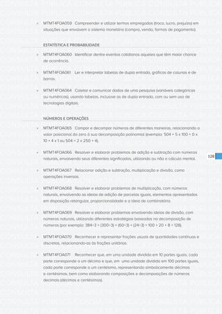 CONSULTA PÚBLICA CONSULTA PÚBLICA CONSULTA PÚBLICA
CONSULTA PÚBLICA CONSULTA PÚBLICA CONSULTA PÚBLICA
CONSULTA PÚBLICA CONSULTA PÚBLICA CONSULTA PÚBLICA
CONSULTA PÚBLICA CONSULTA PÚBLICA CONSULTA PÚBLICA
CONSULTA PÚBLICA CONSULTA PÚBLICA CONSULTA PÚBLICA
CONSULTA PÚBLICA CONSULTA PÚBLICA CONSULTA PÚBLICA
CONSULTA PÚBLICA CONSULTA PÚBLICA CONSULTA PÚBLICA
CONSULTA PÚBLICA CONSULTA PÚBLICA CONSULTA PÚBLICA
CONSULTA PÚBLICA CONSULTA PÚBLICA CONSULTA PÚBLICA
CONSULTA PÚBLICA CONSULTA PÚBLICA CONSULTA PÚBLICA
CONSULTA PÚBLICA CONSULTA PÚBLICA CONSULTA PÚBLICA
CONSULTA PÚBLICA CONSULTA PÚBLICA CONSULTA PÚBLICA
CONSULTA PÚBLICA CONSULTA PÚBLICA CONSULTA PÚBLICA
CONSULTA PÚBLICA CONSULTA PÚBLICA CONSULTA PÚBLICA
CONSULTA PÚBLICA CONSULTA PÚBLICA CONSULTA PÚBLICA
CONSULTA PÚBLICA CONSULTA PÚBLICA CONSULTA PÚBLICA
CONSULTA PÚBLICA CONSULTA PÚBLICA CONSULTA PÚBLICA
CONSULTA PÚBLICA CONSULTA PÚBLICA CONSULTA PÚBLICA
CONSULTA PÚBLICA CONSULTA PÚBLICA CONSULTA PÚBLICA
CONSULTA PÚBLICA CONSULTA PÚBLICA CONSULTA PÚBLICA
CONSULTA PÚBLICA CONSULTA PÚBLICA CONSULTA PÚBLICA
CONSULTA PÚBLICA CONSULTA PÚBLICA CONSULTA PÚBLICA
CONSULTA PÚBLICA CONSULTA PÚBLICA CONSULTA PÚBLICA
CONSULTA PÚBLICA CONSULTA PÚBLICA CONSULTA PÚBLICA
CONSULTA PÚBLICA CONSULTA PÚBLICA CONSULTA PÚBLICA
CONSULTA PÚBLICA CONSULTA PÚBLICA CONSULTA PÚBLICA
CONSULTA PÚBLICA CONSULTA PÚBLICA CONSULTA PÚBLICA
CONSULTA PÚBLICA CONSULTA PÚBLICA CONSULTA PÚBLICA
CONSULTA PÚBLICA CONSULTA PÚBLICA CONSULTA PÚBLICA
CONSULTA PÚBLICA CONSULTA PÚBLICA CONSULTA PÚBLICA
CONSULTA PÚBLICA CONSULTA PÚBLICA CONSULTA PÚBLICA
CONSULTA PÚBLICA CONSULTA PÚBLICA CONSULTA PÚBLICA
CONSULTA PÚBLICA CONSULTA PÚBLICA CONSULTA PÚBLICA
CONSULTA PÚBLICA CONSULTA PÚBLICA CONSULTA PÚBLICA
128
»» MTMT4FOA059	 Compreender e utilizar termos empregados (troco, lucro, prejuízo) em
situações que envolvem o sistema monetário (compra, venda, formas de pagamento).
ESTATÍSTICA E PROBABILIDADE
»» MTMT4FOA060	 Identificar dentre eventos cotidianos aqueles que têm maior chance
de ocorrência.
»» MTMT4FOA061	 Ler e interpretar tabelas de dupla entrada, gráficos de colunas e de
barras.
»» MTMT4FOA064	 Coletar e comunicar dados de uma pesquisa (variáveis categóricas
ou numéricas), usando tabelas, inclusive as de dupla entrada, com ou sem uso de
tecnologias digitais.
NÚMEROS E OPERAÇÕES
»» MTMT4FOA065	 Compor e decompor números de diferentes maneiras, relacionando o
valor posicional do zero à sua decomposição polinomial (exemplo: 504 = 5 x 100 + 0 x
10 + 4 x 1 ou 504 = 2 x 250 + 4).
»» MTMT4FOA066	 Resolver e elaborar problemas de adição e subtração com números
naturais, envolvendo seus diferentes significados, utilizando ou não o cálculo mental.
»» MTMT4FOA067	 Relacionar adição e subtração, multiplicação e divisão, como
operações inversas.
»» MTMT4FOA068	 Resolver e elaborar problemas de multiplicação, com números
naturais, envolvendo as ideias de adição de parcelas iguais, elementos apresentados
em disposição retangular, proporcionalidade e a ideia de combinatória.
»» MTMT4FOA069	 Resolver e elaborar problemas envolvendo ideias de divisão, com
números naturais, utilizando diferentes estratégias baseadas na decomposição de
números (por exemplo: 384÷3 = (300÷3) + (60÷3) + (24÷3) = 100 + 20 + 8 = 128).
»» MTMT4FOA070	 Reconhecer e representar frações usuais de quantidades contínuas e
discretas, relacionando-as às frações unitárias.
»» MTMT4FOA071	 Reconhecer que, em uma unidade dividida em 10 partes iguais, cada
parte corresponde a um décimo e que, em uma unidade dividida em 100 partes iguais,
cada parte corresponde a um centésimo, representando simbolicamente décimos
e centésimos, bem como elaborando composições e decomposições de números
decimais (décimos e centésimos).
 