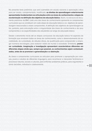 CONSULTA PÚBLICA CONSULTA PÚBLICA CONSULTA PÚBLICA
CONSULTA PÚBLICA CONSULTA PÚBLICA CONSULTA PÚBLICA
CONSULTA PÚBLICA CONSULTA PÚBLICA CONSULTA PÚBLICA
CONSULTA PÚBLICA CONSULTA PÚBLICA CONSULTA PÚBLICA
CONSULTA PÚBLICA CONSULTA PÚBLICA CONSULTA PÚBLICA
CONSULTA PÚBLICA CONSULTA PÚBLICA CONSULTA PÚBLICA
CONSULTA PÚBLICA CONSULTA PÚBLICA CONSULTA PÚBLICA
CONSULTA PÚBLICA CONSULTA PÚBLICA CONSULTA PÚBLICA
CONSULTA PÚBLICA CONSULTA PÚBLICA CONSULTA PÚBLICA
CONSULTA PÚBLICA CONSULTA PÚBLICA CONSULTA PÚBLICA
CONSULTA PÚBLICA CONSULTA PÚBLICA CONSULTA PÚBLICA
CONSULTA PÚBLICA CONSULTA PÚBLICA CONSULTA PÚBLICA
CONSULTA PÚBLICA CONSULTA PÚBLICA CONSULTA PÚBLICA
CONSULTA PÚBLICA CONSULTA PÚBLICA CONSULTA PÚBLICA
CONSULTA PÚBLICA CONSULTA PÚBLICA CONSULTA PÚBLICA
CONSULTA PÚBLICA CONSULTA PÚBLICA CONSULTA PÚBLICA
CONSULTA PÚBLICA CONSULTA PÚBLICA CONSULTA PÚBLICA
CONSULTA PÚBLICA CONSULTA PÚBLICA CONSULTA PÚBLICA
CONSULTA PÚBLICA CONSULTA PÚBLICA CONSULTA PÚBLICA
CONSULTA PÚBLICA CONSULTA PÚBLICA CONSULTA PÚBLICA
CONSULTA PÚBLICA CONSULTA PÚBLICA CONSULTA PÚBLICA
CONSULTA PÚBLICA CONSULTA PÚBLICA CONSULTA PÚBLICA
CONSULTA PÚBLICA CONSULTA PÚBLICA CONSULTA PÚBLICA
CONSULTA PÚBLICA CONSULTA PÚBLICA CONSULTA PÚBLICA
CONSULTA PÚBLICA CONSULTA PÚBLICA CONSULTA PÚBLICA
CONSULTA PÚBLICA CONSULTA PÚBLICA CONSULTA PÚBLICA
CONSULTA PÚBLICA CONSULTA PÚBLICA CONSULTA PÚBLICA
CONSULTA PÚBLICA CONSULTA PÚBLICA CONSULTA PÚBLICA
CONSULTA PÚBLICA CONSULTA PÚBLICA CONSULTA PÚBLICA
CONSULTA PÚBLICA CONSULTA PÚBLICA CONSULTA PÚBLICA
CONSULTA PÚBLICA CONSULTA PÚBLICA CONSULTA PÚBLICA
CONSULTA PÚBLICA CONSULTA PÚBLICA CONSULTA PÚBLICA
CONSULTA PÚBLICA CONSULTA PÚBLICA CONSULTA PÚBLICA
CONSULTA PÚBLICA CONSULTA PÚBLICA CONSULTA PÚBLICA
10
No presente texto preliminar, que será submetido em escala nacional à apreciação crítica
para ser revisto, complementado, modificado, os direitos de aprendizagem anteriormente
apresentados fundamentam as articulações entre as áreas do conhecimento e etapas de
escolarização na definição dos objetivos da educação básica. Assim, na estrutura do docu-
mento preliminar da BNC cada uma das áreas de conhecimento apresenta os componentes
curriculares que as constituem em cada etapa da educação básica e os objetivos de apren-
dizagem relacionados a esses componentes. A definição dos objetivos de aprendizagem se
faz, portanto, pela articulação entre a singularidade das áreas do conhecimento e de seus
componentes e as especificidades dos estudantes ao longo da educação básica.
Desde o letramento inicial até as etapas conclusivas da educação básica há aspectos da
formação que envolvem todas as áreas de conhecimento, como o desenvolvimento da so-
ciabilidade, da curiosidade, de atitudes éticas, de qualificação para compreender e empre-
gar inúmeras tecnologias, para elaborar visões de mundo e sociedade. Entretanto, promo-
ver curiosidade, imaginação e investigação apresentará características diferentes em
diferentes etapas ainda que, sempre que possível, os conhecimentos sejam contextuali-
zados, antes de se promover a generalização e a abstração.
As áreas e componentes curriculares se articulam para promover a apropriação por crian-
ças, jovens e adultos de diferentes linguagens, para reconhecer e interpretar fenômenos e
processos naturais, sociais e culturais, para enfrentar problemas práticos, para argumentar e
tomar decisões, individual e coletivamente.
 