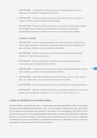 CONSULTA PÚBLICA CONSULTA PÚBLICA CONSULTA PÚBLICA
CONSULTA PÚBLICA CONSULTA PÚBLICA CONSULTA PÚBLICA
CONSULTA PÚBLICA CONSULTA PÚBLICA CONSULTA PÚBLICA
CONSULTA PÚBLICA CONSULTA PÚBLICA CONSULTA PÚBLICA
CONSULTA PÚBLICA CONSULTA PÚBLICA CONSULTA PÚBLICA
CONSULTA PÚBLICA CONSULTA PÚBLICA CONSULTA PÚBLICA
CONSULTA PÚBLICA CONSULTA PÚBLICA CONSULTA PÚBLICA
CONSULTA PÚBLICA CONSULTA PÚBLICA CONSULTA PÚBLICA
CONSULTA PÚBLICA CONSULTA PÚBLICA CONSULTA PÚBLICA
CONSULTA PÚBLICA CONSULTA PÚBLICA CONSULTA PÚBLICA
CONSULTA PÚBLICA CONSULTA PÚBLICA CONSULTA PÚBLICA
CONSULTA PÚBLICA CONSULTA PÚBLICA CONSULTA PÚBLICA
CONSULTA PÚBLICA CONSULTA PÚBLICA CONSULTA PÚBLICA
CONSULTA PÚBLICA CONSULTA PÚBLICA CONSULTA PÚBLICA
CONSULTA PÚBLICA CONSULTA PÚBLICA CONSULTA PÚBLICA
CONSULTA PÚBLICA CONSULTA PÚBLICA CONSULTA PÚBLICA
CONSULTA PÚBLICA CONSULTA PÚBLICA CONSULTA PÚBLICA
CONSULTA PÚBLICA CONSULTA PÚBLICA CONSULTA PÚBLICA
CONSULTA PÚBLICA CONSULTA PÚBLICA CONSULTA PÚBLICA
CONSULTA PÚBLICA CONSULTA PÚBLICA CONSULTA PÚBLICA
CONSULTA PÚBLICA CONSULTA PÚBLICA CONSULTA PÚBLICA
CONSULTA PÚBLICA CONSULTA PÚBLICA CONSULTA PÚBLICA
CONSULTA PÚBLICA CONSULTA PÚBLICA CONSULTA PÚBLICA
CONSULTA PÚBLICA CONSULTA PÚBLICA CONSULTA PÚBLICA
CONSULTA PÚBLICA CONSULTA PÚBLICA CONSULTA PÚBLICA
CONSULTA PÚBLICA CONSULTA PÚBLICA CONSULTA PÚBLICA
CONSULTA PÚBLICA CONSULTA PÚBLICA CONSULTA PÚBLICA
CONSULTA PÚBLICA CONSULTA PÚBLICA CONSULTA PÚBLICA
CONSULTA PÚBLICA CONSULTA PÚBLICA CONSULTA PÚBLICA
CONSULTA PÚBLICA CONSULTA PÚBLICA CONSULTA PÚBLICA
CONSULTA PÚBLICA CONSULTA PÚBLICA CONSULTA PÚBLICA
CONSULTA PÚBLICA CONSULTA PÚBLICA CONSULTA PÚBLICA
CONSULTA PÚBLICA CONSULTA PÚBLICA CONSULTA PÚBLICA
CONSULTA PÚBLICA CONSULTA PÚBLICA CONSULTA PÚBLICA
139
»» MTMT9FOA182	 Compreender e efetuar cálculos com números reais, inclusive
potências com expoentes negativos e fracionários.
»» MTMT9FOA183	 Resolver e elaborar problemas com números reais, inclusive em
notação científica, envolvendo diferentes operações.
»» MTMT9FOA184	 Resolver e elaborar problemas, envolvendo cálculo de porcentagem,
porcentagem de porcentagem, juros, descontos e acréscimos, relacionando
representação percentual e decimal, com e sem o uso de tecnologias digitais.
ÁLGEBRA E FUNÇÕES
»» MTMT9FOA185	 Associar uma equação linear de 1º grau com duas variáveis a uma
reta no plano cartesiano e relacionar a solução de sistemas de duas equações do 1º
grau com duas variáveis à sua representação geométrica.
»» MTMT9FOA186	 Resolver problemas que envolvam sistemas de duas equações
lineares do 1º grau com duas variáveis.
»» MTMT9FOA187	 Resolver problemas que envolvam relações entre grandezas,
inclusive de proporcionalidade direta e inversa.
»» MTMT9FOA188	 Compreender função como um tipo de relação de dependência entre
duas variáveis, que pode ser representada graficamente.
»» MTMT9FOA189	 Desenvolver produtos de binômios do tipo (x ± y)2
, (x + y).(x – y) e (x +
a).(x + b), descrevendo um processo para obtenção do resultado.
»» MTMT9FOA190.	 Fatorar expressões do 2º grau, recorrendo aos produtos de binômios.
»» MTMT9FOA191	 Resolver e elaborar problemas, envolvendo equações do 2º grau que
possam ser reduzidas por fatoração a: ax2
= c; (ax + b)2
= 0 e (x + a).(x + b) = 0.
A ÁREA DE MATEMÁTICA NO ENSINO MÉDIO
O Ensino Médio caracteriza-se como a última etapa da Educação Básica. Não é uma etapa
isolada e independente das anteriores, mas, sim, uma etapa complementar, que deve ofere-
cer condições ao estudante para ampliar e consolidar as aprendizagens do Ensino Funda-
mental e desenvolver novas capacidades de interpretar e refletir sobre diferentes contextos.
Para isso, no âmbito da escola, é necessário rever e redimensionar o currículo, de modo que
a matemática ao ser apresentada ao estudante evidencie sua relevância social e cultural e
seu papel no desenvolvimento histórico da ciência.
 