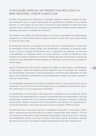 CONSULTA PÚBLICA CONSULTA PÚBLICA CONSULTA PÚBLICA
CONSULTA PÚBLICA CONSULTA PÚBLICA CONSULTA PÚBLICA
CONSULTA PÚBLICA CONSULTA PÚBLICA CONSULTA PÚBLICA
CONSULTA PÚBLICA CONSULTA PÚBLICA CONSULTA PÚBLICA
CONSULTA PÚBLICA CONSULTA PÚBLICA CONSULTA PÚBLICA
CONSULTA PÚBLICA CONSULTA PÚBLICA CONSULTA PÚBLICA
CONSULTA PÚBLICA CONSULTA PÚBLICA CONSULTA PÚBLICA
CONSULTA PÚBLICA CONSULTA PÚBLICA CONSULTA PÚBLICA
CONSULTA PÚBLICA CONSULTA PÚBLICA CONSULTA PÚBLICA
CONSULTA PÚBLICA CONSULTA PÚBLICA CONSULTA PÚBLICA
CONSULTA PÚBLICA CONSULTA PÚBLICA CONSULTA PÚBLICA
CONSULTA PÚBLICA CONSULTA PÚBLICA CONSULTA PÚBLICA
CONSULTA PÚBLICA CONSULTA PÚBLICA CONSULTA PÚBLICA
CONSULTA PÚBLICA CONSULTA PÚBLICA CONSULTA PÚBLICA
CONSULTA PÚBLICA CONSULTA PÚBLICA CONSULTA PÚBLICA
CONSULTA PÚBLICA CONSULTA PÚBLICA CONSULTA PÚBLICA
CONSULTA PÚBLICA CONSULTA PÚBLICA CONSULTA PÚBLICA
CONSULTA PÚBLICA CONSULTA PÚBLICA CONSULTA PÚBLICA
CONSULTA PÚBLICA CONSULTA PÚBLICA CONSULTA PÚBLICA
CONSULTA PÚBLICA CONSULTA PÚBLICA CONSULTA PÚBLICA
CONSULTA PÚBLICA CONSULTA PÚBLICA CONSULTA PÚBLICA
CONSULTA PÚBLICA CONSULTA PÚBLICA CONSULTA PÚBLICA
CONSULTA PÚBLICA CONSULTA PÚBLICA CONSULTA PÚBLICA
CONSULTA PÚBLICA CONSULTA PÚBLICA CONSULTA PÚBLICA
CONSULTA PÚBLICA CONSULTA PÚBLICA CONSULTA PÚBLICA
CONSULTA PÚBLICA CONSULTA PÚBLICA CONSULTA PÚBLICA
CONSULTA PÚBLICA CONSULTA PÚBLICA CONSULTA PÚBLICA
CONSULTA PÚBLICA CONSULTA PÚBLICA CONSULTA PÚBLICA
CONSULTA PÚBLICA CONSULTA PÚBLICA CONSULTA PÚBLICA
CONSULTA PÚBLICA CONSULTA PÚBLICA CONSULTA PÚBLICA
CONSULTA PÚBLICA CONSULTA PÚBLICA CONSULTA PÚBLICA
CONSULTA PÚBLICA CONSULTA PÚBLICA CONSULTA PÚBLICA
CONSULTA PÚBLICA CONSULTA PÚBLICA CONSULTA PÚBLICA
CONSULTA PÚBLICA CONSULTA PÚBLICA CONSULTA PÚBLICA
11
A EDUCAÇÃO ESPECIAL NA PERSPECTIVA INCLUSIVA E A
BASE NACIONAL COMUM CURRICULAR
O direito das pessoas com deficiência à educação efetiva-se mediante adoção de medi-
das necessárias para sua plena participação em igualdade de condições com as demais
pessoas, na comunidade em que vivem, promovendo oportunidades de desenvolvimento
pessoal, social e profissional, sem restringir sua participação em determinados ambientes e
atividades com base na condição de deficiência.
Para efetivar esse direito sem discriminação e com base na igualdade de oportunidades,
assegura-se um sistema educacional inclusivo em todos os níveis, bem como o aprendizado
ao longo de toda a vida.
Na perspectiva inclusiva, a concepção curricular contempla o reconhecimento e valorização
da diversidade humana. Neste sentido, são identificadas e eliminadas as barreiras, deslo-
cando o foco da condição de deficiência para a organização do ambiente. Ao promover
a acessibilidade, os estabelecimentos de ensino superam o modelo de deficiência como
sinônimo de invalidez, passando a investir em medidas de apoio necessárias à conquista da
autonomia e da independência pelas pessoas com deficiência, por meio do seu desenvolvi-
mento integral.
Assim, os sistemas de ensino devem assegurar em todos os níveis, etapas e modalidades,
a organização e oferta de medidas de apoio específicas para a promoção das condições
de acessibilidade, necessárias à plena participação e autonomia dos estudantes com defi-
ciência, em ambientes que maximizem seu desenvolvimento integral, com vistas a atender a
meta de inclusão plena.
A acessibilidade arquitetônica em todos os ambientes deve ser assegurada a fim de que os
estudantes e demais membros da comunidade escolar e sociedade em geral tenham garan-
tido o direito de ir e vir com segurança e autonomia.
A acessibilidade à comunicação e informação deve contemplar a comunicação oral, escrita
e sinalizada. Sua efetividade dá-se mediante a disponibilização de equipamentos e recursos
de tecnologia assistiva tais como materiais pedagógicos acessíveis, tradução e interpreta-
ção da Libras, software e hardware com funcionalidades que atendam tais requisitos de co-
municação alternativa, entre outros recursos e serviços, previstos no PPP da escola.
Considerando que a educação especial é modalidade transversal a cada etapa, modali-
dade e segmento da educação básica, de caráter complementar, deve integrar o currículo
como área de conhecimento responsável pela organização e oferta de serviços e recursos
de acessibilidade. Dentre os serviços inerentes à educação especial, destinados à garantia
do acesso ao currículo, vinculados à atuação de profissional específico, destacam-se:
 