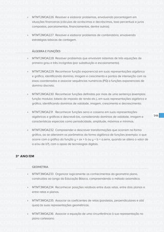 CONSULTA PÚBLICA CONSULTA PÚBLICA CONSULTA PÚBLICA
CONSULTA PÚBLICA CONSULTA PÚBLICA CONSULTA PÚBLICA
CONSULTA PÚBLICA CONSULTA PÚBLICA CONSULTA PÚBLICA
CONSULTA PÚBLICA CONSULTA PÚBLICA CONSULTA PÚBLICA
CONSULTA PÚBLICA CONSULTA PÚBLICA CONSULTA PÚBLICA
CONSULTA PÚBLICA CONSULTA PÚBLICA CONSULTA PÚBLICA
CONSULTA PÚBLICA CONSULTA PÚBLICA CONSULTA PÚBLICA
CONSULTA PÚBLICA CONSULTA PÚBLICA CONSULTA PÚBLICA
CONSULTA PÚBLICA CONSULTA PÚBLICA CONSULTA PÚBLICA
CONSULTA PÚBLICA CONSULTA PÚBLICA CONSULTA PÚBLICA
CONSULTA PÚBLICA CONSULTA PÚBLICA CONSULTA PÚBLICA
CONSULTA PÚBLICA CONSULTA PÚBLICA CONSULTA PÚBLICA
CONSULTA PÚBLICA CONSULTA PÚBLICA CONSULTA PÚBLICA
CONSULTA PÚBLICA CONSULTA PÚBLICA CONSULTA PÚBLICA
CONSULTA PÚBLICA CONSULTA PÚBLICA CONSULTA PÚBLICA
CONSULTA PÚBLICA CONSULTA PÚBLICA CONSULTA PÚBLICA
CONSULTA PÚBLICA CONSULTA PÚBLICA CONSULTA PÚBLICA
CONSULTA PÚBLICA CONSULTA PÚBLICA CONSULTA PÚBLICA
CONSULTA PÚBLICA CONSULTA PÚBLICA CONSULTA PÚBLICA
CONSULTA PÚBLICA CONSULTA PÚBLICA CONSULTA PÚBLICA
CONSULTA PÚBLICA CONSULTA PÚBLICA CONSULTA PÚBLICA
CONSULTA PÚBLICA CONSULTA PÚBLICA CONSULTA PÚBLICA
CONSULTA PÚBLICA CONSULTA PÚBLICA CONSULTA PÚBLICA
CONSULTA PÚBLICA CONSULTA PÚBLICA CONSULTA PÚBLICA
CONSULTA PÚBLICA CONSULTA PÚBLICA CONSULTA PÚBLICA
CONSULTA PÚBLICA CONSULTA PÚBLICA CONSULTA PÚBLICA
CONSULTA PÚBLICA CONSULTA PÚBLICA CONSULTA PÚBLICA
CONSULTA PÚBLICA CONSULTA PÚBLICA CONSULTA PÚBLICA
CONSULTA PÚBLICA CONSULTA PÚBLICA CONSULTA PÚBLICA
CONSULTA PÚBLICA CONSULTA PÚBLICA CONSULTA PÚBLICA
CONSULTA PÚBLICA CONSULTA PÚBLICA CONSULTA PÚBLICA
CONSULTA PÚBLICA CONSULTA PÚBLICA CONSULTA PÚBLICA
CONSULTA PÚBLICA CONSULTA PÚBLICA CONSULTA PÚBLICA
CONSULTA PÚBLICA CONSULTA PÚBLICA CONSULTA PÚBLICA
146
»» MTMT2MOA226	 Resolver e elaborar problemas, envolvendo porcentagem em
situações financeiras (cálculos de acréscimos e decréscimos, taxa percentual e juros
compostos, parcelamentos, financiamentos, dentre outros).
»» MTMT2MOA227	 Resolver e elaborar problemas de combinatória, envolvendo
estratégias básicas de contagem.
ÁLGEBRA E FUNÇÕES
»» MTMT2MOA228	 Resolver problemas que envolvam sistemas de três equações de
primeiro grau e três incógnitas (por substituição e escalonamento).
»» MTMT2MOA229	 Reconhecer função exponencial em suas representações algébrica
e gráfica, identificando domínio, imagem e crescimento e pontos de interseção com os
eixos coordenados e associar sequências numéricas (PG) a funções exponenciais de
domínio discreto.
»» MTMT2MOA230	 Reconhecer funções definidas por mais de uma sentença (exemplos:
função modular, tabela de imposto de renda etc.), em suas representações algébrica e
gráfica, identificando domínios de validade, imagem, crescimento e decrescimento.
»» MTMT2MOA231	 Reconhecer funções seno e cosseno em suas representações
algébricas e gráficas e descrevê-las, considerando domínios de validade, imagem e
características especiais como periodicidade, amplitude, máximos e mínimos.
»» MTMT2MOA232	 Compreender e descrever transformações que ocorrem na forma
gráfica, ao se alterarem os parâmetros da forma algébrica de funções (exemplo: o que
ocorre com o gráfico da função y = ax + b ou y = b + a.senx, quando se altera o valor de
a e/ou de b?), com o apoio de tecnologias digitais.
3º ANO/EM
GEOMETRIA
»» MTMT3MOA233	 Organizar logicamente os conhecimentos da geometria plana,
construídos ao longo da Educação Básica, compreendendo o método axiomático.
»» MTMT3MOA234	 Reconhecer posições relativas entre duas retas, entre dois planos e
entre retas e planos.
»» MTMT3MOA235	 Associar os coeficientes de retas (paralelas, perpendiculares e oblí	
quas) às suas representações geométricas.
»» MTMT3MOA236	 Associar a equação de uma circunferência à sua representação no
plano cartesiano.
 