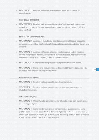 CONSULTA PÚBLICA CONSULTA PÚBLICA CONSULTA PÚBLICA
CONSULTA PÚBLICA CONSULTA PÚBLICA CONSULTA PÚBLICA
CONSULTA PÚBLICA CONSULTA PÚBLICA CONSULTA PÚBLICA
CONSULTA PÚBLICA CONSULTA PÚBLICA CONSULTA PÚBLICA
CONSULTA PÚBLICA CONSULTA PÚBLICA CONSULTA PÚBLICA
CONSULTA PÚBLICA CONSULTA PÚBLICA CONSULTA PÚBLICA
CONSULTA PÚBLICA CONSULTA PÚBLICA CONSULTA PÚBLICA
CONSULTA PÚBLICA CONSULTA PÚBLICA CONSULTA PÚBLICA
CONSULTA PÚBLICA CONSULTA PÚBLICA CONSULTA PÚBLICA
CONSULTA PÚBLICA CONSULTA PÚBLICA CONSULTA PÚBLICA
CONSULTA PÚBLICA CONSULTA PÚBLICA CONSULTA PÚBLICA
CONSULTA PÚBLICA CONSULTA PÚBLICA CONSULTA PÚBLICA
CONSULTA PÚBLICA CONSULTA PÚBLICA CONSULTA PÚBLICA
CONSULTA PÚBLICA CONSULTA PÚBLICA CONSULTA PÚBLICA
CONSULTA PÚBLICA CONSULTA PÚBLICA CONSULTA PÚBLICA
CONSULTA PÚBLICA CONSULTA PÚBLICA CONSULTA PÚBLICA
CONSULTA PÚBLICA CONSULTA PÚBLICA CONSULTA PÚBLICA
CONSULTA PÚBLICA CONSULTA PÚBLICA CONSULTA PÚBLICA
CONSULTA PÚBLICA CONSULTA PÚBLICA CONSULTA PÚBLICA
CONSULTA PÚBLICA CONSULTA PÚBLICA CONSULTA PÚBLICA
CONSULTA PÚBLICA CONSULTA PÚBLICA CONSULTA PÚBLICA
CONSULTA PÚBLICA CONSULTA PÚBLICA CONSULTA PÚBLICA
CONSULTA PÚBLICA CONSULTA PÚBLICA CONSULTA PÚBLICA
CONSULTA PÚBLICA CONSULTA PÚBLICA CONSULTA PÚBLICA
CONSULTA PÚBLICA CONSULTA PÚBLICA CONSULTA PÚBLICA
CONSULTA PÚBLICA CONSULTA PÚBLICA CONSULTA PÚBLICA
CONSULTA PÚBLICA CONSULTA PÚBLICA CONSULTA PÚBLICA
CONSULTA PÚBLICA CONSULTA PÚBLICA CONSULTA PÚBLICA
CONSULTA PÚBLICA CONSULTA PÚBLICA CONSULTA PÚBLICA
CONSULTA PÚBLICA CONSULTA PÚBLICA CONSULTA PÚBLICA
CONSULTA PÚBLICA CONSULTA PÚBLICA CONSULTA PÚBLICA
CONSULTA PÚBLICA CONSULTA PÚBLICA CONSULTA PÚBLICA
CONSULTA PÚBLICA CONSULTA PÚBLICA CONSULTA PÚBLICA
CONSULTA PÚBLICA CONSULTA PÚBLICA CONSULTA PÚBLICA
147
»» MTMT3MOA237	 Resolver problemas que envolvem equações da reta e da
circunferência.
GRANDEZAS E MEDIDAS
»» MTMT3MOA238	 Resolver e elaborar problemas de cálculo da medida de área da
superfície e do volume de figuras geométricas espaciais (cilindro, prisma, pirâmide,
cone e esfera).
ESTATÍSTICA E PROBABILIDADE
»» MTMT3MOA239	 Analisar os métodos de amostragem em relatórios de pesquisas
divulgadas pela mídia e as afirmativas feitas para toda a população basea das em uma
amostra.
»» MTMT3MOA240	 Analisar gráficos de relatórios estatísticos que podem induzir a
erro de interpretação do leitor, verificando as escalas utilizadas, a apresentação de
frequências relativas na comparação de populações distintas.
»» MTMT3MOA241	 Compreender o significado e a importância da curva normal.
»» MTMT3MOA242	 Interpretar e calcular medidas de posição (inclusive os quartis) e de
dispersão para analisar um conjunto de dados.
NÚMEROS E OPERAÇÕES
»» MTMT3MOA243	 Resolver e elaborar problemas de combinatória.
»» MTMT3MOA244	 Resolver e elaborar problemas envolvendo porcentagem em
situações financeiras.
ÁLGEBRA E FUNÇÕES
»» MTMT3MOA245	 Utilizar funções para representar situações reais, com ou sem o uso
de tecnologias digitais.
»» MTMT3MOA246	 Compreender e descrever transformações que ocorrem na forma
gráfica, ao se alterarem os parâmetros da forma algébrica de funções (exemplo: o que
ocorre com o gráfico da função y = ax + b ou y = b + a.senx quando se altera o valor de
a e/ou de b?), com o apoio de tecnologias digitais.
 