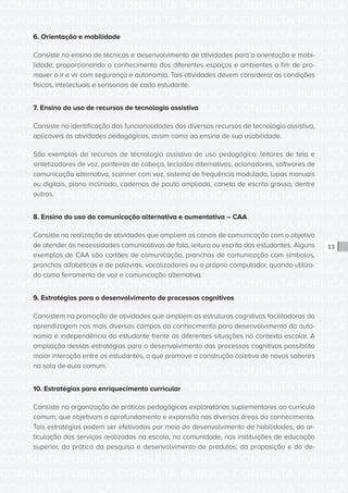 CONSULTA PÚBLICA CONSULTA PÚBLICA CONSULTA PÚBLICA
CONSULTA PÚBLICA CONSULTA PÚBLICA CONSULTA PÚBLICA
CONSULTA PÚBLICA CONSULTA PÚBLICA CONSULTA PÚBLICA
CONSULTA PÚBLICA CONSULTA PÚBLICA CONSULTA PÚBLICA
CONSULTA PÚBLICA CONSULTA PÚBLICA CONSULTA PÚBLICA
CONSULTA PÚBLICA CONSULTA PÚBLICA CONSULTA PÚBLICA
CONSULTA PÚBLICA CONSULTA PÚBLICA CONSULTA PÚBLICA
CONSULTA PÚBLICA CONSULTA PÚBLICA CONSULTA PÚBLICA
CONSULTA PÚBLICA CONSULTA PÚBLICA CONSULTA PÚBLICA
CONSULTA PÚBLICA CONSULTA PÚBLICA CONSULTA PÚBLICA
CONSULTA PÚBLICA CONSULTA PÚBLICA CONSULTA PÚBLICA
CONSULTA PÚBLICA CONSULTA PÚBLICA CONSULTA PÚBLICA
CONSULTA PÚBLICA CONSULTA PÚBLICA CONSULTA PÚBLICA
CONSULTA PÚBLICA CONSULTA PÚBLICA CONSULTA PÚBLICA
CONSULTA PÚBLICA CONSULTA PÚBLICA CONSULTA PÚBLICA
CONSULTA PÚBLICA CONSULTA PÚBLICA CONSULTA PÚBLICA
CONSULTA PÚBLICA CONSULTA PÚBLICA CONSULTA PÚBLICA
CONSULTA PÚBLICA CONSULTA PÚBLICA CONSULTA PÚBLICA
CONSULTA PÚBLICA CONSULTA PÚBLICA CONSULTA PÚBLICA
CONSULTA PÚBLICA CONSULTA PÚBLICA CONSULTA PÚBLICA
CONSULTA PÚBLICA CONSULTA PÚBLICA CONSULTA PÚBLICA
CONSULTA PÚBLICA CONSULTA PÚBLICA CONSULTA PÚBLICA
CONSULTA PÚBLICA CONSULTA PÚBLICA CONSULTA PÚBLICA
CONSULTA PÚBLICA CONSULTA PÚBLICA CONSULTA PÚBLICA
CONSULTA PÚBLICA CONSULTA PÚBLICA CONSULTA PÚBLICA
CONSULTA PÚBLICA CONSULTA PÚBLICA CONSULTA PÚBLICA
CONSULTA PÚBLICA CONSULTA PÚBLICA CONSULTA PÚBLICA
CONSULTA PÚBLICA CONSULTA PÚBLICA CONSULTA PÚBLICA
CONSULTA PÚBLICA CONSULTA PÚBLICA CONSULTA PÚBLICA
CONSULTA PÚBLICA CONSULTA PÚBLICA CONSULTA PÚBLICA
CONSULTA PÚBLICA CONSULTA PÚBLICA CONSULTA PÚBLICA
CONSULTA PÚBLICA CONSULTA PÚBLICA CONSULTA PÚBLICA
CONSULTA PÚBLICA CONSULTA PÚBLICA CONSULTA PÚBLICA
CONSULTA PÚBLICA CONSULTA PÚBLICA CONSULTA PÚBLICA
13
6. Orientação e mobilidade
Consiste no ensino de técnicas e desenvolvimento de atividades para a orientação e mobi-
lidade, proporcionando o conhecimento dos diferentes espaços e ambientes a fim de pro-
mover o ir e vir com segurança e autonomia. Tais atividades devem considerar as condições
físicas, intelectuais e sensoriais de cada estudante.
7. Ensino do uso de recursos de tecnologia assistiva
Consiste na identificação das funcionalidades dos diversos recursos de tecnologia assistiva,
aplicáveis às atividades pedagógicas, assim como ao ensino de sua usabilidade.
São exemplos de recursos de tecnologia assistiva de uso pedagógico: leitores de tela e
sintetizadores de voz, ponteiras de cabeça, teclados alternativos, acionadores, softwares de
comunicação alternativa, scanner com voz, sistema de frequência modulada, lupas manuais
ou digitais, plano inclinado, cadernos de pauta ampliada, caneta de escrita grossa, dentre
outros.
8. Ensino do uso da comunicação alternativa e aumentativa – CAA
Consiste na realização de atividades que ampliem os canais de comunicação com o objetivo
de atender às necessidades comunicativas de fala, leitura ou escrita dos estudantes. Alguns
exemplos de CAA são cartões de comunicação, pranchas de comunicação com símbolos,
pranchas alfabéticas e de palavras, vocalizadores ou o próprio computador, quando utiliza-
do como ferramenta de voz e comunicação alternativa.
9. Estratégias para o desenvolvimento de processos cognitivos
Consistem na promoção de atividades que ampliem as estruturas cognitivas facilitadoras da
aprendizagem nos mais diversos campos do conhecimento para desenvolvimento da auto-
nomia e independência do estudante frente às diferentes situações no contexto escolar. A
ampliação dessas estratégias para o desenvolvimento dos processos cognitivos possibilita
maior interação entre os estudantes, o que promove a construção coletiva de novos saberes
na sala de aula comum.
10. Estratégias para enriquecimento curricular
Consiste na organização de práticas pedagógicas exploratórias suplementares ao currículo
comum, que objetivam o aprofundamento e expansão nas diversas áreas do conhecimento.
Tais estratégias podem ser efetivadas por meio do desenvolvimento de habilidades, da ar-
ticulação dos serviços realizados na escola, na comunidade, nas instituições de educação
superior, da prática da pesquisa e desenvolvimento de produtos; da proposição e do de-
 