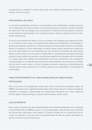 CONSULTA PÚBLICA CONSULTA PÚBLICA CONSULTA PÚBLICA
CONSULTA PÚBLICA CONSULTA PÚBLICA CONSULTA PÚBLICA
CONSULTA PÚBLICA CONSULTA PÚBLICA CONSULTA PÚBLICA
CONSULTA PÚBLICA CONSULTA PÚBLICA CONSULTA PÚBLICA
CONSULTA PÚBLICA CONSULTA PÚBLICA CONSULTA PÚBLICA
CONSULTA PÚBLICA CONSULTA PÚBLICA CONSULTA PÚBLICA
CONSULTA PÚBLICA CONSULTA PÚBLICA CONSULTA PÚBLICA
CONSULTA PÚBLICA CONSULTA PÚBLICA CONSULTA PÚBLICA
CONSULTA PÚBLICA CONSULTA PÚBLICA CONSULTA PÚBLICA
CONSULTA PÚBLICA CONSULTA PÚBLICA CONSULTA PÚBLICA
CONSULTA PÚBLICA CONSULTA PÚBLICA CONSULTA PÚBLICA
CONSULTA PÚBLICA CONSULTA PÚBLICA CONSULTA PÚBLICA
CONSULTA PÚBLICA CONSULTA PÚBLICA CONSULTA PÚBLICA
CONSULTA PÚBLICA CONSULTA PÚBLICA CONSULTA PÚBLICA
CONSULTA PÚBLICA CONSULTA PÚBLICA CONSULTA PÚBLICA
CONSULTA PÚBLICA CONSULTA PÚBLICA CONSULTA PÚBLICA
CONSULTA PÚBLICA CONSULTA PÚBLICA CONSULTA PÚBLICA
CONSULTA PÚBLICA CONSULTA PÚBLICA CONSULTA PÚBLICA
CONSULTA PÚBLICA CONSULTA PÚBLICA CONSULTA PÚBLICA
CONSULTA PÚBLICA CONSULTA PÚBLICA CONSULTA PÚBLICA
CONSULTA PÚBLICA CONSULTA PÚBLICA CONSULTA PÚBLICA
CONSULTA PÚBLICA CONSULTA PÚBLICA CONSULTA PÚBLICA
CONSULTA PÚBLICA CONSULTA PÚBLICA CONSULTA PÚBLICA
CONSULTA PÚBLICA CONSULTA PÚBLICA CONSULTA PÚBLICA
CONSULTA PÚBLICA CONSULTA PÚBLICA CONSULTA PÚBLICA
CONSULTA PÚBLICA CONSULTA PÚBLICA CONSULTA PÚBLICA
CONSULTA PÚBLICA CONSULTA PÚBLICA CONSULTA PÚBLICA
CONSULTA PÚBLICA CONSULTA PÚBLICA CONSULTA PÚBLICA
CONSULTA PÚBLICA CONSULTA PÚBLICA CONSULTA PÚBLICA
CONSULTA PÚBLICA CONSULTA PÚBLICA CONSULTA PÚBLICA
CONSULTA PÚBLICA CONSULTA PÚBLICA CONSULTA PÚBLICA
CONSULTA PÚBLICA CONSULTA PÚBLICA CONSULTA PÚBLICA
CONSULTA PÚBLICA CONSULTA PÚBLICA CONSULTA PÚBLICA
CONSULTA PÚBLICA CONSULTA PÚBLICA CONSULTA PÚBLICA
14
senvolvimento de projetos no âmbito da escola, com temáticas diversificadas, como artes,
esporte, ciências e outras.
PROFISSIONAL DE APOIO
O conceito de adaptação razoável é compreendido como modificações e ajustes necessá-
rios e adequados que não acarretem ônus desproporcional ou indevido, quando requeridos
em cada caso, a fim de assegurar que as pessoas com deficiência possam gozar ou exercer,
em igualdade de oportunidades com as demais pessoas, todos os direitos humanos e liber-
dades fundamentais.
O serviço do profissional de apoio, como uma medida a ser adotada pelos sistemas de ensi-
no no contexto escolar, deve ser disponibilizado sempre que identificada a necessidade in-
dividual do estudante, visando aos cuidados pessoais de alimentação, higiene e locomoção.
Dentre os aspectos a serem observados na oferta desse serviço educacional, destaca-se
que esse apoio destina-se aos estudantes que não realizam as atividades de alimentação,
higiene ou locomoção com autonomia e independência, possibilitando seu desenvolvimento
pessoal e social; justifica-se quando a necessidade específica do estudante não for atendida
no contexto geral dos cuidados disponibilizados aos demais estudantes; não é substitutivo
à escolarização ou ao atendimento educacional especializado, mas articula-se às ativida-
des da sala de aula comum e demais atividades escolares, devendo ser periodicamente
avaliado pela escola, juntamente com a família, quanto à sua efetividade e necessidade de
continuidade.
TRADUTOR/INTÉRPRETE DA LÍNGUA BRASILEIRA DE SINAIS/LÍNGUA
PORTUGUESA
Esse serviço deve ser assegurado sempre que houver matrícula de estudante usuário da
LIBRAS, de acordo com a regulamentação própria. Este serviço alia-se a meios tecnológicos,
utilizados na tradução e interpretação da Libras/Língua Portuguesa, tais como, textos em
formato digital acessível bilíngue, avatares tridimensionais, dentre outros.
GUIA INTÉRPRETE
Esse serviço caracteriza-se pela disponibilização de profissional habilitado para a tradução
e interpretação tátil da LIBRAS ou para o uso da dactilologia, como também para mediação
de comunicação alternativa, como tadoma. O tadoma consiste em um sistema de comuni-
cação, que reproduz a fala por meio do posicionamento da mão do usuário do tadoma no
queixo e nas faces do seu interlocutor.
 