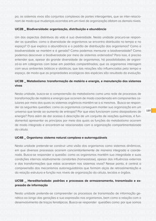 CONSULTA PÚBLICA CONSULTA PÚBLICA CONSULTA PÚBLICA
CONSULTA PÚBLICA CONSULTA PÚBLICA CONSULTA PÚBLICA
CONSULTA PÚBLICA CONSULTA PÚBLICA CONSULTA PÚBLICA
CONSULTA PÚBLICA CONSULTA PÚBLICA CONSULTA PÚBLICA
CONSULTA PÚBLICA CONSULTA PÚBLICA CONSULTA PÚBLICA
CONSULTA PÚBLICA CONSULTA PÚBLICA CONSULTA PÚBLICA
CONSULTA PÚBLICA CONSULTA PÚBLICA CONSULTA PÚBLICA
CONSULTA PÚBLICA CONSULTA PÚBLICA CONSULTA PÚBLICA
CONSULTA PÚBLICA CONSULTA PÚBLICA CONSULTA PÚBLICA
CONSULTA PÚBLICA CONSULTA PÚBLICA CONSULTA PÚBLICA
CONSULTA PÚBLICA CONSULTA PÚBLICA CONSULTA PÚBLICA
CONSULTA PÚBLICA CONSULTA PÚBLICA CONSULTA PÚBLICA
CONSULTA PÚBLICA CONSULTA PÚBLICA CONSULTA PÚBLICA
CONSULTA PÚBLICA CONSULTA PÚBLICA CONSULTA PÚBLICA
CONSULTA PÚBLICA CONSULTA PÚBLICA CONSULTA PÚBLICA
CONSULTA PÚBLICA CONSULTA PÚBLICA CONSULTA PÚBLICA
CONSULTA PÚBLICA CONSULTA PÚBLICA CONSULTA PÚBLICA
CONSULTA PÚBLICA CONSULTA PÚBLICA CONSULTA PÚBLICA
CONSULTA PÚBLICA CONSULTA PÚBLICA CONSULTA PÚBLICA
CONSULTA PÚBLICA CONSULTA PÚBLICA CONSULTA PÚBLICA
CONSULTA PÚBLICA CONSULTA PÚBLICA CONSULTA PÚBLICA
CONSULTA PÚBLICA CONSULTA PÚBLICA CONSULTA PÚBLICA
CONSULTA PÚBLICA CONSULTA PÚBLICA CONSULTA PÚBLICA
CONSULTA PÚBLICA CONSULTA PÚBLICA CONSULTA PÚBLICA
CONSULTA PÚBLICA CONSULTA PÚBLICA CONSULTA PÚBLICA
CONSULTA PÚBLICA CONSULTA PÚBLICA CONSULTA PÚBLICA
CONSULTA PÚBLICA CONSULTA PÚBLICA CONSULTA PÚBLICA
CONSULTA PÚBLICA CONSULTA PÚBLICA CONSULTA PÚBLICA
CONSULTA PÚBLICA CONSULTA PÚBLICA CONSULTA PÚBLICA
CONSULTA PÚBLICA CONSULTA PÚBLICA CONSULTA PÚBLICA
CONSULTA PÚBLICA CONSULTA PÚBLICA CONSULTA PÚBLICA
CONSULTA PÚBLICA CONSULTA PÚBLICA CONSULTA PÚBLICA
CONSULTA PÚBLICA CONSULTA PÚBLICA CONSULTA PÚBLICA
CONSULTA PÚBLICA CONSULTA PÚBLICA CONSULTA PÚBLICA
189
po; os sistemas vivos são conjuntos complexos de partes interagentes, que se inter-relacio-
nam de modo que mudanças ocorridas em um nível de organização afetam os demais níveis.
UC2B _ Biodiversidade: organização, distribuição e abundância
Um dos aspectos distintivos da vida é sua diversidade. Nesta unidade procura-se respon-
der as questões: como a diversidade de organismos se encontra distribuída no tempo e no
espaço? O que explica a abundância e o padrão de distribuição dos organismos? Como a
biodiversidade se mantém e é gerada? Como podemos mensurar a biodiversidade? Como
podemos descrever a biodiversidade por meio de sistemas ordenados? Para isso, é preciso
entender que, apesar da grande diversidade de organismos, há possibilidades de organi-
zá-la em categorias com base em padrões compartilhados; que os organismos interagem
com seus ambientes bióticos e abióticos; que tais relações são influenciadas pelo tempo e
espaço, de modo que as propriedades ecológicas das espécies são resultado da evolução.
UC3B _ Metabolismo: transformação de matéria e energia, e manutenção dos sistemas
vivos
Nesta unidade, busca-se a compreensão do metabolismo como uma rede de processos de
transformação de matéria e energia que ocorrem de modo coordenado em componentes ce-
lulares por meio dos quais os sistemas orgânicos mantêm-se a si mesmos. Busca-se respon-
der as seguintes questões: como os organismos conseguem manter sua organização em um
universo que tende ao aumento de entropia? Por que eles funcionam como dissipadores de
energia? Para além de dar acesso à descrição de um conjunto de reações químicas, é fun-
damental apresentar os princípios por meio dos quais as funções do metabolismo ocorrem
de modo integrado e encontram-se relacionadas com a organização compartimentalizada
da célula.
UC4B _ Organismo: sistema natural complexo e autorreguláveis
Nesta unidade pretende-se construir uma visão dos organismos como sistemas dinâmicos,
em que diversos processos ocorrem concomitantemente de maneira integrada e coorde-
nada. Busca-se responder a questão: como os organismos mantêm sua integridade e suas
condições internas relativamente constantes (homeostase), apesar das influências externas
e das transformações que estas acarretam nos sistemas vivos? Nesse ponto, é central a
compreensão dos mecanismos autorregulatórios que formam alças de retroalimentação e
da relação estrutura e função nos níveis de organização da célula, tecidos e órgãos.
UC5B _ Hereditariedade: padrões e processos de armazenamento, transmissão e ex-
pressão de informação
Nesta unidade pretende-se compreender os processos de transmissão de informação ge-
nética ao longo das gerações e sua expressão nos organismos, bem como a relação com o
desenvolvimento de traços fenotípicos. Busca-se responder questões como: por que somos
 
