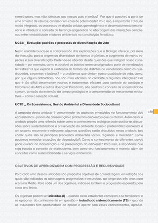CONSULTA PÚBLICA CONSULTA PÚBLICA CONSULTA PÚBLICA
CONSULTA PÚBLICA CONSULTA PÚBLICA CONSULTA PÚBLICA
CONSULTA PÚBLICA CONSULTA PÚBLICA CONSULTA PÚBLICA
CONSULTA PÚBLICA CONSULTA PÚBLICA CONSULTA PÚBLICA
CONSULTA PÚBLICA CONSULTA PÚBLICA CONSULTA PÚBLICA
CONSULTA PÚBLICA CONSULTA PÚBLICA CONSULTA PÚBLICA
CONSULTA PÚBLICA CONSULTA PÚBLICA CONSULTA PÚBLICA
CONSULTA PÚBLICA CONSULTA PÚBLICA CONSULTA PÚBLICA
CONSULTA PÚBLICA CONSULTA PÚBLICA CONSULTA PÚBLICA
CONSULTA PÚBLICA CONSULTA PÚBLICA CONSULTA PÚBLICA
CONSULTA PÚBLICA CONSULTA PÚBLICA CONSULTA PÚBLICA
CONSULTA PÚBLICA CONSULTA PÚBLICA CONSULTA PÚBLICA
CONSULTA PÚBLICA CONSULTA PÚBLICA CONSULTA PÚBLICA
CONSULTA PÚBLICA CONSULTA PÚBLICA CONSULTA PÚBLICA
CONSULTA PÚBLICA CONSULTA PÚBLICA CONSULTA PÚBLICA
CONSULTA PÚBLICA CONSULTA PÚBLICA CONSULTA PÚBLICA
CONSULTA PÚBLICA CONSULTA PÚBLICA CONSULTA PÚBLICA
CONSULTA PÚBLICA CONSULTA PÚBLICA CONSULTA PÚBLICA
CONSULTA PÚBLICA CONSULTA PÚBLICA CONSULTA PÚBLICA
CONSULTA PÚBLICA CONSULTA PÚBLICA CONSULTA PÚBLICA
CONSULTA PÚBLICA CONSULTA PÚBLICA CONSULTA PÚBLICA
CONSULTA PÚBLICA CONSULTA PÚBLICA CONSULTA PÚBLICA
CONSULTA PÚBLICA CONSULTA PÚBLICA CONSULTA PÚBLICA
CONSULTA PÚBLICA CONSULTA PÚBLICA CONSULTA PÚBLICA
CONSULTA PÚBLICA CONSULTA PÚBLICA CONSULTA PÚBLICA
CONSULTA PÚBLICA CONSULTA PÚBLICA CONSULTA PÚBLICA
CONSULTA PÚBLICA CONSULTA PÚBLICA CONSULTA PÚBLICA
CONSULTA PÚBLICA CONSULTA PÚBLICA CONSULTA PÚBLICA
CONSULTA PÚBLICA CONSULTA PÚBLICA CONSULTA PÚBLICA
CONSULTA PÚBLICA CONSULTA PÚBLICA CONSULTA PÚBLICA
CONSULTA PÚBLICA CONSULTA PÚBLICA CONSULTA PÚBLICA
CONSULTA PÚBLICA CONSULTA PÚBLICA CONSULTA PÚBLICA
CONSULTA PÚBLICA CONSULTA PÚBLICA CONSULTA PÚBLICA
CONSULTA PÚBLICA CONSULTA PÚBLICA CONSULTA PÚBLICA
190
semelhantes, mas não idênticos aos nossos pais e irmãos? Por que é possível, a partir de
uma amostra de células, confirmar um caso de paternidade? Para isso, é importante tratar, de
modo integrado, os processos de divisão celular, gametogênese e desenvolvimento embrio-
nário e introduzir o conceito de herança epigenética na abordagem das interações comple-
xas entre herdabilidade e fatores ambientais na constituição fenotípica.
UC6B _ Evolução: padrões e processos de diversificação da vida
Nesta unidade busca-se a compreensão das explicações que a Biologia oferece, por meio
da evolução, para a origem da diversidade de formas orgânicas, o surgimento de novas es-
pécies e sua diversificação. Pretende-se abordar desde questões que instigam nossa curio-
sidade – por exemplo, como é possível as baleias terem se originado a partir de vertebrados
terrestres? O que explica a existência de formas tão distintas de vertebrados como os qua-
drúpedes, serpentes e baleias? – a problemas que afetam nossa qualidade de vida, como:
por que alguns antibióticos não são mais eficazes no combate a algumas infecções?; Por
que é tão difícil desenvolver vacinas e tratamentos eficazes para controle do contágio e
tratamento da AIDS e outras doenças? Para tanto, são centrais o conceito de ancestralidade
comum, a noção da extensão do tempo geológico e a compreensão de mecanismos evolu-
tivos – como a seleção natural.
UC7B _ Os Ecossistemas, Gestão Ambiental e Diversidade Sociocultural
A proposta desta unidade é compreender os aspectos envolvidos no funcionamento dos
ecossistemas - planos de conservação e problemas ambientais que os afetam. Além disso, a
unidade propõe uma reflexão sobre como o conhecimento biológico pode auxiliar as discus-
sões sobre sustentabilidade e preservação do ambiente. Como a problemática ambiental é
um assunto recorrente e relevante, algumas questões serão discutidas nessa unidade, tais
como: quais são os principais problemas ambientais locais, regionais e mundiais?; Como
podemos remediar situações de degradação?; Como o conhecimento de diferentes povos
pode auxiliar na manutenção e na preservação do ambiente? Para isso, é importante que
seja tratado o conceito de ecossistema, bem como seu funcionamento e manejo, além de
conceitos como sustentabilidade e serviços ambientais.
OBJETIVOS DE APRENDIZAGEM COM PROGRESSÃO E RECURSIVIDADE
Para cada uma dessas unidades são propostos objetivos de aprendizagem, em relação aos
quais são indicadas as abordagens progressivas e recursivas, ao longo dos três anos para
o Ensino Médio. Para cada um dos objetivos, indica-se também a progressão esperada para
cada ano letivo.
Os objetivos podem ser iniciados (I) – quando os/as estudantes começam a se familiarizar e
se apropriar do conhecimento em questão – trabalhado sistematicamente (TS) – quando
os estudantes têm oportunidade de aplicar e operar com esses conhecimentos, aprofun-
 