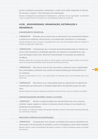 CONSULTA PÚBLICA CONSULTA PÚBLICA CONSULTA PÚBLICA
CONSULTA PÚBLICA CONSULTA PÚBLICA CONSULTA PÚBLICA
CONSULTA PÚBLICA CONSULTA PÚBLICA CONSULTA PÚBLICA
CONSULTA PÚBLICA CONSULTA PÚBLICA CONSULTA PÚBLICA
CONSULTA PÚBLICA CONSULTA PÚBLICA CONSULTA PÚBLICA
CONSULTA PÚBLICA CONSULTA PÚBLICA CONSULTA PÚBLICA
CONSULTA PÚBLICA CONSULTA PÚBLICA CONSULTA PÚBLICA
CONSULTA PÚBLICA CONSULTA PÚBLICA CONSULTA PÚBLICA
CONSULTA PÚBLICA CONSULTA PÚBLICA CONSULTA PÚBLICA
CONSULTA PÚBLICA CONSULTA PÚBLICA CONSULTA PÚBLICA
CONSULTA PÚBLICA CONSULTA PÚBLICA CONSULTA PÚBLICA
CONSULTA PÚBLICA CONSULTA PÚBLICA CONSULTA PÚBLICA
CONSULTA PÚBLICA CONSULTA PÚBLICA CONSULTA PÚBLICA
CONSULTA PÚBLICA CONSULTA PÚBLICA CONSULTA PÚBLICA
CONSULTA PÚBLICA CONSULTA PÚBLICA CONSULTA PÚBLICA
CONSULTA PÚBLICA CONSULTA PÚBLICA CONSULTA PÚBLICA
CONSULTA PÚBLICA CONSULTA PÚBLICA CONSULTA PÚBLICA
CONSULTA PÚBLICA CONSULTA PÚBLICA CONSULTA PÚBLICA
CONSULTA PÚBLICA CONSULTA PÚBLICA CONSULTA PÚBLICA
CONSULTA PÚBLICA CONSULTA PÚBLICA CONSULTA PÚBLICA
CONSULTA PÚBLICA CONSULTA PÚBLICA CONSULTA PÚBLICA
CONSULTA PÚBLICA CONSULTA PÚBLICA CONSULTA PÚBLICA
CONSULTA PÚBLICA CONSULTA PÚBLICA CONSULTA PÚBLICA
CONSULTA PÚBLICA CONSULTA PÚBLICA CONSULTA PÚBLICA
CONSULTA PÚBLICA CONSULTA PÚBLICA CONSULTA PÚBLICA
CONSULTA PÚBLICA CONSULTA PÚBLICA CONSULTA PÚBLICA
CONSULTA PÚBLICA CONSULTA PÚBLICA CONSULTA PÚBLICA
CONSULTA PÚBLICA CONSULTA PÚBLICA CONSULTA PÚBLICA
CONSULTA PÚBLICA CONSULTA PÚBLICA CONSULTA PÚBLICA
CONSULTA PÚBLICA CONSULTA PÚBLICA CONSULTA PÚBLICA
CONSULTA PÚBLICA CONSULTA PÚBLICA CONSULTA PÚBLICA
CONSULTA PÚBLICA CONSULTA PÚBLICA CONSULTA PÚBLICA
CONSULTA PÚBLICA CONSULTA PÚBLICA CONSULTA PÚBLICA
CONSULTA PÚBLICA CONSULTA PÚBLICA CONSULTA PÚBLICA
195
preciso considerar suas partes constituintes, o modo como estão integradas em termos
de estrutura, função e nível hierárquico de organização.
Exemplo: Investigação de propriedades de fosfolipídeos e proteínas e de sua organização na membrana
celular e estabelecimento de relação com a permeabilidade seletiva da membrana.
UC2B _ BIODIVERSIDADE: ORGANIZAÇÃO, DISTRIBUIÇÃO E
ABUNDÂNCIA
CONHECIMENTO CONCEITUAL
»» CNBI1MOA007	 Entender que os seres vivos se relacionam com componentes bióticos
e abióticos do ambiente, influenciando a sua distribuição, abundância e composição.
Exemplo: Estudos de casos nos quais a competição entre seres vivos e/ou predação podem ser utilizadas no
controle de pragas para a agricultura.
»» CNBI1MOA008	 Compreender que o conceito de biodiversidade pode ser tratado nos
vários níveis hierárquicos da Biologia (genético, de espécies e ecossistêmico) e que
essa abordagem pode trazer diferentes interpretações na resolução de problemas
científicos.
Exemplo: Análise de um conjunto de insetos de mesma espécie, como pernilongos, levando ao reconheci-
mento de uma grande diversidade, apesar da grande semelhança entre eles.
»» CNBI1MOA009	 Reconhecer que as teias alimentares contribuem para a estabilidade
das comunidades, mostrando que a perda da biodiversidade gera desequilíbrios em
um ambiente.
Exemplo: Compreensão de como o uso indiscriminado de inseticidas pode causar problemas para outros
seres vivos.
»» CNBI1MOA010	 Reconhecer que a diversidade pode ser organizada em sistemas de
classificação que expressam as relações filogenéticas dos grandes grupos de seres
vivos.
Exemplo: Estudos de casos de relações de parentesco entre seres vivos, como, por exemplo, os primatas.
CONTEXTUALIZAÇÃO HISTÓRICA, SOCIAL E CULTURAL
»» CNBI1MOA011	 Analisar o papel ecológico de representantes dos vírus, moneras,
protistas, fungos, vegetais e animais na natureza, dando enfoque à sua relação com
problemas socioambientais.
Por exemplo, no contexto da relação entre gestão ambiental e controle e prevenção de doenças fitossanitá-
rias, veterinárias e humanas.
PROCESSOS E PRÁTICAS DE INVESTIGAÇÃO
»» CNBI1MOA012	 Compreender como realizar um trabalho de campo (a importância da
observação e da formulação de questões a serem investigadas a partir desse trabalho).
Exemplo: Estudo, a partir do levantamento de plantas e animais no entorno de parques, praças ou localida-
des próximas.
 