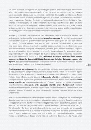 CONSULTA PÚBLICA CONSULTA PÚBLICA CONSULTA PÚBLICA
CONSULTA PÚBLICA CONSULTA PÚBLICA CONSULTA PÚBLICA
CONSULTA PÚBLICA CONSULTA PÚBLICA CONSULTA PÚBLICA
CONSULTA PÚBLICA CONSULTA PÚBLICA CONSULTA PÚBLICA
CONSULTA PÚBLICA CONSULTA PÚBLICA CONSULTA PÚBLICA
CONSULTA PÚBLICA CONSULTA PÚBLICA CONSULTA PÚBLICA
CONSULTA PÚBLICA CONSULTA PÚBLICA CONSULTA PÚBLICA
CONSULTA PÚBLICA CONSULTA PÚBLICA CONSULTA PÚBLICA
CONSULTA PÚBLICA CONSULTA PÚBLICA CONSULTA PÚBLICA
CONSULTA PÚBLICA CONSULTA PÚBLICA CONSULTA PÚBLICA
CONSULTA PÚBLICA CONSULTA PÚBLICA CONSULTA PÚBLICA
CONSULTA PÚBLICA CONSULTA PÚBLICA CONSULTA PÚBLICA
CONSULTA PÚBLICA CONSULTA PÚBLICA CONSULTA PÚBLICA
CONSULTA PÚBLICA CONSULTA PÚBLICA CONSULTA PÚBLICA
CONSULTA PÚBLICA CONSULTA PÚBLICA CONSULTA PÚBLICA
CONSULTA PÚBLICA CONSULTA PÚBLICA CONSULTA PÚBLICA
CONSULTA PÚBLICA CONSULTA PÚBLICA CONSULTA PÚBLICA
CONSULTA PÚBLICA CONSULTA PÚBLICA CONSULTA PÚBLICA
CONSULTA PÚBLICA CONSULTA PÚBLICA CONSULTA PÚBLICA
CONSULTA PÚBLICA CONSULTA PÚBLICA CONSULTA PÚBLICA
CONSULTA PÚBLICA CONSULTA PÚBLICA CONSULTA PÚBLICA
CONSULTA PÚBLICA CONSULTA PÚBLICA CONSULTA PÚBLICA
CONSULTA PÚBLICA CONSULTA PÚBLICA CONSULTA PÚBLICA
CONSULTA PÚBLICA CONSULTA PÚBLICA CONSULTA PÚBLICA
CONSULTA PÚBLICA CONSULTA PÚBLICA CONSULTA PÚBLICA
CONSULTA PÚBLICA CONSULTA PÚBLICA CONSULTA PÚBLICA
CONSULTA PÚBLICA CONSULTA PÚBLICA CONSULTA PÚBLICA
CONSULTA PÚBLICA CONSULTA PÚBLICA CONSULTA PÚBLICA
CONSULTA PÚBLICA CONSULTA PÚBLICA CONSULTA PÚBLICA
CONSULTA PÚBLICA CONSULTA PÚBLICA CONSULTA PÚBLICA
CONSULTA PÚBLICA CONSULTA PÚBLICA CONSULTA PÚBLICA
CONSULTA PÚBLICA CONSULTA PÚBLICA CONSULTA PÚBLICA
CONSULTA PÚBLICA CONSULTA PÚBLICA CONSULTA PÚBLICA
CONSULTA PÚBLICA CONSULTA PÚBLICA CONSULTA PÚBLICA
16
Em todas as áreas, os objetivos de aprendizagem para as diferentes etapas da educação
básica são propostos tendo como referência as características dos estudantes em cada eta-
pa da educação básica, suas experiências e contextos de atuação na vida social. Foram
considerados, ainda, na definição desses objetivos, os critérios de relevância e pertinência,
como expresso nas Diretrizes Curriculares Nacionais Gerais para a Educação Básica. Esses
critérios se materializam, em cada componente curricular, na definição de eixos em torno
dos quais se organizam os objetivos de aprendizagem. Esses eixos têm a função de articular
tanto os componentes de uma mesma área de conhecimento quanto as diferentes etapas de
escolarização ao longo das quais esse componente se apresenta.
A integração entre os componentes de uma mesma área do conhecimento e entre as dife-
rentes áreas é estabelecida, ainda, pelos temas integradores. Os temas integradores di-
zem respeito a questões que atravessam as experiências dos sujeitos em seus contextos de
vida e atuação e que, portanto, intervêm em seus processos de construção de identidade
e no modo como interagem com outros sujeitos, posicionando-se ética e criticamente sobre
e no mundo nessas interações. Contemplam, portanto, para além da dimensão cognitiva,
as dimensões política, ética e estética da formação dos estudantes. Os temas integradores
perpassam objetivos de aprendizagem de diversos componentes curriculares, nas diferen-
tes etapas da educação básica. São eles: Consumo e educação financeira; Ética, direitos
humanos e cidadania; Sustentatibilidade; Tecnologias digitais e Culturas africanas e in-
dígenas. Eles podem ser acessados e localizados num link específico do Portal da Base no
qual o documento preliminar da Base está disponível.
Os objetivos de aprendizagem são apresentados a partir das quatro áreas do conhecimen-
to e seus respectivos componentes curriculares. Esses últimos podem ser acessados a partir
das etapas da educação básica nas quais eles são abordados – Ensino Fundamental, anos
iniciais e finais, e Ensino Médio. No caso da Educação Infantil, os objetivos de aprendizagem
são apresentados a partir das quatro áreas do conhecimento, tendo como referência cam-
pos de experiências potencializadores das relações das crianças com múltiplas linguagens
e conhecimentos. A integração entre educação infantil e ensino fundamental é estabe-
lecida pelo modo como as experiências propostas na educação infantil se desdobram e se
articulam àquelas propostas por cada componente curricular nos anos iniciais do ensino
fundamental.
Para o Ensino Fundamental e também para o Ensino Médio, os objetivos de aprendizagem
dos diferentes componentes curriculares são apresentados ano a ano. Essa forma de apre-
sentação tem o intuito de oferecer uma orientação mais precisa aos sistemas, escolas e pro-
fessores com relação à progressão desses objetivos ao longo do processo de escolarização.
Tal orientação não dever ser entendida, entretanto, como uma prescrição da progressão.
Importa muito mais observar o alcance do conjunto de objetivos nos anos que demarcam a
transição entre as diferentes etapas – da educação infantil ao ensino fundamental, dos anos
iniciais aos anos finais, destes ao ensino médio e ao término do ensino médio. Novos arran-
 
