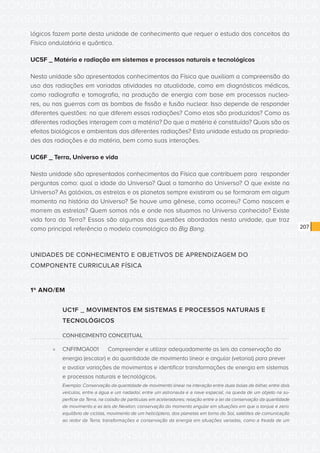 CONSULTA PÚBLICA CONSULTA PÚBLICA CONSULTA PÚBLICA
CONSULTA PÚBLICA CONSULTA PÚBLICA CONSULTA PÚBLICA
CONSULTA PÚBLICA CONSULTA PÚBLICA CONSULTA PÚBLICA
CONSULTA PÚBLICA CONSULTA PÚBLICA CONSULTA PÚBLICA
CONSULTA PÚBLICA CONSULTA PÚBLICA CONSULTA PÚBLICA
CONSULTA PÚBLICA CONSULTA PÚBLICA CONSULTA PÚBLICA
CONSULTA PÚBLICA CONSULTA PÚBLICA CONSULTA PÚBLICA
CONSULTA PÚBLICA CONSULTA PÚBLICA CONSULTA PÚBLICA
CONSULTA PÚBLICA CONSULTA PÚBLICA CONSULTA PÚBLICA
CONSULTA PÚBLICA CONSULTA PÚBLICA CONSULTA PÚBLICA
CONSULTA PÚBLICA CONSULTA PÚBLICA CONSULTA PÚBLICA
CONSULTA PÚBLICA CONSULTA PÚBLICA CONSULTA PÚBLICA
CONSULTA PÚBLICA CONSULTA PÚBLICA CONSULTA PÚBLICA
CONSULTA PÚBLICA CONSULTA PÚBLICA CONSULTA PÚBLICA
CONSULTA PÚBLICA CONSULTA PÚBLICA CONSULTA PÚBLICA
CONSULTA PÚBLICA CONSULTA PÚBLICA CONSULTA PÚBLICA
CONSULTA PÚBLICA CONSULTA PÚBLICA CONSULTA PÚBLICA
CONSULTA PÚBLICA CONSULTA PÚBLICA CONSULTA PÚBLICA
CONSULTA PÚBLICA CONSULTA PÚBLICA CONSULTA PÚBLICA
CONSULTA PÚBLICA CONSULTA PÚBLICA CONSULTA PÚBLICA
CONSULTA PÚBLICA CONSULTA PÚBLICA CONSULTA PÚBLICA
CONSULTA PÚBLICA CONSULTA PÚBLICA CONSULTA PÚBLICA
CONSULTA PÚBLICA CONSULTA PÚBLICA CONSULTA PÚBLICA
CONSULTA PÚBLICA CONSULTA PÚBLICA CONSULTA PÚBLICA
CONSULTA PÚBLICA CONSULTA PÚBLICA CONSULTA PÚBLICA
CONSULTA PÚBLICA CONSULTA PÚBLICA CONSULTA PÚBLICA
CONSULTA PÚBLICA CONSULTA PÚBLICA CONSULTA PÚBLICA
CONSULTA PÚBLICA CONSULTA PÚBLICA CONSULTA PÚBLICA
CONSULTA PÚBLICA CONSULTA PÚBLICA CONSULTA PÚBLICA
CONSULTA PÚBLICA CONSULTA PÚBLICA CONSULTA PÚBLICA
CONSULTA PÚBLICA CONSULTA PÚBLICA CONSULTA PÚBLICA
CONSULTA PÚBLICA CONSULTA PÚBLICA CONSULTA PÚBLICA
CONSULTA PÚBLICA CONSULTA PÚBLICA CONSULTA PÚBLICA
CONSULTA PÚBLICA CONSULTA PÚBLICA CONSULTA PÚBLICA
207
lógicos fazem parte desta unidade de conhecimento que requer o estudo dos conceitos da
Física ondulatória e quântica.
UC5F _ Matéria e radiação em sistemas e processos naturais e tecnológicos
Nesta unidade são apresentados conhecimentos da Física que auxiliam a compreensão do
uso das radiações em variadas atividades na atualidade, como em diagnósticos médicos,
como radiografia e tomografia, na produção de energia com base em processos nuclea-
res, ou nas guerras com as bombas de fissão e fusão nuclear. Isso depende de responder
diferentes questões: no que diferem essas radiações? Como elas são produzidas? Como as
diferentes radiações interagem com a matéria? Do que a matéria é constituída? Quais são os
efeitos biológicos e ambientais das diferentes radiações? Esta unidade estuda as proprieda-
des das radiações e da matéria, bem como suas interações.
UC6F _ Terra, Universo e vida
Nesta unidade são apresentados conhecimentos da Física que contribuem para responder
perguntas como: qual a idade do Universo? Qual o tamanho do Universo? O que existe no
Universo? As galáxias, as estrelas e os planetas sempre existiram ou se formaram em algum
momento na história do Universo? Se houve uma gênese, como ocorreu? Como nascem e
morrem as estrelas? Quem somos nós e onde nos situamos no Universo conhecido? Existe
vida fora da Terra? Essas são algumas das questões abordadas nesta unidade, que traz
como principal referência o modelo cosmológico do Big Bang.
UNIDADES DE CONHECIMENTO E OBJETIVOS DE APRENDIZAGEM DO
COMPONENTE CURRICULAR FÍSICA
1º ANO/EM
UC1F _ MOVIMENTOS EM SISTEMAS E PROCESSOS NATURAIS E
TECNOLÓGICOS
CONHECIMENTO CONCEITUAL
»» CNFI1MOA001	 Compreender e utilizar adequadamente as leis da conservação da
energia (escalar) e da quantidade de movimento linear e angular (vetorial) para prever
e avaliar variações de movimentos e identificar transformações de energia em sistemas
e processos naturais e tecnológicos.
Exemplo: Conservação da quantidade de movimento linear na interação entre duas bolas de bilhar, entre dois
veículos, entre a água e um nadador, entre um astronauta e a nave espacial, na queda de um objeto na su-
perfície da Terra, na colisão de partículas em aceleradores; relação entre a lei da conservação da quantidade
de movimento e as leis de Newton; conservação do momento angular em situações em que o torque é zero:
equilíbrio de ciclista, movimento de um helicóptero, dos planetas em torno do Sol, satélites de comunicação
ao redor da Terra; transformações e conservação da energia em situações variadas, como a freada de um
 