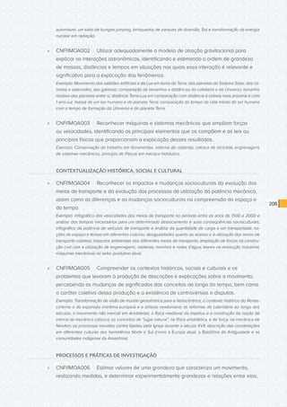 CONSULTA PÚBLICA CONSULTA PÚBLICA CONSULTA PÚBLICA
CONSULTA PÚBLICA CONSULTA PÚBLICA CONSULTA PÚBLICA
CONSULTA PÚBLICA CONSULTA PÚBLICA CONSULTA PÚBLICA
CONSULTA PÚBLICA CONSULTA PÚBLICA CONSULTA PÚBLICA
CONSULTA PÚBLICA CONSULTA PÚBLICA CONSULTA PÚBLICA
CONSULTA PÚBLICA CONSULTA PÚBLICA CONSULTA PÚBLICA
CONSULTA PÚBLICA CONSULTA PÚBLICA CONSULTA PÚBLICA
CONSULTA PÚBLICA CONSULTA PÚBLICA CONSULTA PÚBLICA
CONSULTA PÚBLICA CONSULTA PÚBLICA CONSULTA PÚBLICA
CONSULTA PÚBLICA CONSULTA PÚBLICA CONSULTA PÚBLICA
CONSULTA PÚBLICA CONSULTA PÚBLICA CONSULTA PÚBLICA
CONSULTA PÚBLICA CONSULTA PÚBLICA CONSULTA PÚBLICA
CONSULTA PÚBLICA CONSULTA PÚBLICA CONSULTA PÚBLICA
CONSULTA PÚBLICA CONSULTA PÚBLICA CONSULTA PÚBLICA
CONSULTA PÚBLICA CONSULTA PÚBLICA CONSULTA PÚBLICA
CONSULTA PÚBLICA CONSULTA PÚBLICA CONSULTA PÚBLICA
CONSULTA PÚBLICA CONSULTA PÚBLICA CONSULTA PÚBLICA
CONSULTA PÚBLICA CONSULTA PÚBLICA CONSULTA PÚBLICA
CONSULTA PÚBLICA CONSULTA PÚBLICA CONSULTA PÚBLICA
CONSULTA PÚBLICA CONSULTA PÚBLICA CONSULTA PÚBLICA
CONSULTA PÚBLICA CONSULTA PÚBLICA CONSULTA PÚBLICA
CONSULTA PÚBLICA CONSULTA PÚBLICA CONSULTA PÚBLICA
CONSULTA PÚBLICA CONSULTA PÚBLICA CONSULTA PÚBLICA
CONSULTA PÚBLICA CONSULTA PÚBLICA CONSULTA PÚBLICA
CONSULTA PÚBLICA CONSULTA PÚBLICA CONSULTA PÚBLICA
CONSULTA PÚBLICA CONSULTA PÚBLICA CONSULTA PÚBLICA
CONSULTA PÚBLICA CONSULTA PÚBLICA CONSULTA PÚBLICA
CONSULTA PÚBLICA CONSULTA PÚBLICA CONSULTA PÚBLICA
CONSULTA PÚBLICA CONSULTA PÚBLICA CONSULTA PÚBLICA
CONSULTA PÚBLICA CONSULTA PÚBLICA CONSULTA PÚBLICA
CONSULTA PÚBLICA CONSULTA PÚBLICA CONSULTA PÚBLICA
CONSULTA PÚBLICA CONSULTA PÚBLICA CONSULTA PÚBLICA
CONSULTA PÚBLICA CONSULTA PÚBLICA CONSULTA PÚBLICA
CONSULTA PÚBLICA CONSULTA PÚBLICA CONSULTA PÚBLICA
208
automóvel, um salto de bungee jumping, brinquedos de parques de diversão, Sol e transformação da energia
nuclear em radiação.
»» CNFI1MOA002	 Utilizar adequadamente o modelo de atração gravitacional para
explicar as interações astronômicas, identificando e estimando a ordem de grandeza
de massas, distâncias e tempos em situações nas quais essa interação é relevante e
significativa para a explicação dos fenômenos.
Exemplo: Movimento dos satélites artificiais e da Lua em torno da Terra, dos planetas do Sistema Solar, dos co-
metas e asteroides, das galáxias; comparação de tamanhos e distâncias do cotidiano e do Universo: tamanho
relativo dos planetas entre si, distância Terra-Lua em comparação com distância à estrela mais próxima e com
1 ano-luz; massa de um ser humano e do planeta Terra; comparação do tempo de vida média do ser humano
com o tempo de formação do Universo e do planeta Terra.
»» CNFI1MOA003	 Reconhecer máquinas e sistemas mecânicos que ampliam forças
ou velocidades, identificando os principais elementos que os compõem e as leis ou
princípios físicos que proporcionam a explicação desses resultados.
Exemplo: Conservação do trabalho em ferramentas, sistema de roldanas, catraca de bicicleta, engrenagens
de sistemas mecânicos; princípio de Pascal em macaco hidráulico.
CONTEXTUALIZAÇÃO HISTÓRICA, SOCIAL E CULTURAL
»» CNFI1MOA004	 Reconhecer os impactos e mudanças socioculturais da evolução dos
meios de transporte e da evolução dos processos de utilização da potência mecânica,
assim como as diferenças e as mudanças socioculturais na compreensão do espaço e
do tempo.
Exemplo: Infográfico das velocidades dos meios de transporte no período entre os anos de 1500 a 2000 e
análise dos tempos necessários para um determinado deslocamento e suas consequências socioculturais;
infográfico da potência de veículos de transporte e análise da quantidade de carga a ser transportada; no-
ções de espaço e tempo em diferentes culturas; desigualdades quanto ao acesso e à utilização dos meios de
transporte coletivo; impactos ambientais dos diferentes meios de transporte; ampliação de forças na constru-
ção civil com a utilização de engrenagens, roldanas; moinhos e rodas d’água; teares na revolução industrial;
máquinas mecânicas no setor produtivo atual.
»» CNFI1MOA005	 Compreender os contextos históricos, sociais e culturais e os
problemas que levaram à produção de descrições e explicações sobre o movimento,
percebendo as mudanças de significados dos conceitos ao longo do tempo, bem como
o caráter coletivo dessa produção e a existência de controvérsias e disputas.
Exemplo: Transformação da visão de mundo geocêntrica para a heliocêntrica; o contexto histórico do Renas-
cimento e da expansão marítima europeia e a síntese newtoniana; as reformas do calendário ao longo dos
séculos; o movimento não inercial em Aristóteles, a física medieval do impetus e a construção da noção de
inércia da mecânica clássica; os conceitos de “lugar natural”, na física aristotélica, e de força, na mecânica de
Newton; os processos movidos contra Galileu pela Igreja durante o século XVII; descrição das constelações
em diferentes culturas dos hemisférios Norte e Sul (como a Europa atual, a Babilônia da Antiguidade e as
comunidades indígenas da Amazônia).
PROCESSOS E PRÁTICAS DE INVESTIGAÇÃO
»» CNFI1MOA006	 Estimar valores de uma grandeza que caracteriza um movimento,
realizando medidas, e determinar experimentalmente grandezas e relações entre elas,
 
