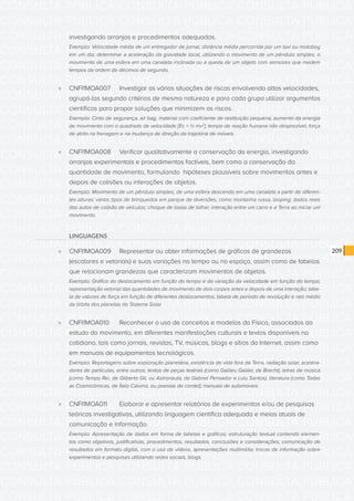 CONSULTA PÚBLICA CONSULTA PÚBLICA CONSULTA PÚBLICA
CONSULTA PÚBLICA CONSULTA PÚBLICA CONSULTA PÚBLICA
CONSULTA PÚBLICA CONSULTA PÚBLICA CONSULTA PÚBLICA
CONSULTA PÚBLICA CONSULTA PÚBLICA CONSULTA PÚBLICA
CONSULTA PÚBLICA CONSULTA PÚBLICA CONSULTA PÚBLICA
CONSULTA PÚBLICA CONSULTA PÚBLICA CONSULTA PÚBLICA
CONSULTA PÚBLICA CONSULTA PÚBLICA CONSULTA PÚBLICA
CONSULTA PÚBLICA CONSULTA PÚBLICA CONSULTA PÚBLICA
CONSULTA PÚBLICA CONSULTA PÚBLICA CONSULTA PÚBLICA
CONSULTA PÚBLICA CONSULTA PÚBLICA CONSULTA PÚBLICA
CONSULTA PÚBLICA CONSULTA PÚBLICA CONSULTA PÚBLICA
CONSULTA PÚBLICA CONSULTA PÚBLICA CONSULTA PÚBLICA
CONSULTA PÚBLICA CONSULTA PÚBLICA CONSULTA PÚBLICA
CONSULTA PÚBLICA CONSULTA PÚBLICA CONSULTA PÚBLICA
CONSULTA PÚBLICA CONSULTA PÚBLICA CONSULTA PÚBLICA
CONSULTA PÚBLICA CONSULTA PÚBLICA CONSULTA PÚBLICA
CONSULTA PÚBLICA CONSULTA PÚBLICA CONSULTA PÚBLICA
CONSULTA PÚBLICA CONSULTA PÚBLICA CONSULTA PÚBLICA
CONSULTA PÚBLICA CONSULTA PÚBLICA CONSULTA PÚBLICA
CONSULTA PÚBLICA CONSULTA PÚBLICA CONSULTA PÚBLICA
CONSULTA PÚBLICA CONSULTA PÚBLICA CONSULTA PÚBLICA
CONSULTA PÚBLICA CONSULTA PÚBLICA CONSULTA PÚBLICA
CONSULTA PÚBLICA CONSULTA PÚBLICA CONSULTA PÚBLICA
CONSULTA PÚBLICA CONSULTA PÚBLICA CONSULTA PÚBLICA
CONSULTA PÚBLICA CONSULTA PÚBLICA CONSULTA PÚBLICA
CONSULTA PÚBLICA CONSULTA PÚBLICA CONSULTA PÚBLICA
CONSULTA PÚBLICA CONSULTA PÚBLICA CONSULTA PÚBLICA
CONSULTA PÚBLICA CONSULTA PÚBLICA CONSULTA PÚBLICA
CONSULTA PÚBLICA CONSULTA PÚBLICA CONSULTA PÚBLICA
CONSULTA PÚBLICA CONSULTA PÚBLICA CONSULTA PÚBLICA
CONSULTA PÚBLICA CONSULTA PÚBLICA CONSULTA PÚBLICA
CONSULTA PÚBLICA CONSULTA PÚBLICA CONSULTA PÚBLICA
CONSULTA PÚBLICA CONSULTA PÚBLICA CONSULTA PÚBLICA
CONSULTA PÚBLICA CONSULTA PÚBLICA CONSULTA PÚBLICA
209
investigando arranjos e procedimentos adequados.
Exemplo: Velocidade média de um entregador de jornal; distância média percorrida por um taxi ou motoboy
em um dia; determinar a aceleração da gravidade local, utilizando o movimento de um pêndulo simples, o
movimento de uma esfera em uma canaleta inclinada ou a queda de um objeto com sensores que medem
tempos da ordem de décimos de segundo.
»» CNFI1MOA007	 Investigar as várias situações de riscos envolvendo altas velocidades,
agrupá-las segundo critérios de mesma natureza e para cada grupo utilizar argumentos
científicos para propor soluções que minimizem os riscos.
Exemplo: Cinto de segurança, air bag, material com coeficiente de restituição pequena; aumento da energia
de movimento com o quadrado da velocidade [Ec = ½ mv2
]; tempo de reação humana não desprezível; força
de atrito na frenagem e na mudança de direção da trajetória de móveis.
»» CNFI1MOA008	 Verificar qualitativamente a conservação da energia, investigando
arranjos experimentais e procedimentos factíveis, bem como a conservação da
quantidade de movimento, formulando hipóteses plausíveis sobre movimentos antes e
depois de colisões ou interações de objetos.
Exemplo: Movimento de um pêndulo simples, de uma esfera descendo em uma canaleta a partir de diferen-
tes alturas; vários tipos de brinquedos em parque de diversões, como montanha russa, looping; dados reais
dos autos de colisão de veículos; choque de bolas de bilhar; interação entre um carro e a Terra ao iniciar um
movimento.
LINGUAGENS
»» CNFI1MOA009	 Representar ou obter informações de gráficos de grandezas
(escalares e vetoriais) e suas variações no tempo ou no espaço, assim como de tabelas
que relacionam grandezas que caracterizam movimentos de objetos.
Exemplo: Gráfico do deslocamento em função do tempo e da variação da velocidade em função do tempo;
representação vetorial das quantidades de movimento de dois corpos antes e depois de uma interação; tabe-
la de valores de força em função de diferentes deslocamentos; tabela de período de revolução e raio médio
da órbita dos planetas do Sistema Solar.
»» CNFI1MOA010	 Reconhecer o uso de conceitos e modelos da Física, associados ao
estudo do movimento, em diferentes manifestações culturais e textos disponíveis no
cotidiano, tais como jornais, revistas, TV, músicas, blogs e sítios da Internet, assim como
em manuais de equipamentos tecnológicos.
Exemplo: Reportagens sobre exploração planetária, existência de vida fora da Terra, radiação solar, acelera-
dores de partículas, entre outros; textos de peças teatrais (como Galileu Galilei, de Brecht); letras de música
(como Tempo Rei, de Gilberto Gil, ou Astronauta, de Gabriel Pensador e Lulu Santos); literatura (como Todas
as Cosmicômicas, de Ítalo Calvino, ou poesias de cordel); manuais de automóveis.
»» CNFI1MOA011	 Elaborar e apresentar relatórios de experimentos e/ou de pesquisas
teóricas investigativas, utilizando linguagem científica adequada e meios atuais de
comunicação e informação.
Exemplo: Apresentação de dados em forma de tabelas e gráficos; estruturação textual contendo elemen-
tos como objetivos, justificativas, procedimentos, resultados, conclusões e considerações; comunicação de
resultados em formato digital, com o uso de vídeos, apresentações multimídia; trocas de informação sobre
experimentos e pesquisas utilizando redes sociais, blogs.
 