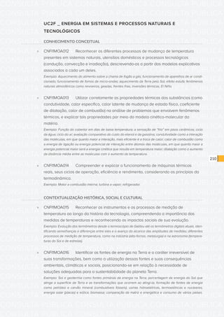 CONSULTA PÚBLICA CONSULTA PÚBLICA CONSULTA PÚBLICA
CONSULTA PÚBLICA CONSULTA PÚBLICA CONSULTA PÚBLICA
CONSULTA PÚBLICA CONSULTA PÚBLICA CONSULTA PÚBLICA
CONSULTA PÚBLICA CONSULTA PÚBLICA CONSULTA PÚBLICA
CONSULTA PÚBLICA CONSULTA PÚBLICA CONSULTA PÚBLICA
CONSULTA PÚBLICA CONSULTA PÚBLICA CONSULTA PÚBLICA
CONSULTA PÚBLICA CONSULTA PÚBLICA CONSULTA PÚBLICA
CONSULTA PÚBLICA CONSULTA PÚBLICA CONSULTA PÚBLICA
CONSULTA PÚBLICA CONSULTA PÚBLICA CONSULTA PÚBLICA
CONSULTA PÚBLICA CONSULTA PÚBLICA CONSULTA PÚBLICA
CONSULTA PÚBLICA CONSULTA PÚBLICA CONSULTA PÚBLICA
CONSULTA PÚBLICA CONSULTA PÚBLICA CONSULTA PÚBLICA
CONSULTA PÚBLICA CONSULTA PÚBLICA CONSULTA PÚBLICA
CONSULTA PÚBLICA CONSULTA PÚBLICA CONSULTA PÚBLICA
CONSULTA PÚBLICA CONSULTA PÚBLICA CONSULTA PÚBLICA
CONSULTA PÚBLICA CONSULTA PÚBLICA CONSULTA PÚBLICA
CONSULTA PÚBLICA CONSULTA PÚBLICA CONSULTA PÚBLICA
CONSULTA PÚBLICA CONSULTA PÚBLICA CONSULTA PÚBLICA
CONSULTA PÚBLICA CONSULTA PÚBLICA CONSULTA PÚBLICA
CONSULTA PÚBLICA CONSULTA PÚBLICA CONSULTA PÚBLICA
CONSULTA PÚBLICA CONSULTA PÚBLICA CONSULTA PÚBLICA
CONSULTA PÚBLICA CONSULTA PÚBLICA CONSULTA PÚBLICA
CONSULTA PÚBLICA CONSULTA PÚBLICA CONSULTA PÚBLICA
CONSULTA PÚBLICA CONSULTA PÚBLICA CONSULTA PÚBLICA
CONSULTA PÚBLICA CONSULTA PÚBLICA CONSULTA PÚBLICA
CONSULTA PÚBLICA CONSULTA PÚBLICA CONSULTA PÚBLICA
CONSULTA PÚBLICA CONSULTA PÚBLICA CONSULTA PÚBLICA
CONSULTA PÚBLICA CONSULTA PÚBLICA CONSULTA PÚBLICA
CONSULTA PÚBLICA CONSULTA PÚBLICA CONSULTA PÚBLICA
CONSULTA PÚBLICA CONSULTA PÚBLICA CONSULTA PÚBLICA
CONSULTA PÚBLICA CONSULTA PÚBLICA CONSULTA PÚBLICA
CONSULTA PÚBLICA CONSULTA PÚBLICA CONSULTA PÚBLICA
CONSULTA PÚBLICA CONSULTA PÚBLICA CONSULTA PÚBLICA
CONSULTA PÚBLICA CONSULTA PÚBLICA CONSULTA PÚBLICA
210
UC2F _ ENERGIA EM SISTEMAS E PROCESSOS NATURAIS E
TECNOLÓGICOS
CONHECIMENTO CONCEITUAL
»» CNFI1MOA012	 Reconhecer os diferentes processos de mudança de temperatura
presentes em sistemas naturais, utensílios domésticos e processos tecnológicos
(condução, convecção e irradiação), descrevendo-os a partir dos modelos explicativos
associados a cada um deles.
Exemplo: Aquecimento do alimento sobre a chama de fogão a gás; funcionamento de aparelhos de ar condi-
cionado; funcionamento de fornos de micro-ondas; aquecimento da Terra pelo Sol; efeito estufa; fenômenos
naturais atmosféricos como nevoeiros, geadas, frentes frias, inversões térmicas, El Niño.
»» CNFI1MOA013	 Utilizar corretamente as propriedades térmicas das substâncias (como
condutividade, calor especifico, calor latente de mudança de estado físico, coeficiente
de dilatação, calor de combustão) na análise de problemas que envolvem fenômenos
térmicos, e explicar tais propriedades por meio do modelo cinético-molecular da
matéria.
Exemplo: Função do cobertor em dias de baixa temperatura; a sensação de “frio” em pisos cerâmicos; ciclo
da água; ciclo do ar; avaliação comparativo do custo do etanol e da gasolina; condutividade como a interação
das moléculas, em que quanto maior a interação, mais eficiente é a troca de calor; calor de combustão como
a energia de ligação ou energia potencial de interação entre átomos das moléculas, em que quanto maior a
energia potencial maior será a energia cinética que resulta em temperatura maior; dilatação como o aumento
da distância média entre as moléculas com o aumento da temperatura.
»» CNFI1MOA014	 Compreender e explicar o funcionamento de máquinas térmicas
reais, seus ciclos de operação, eficiência e rendimento, considerando os princípios da
termodinâmica.
Exemplo: Motor a combustão interna; turbina a vapor; refrigerador.
CONTEXTUALIZAÇÃO HISTÓRICA, SOCIAL E CULTURAL
»» CNFI1MOA015	 Reconhecer os instrumentos e os processos de medição de
temperatura ao longo da história da tecnologia, compreendendo a importância das
medidas de temperaturas e reconhecendo os impactos sociais de sua evolução.
Exemplo: Evolução dos termômetros desde o termoscópio de Galileu até os termômetros digitais atuais, iden-
tificando semelhanças e diferenças entre eles e o avanço do alcance das amplitudes de medidas; diferentes
processos de medição de temperatura, como na indústria (alto-fornos, metalurgia) e na astronomia (tempera-
turas do Sol e de estrelas).
»» CNFI1MOA016	 Identificar as fontes de energia na Terra e o caráter irreversível de
suas transformações, bem como a utilização dessas fontes e suas consequências
ambientais, climáticas e sociais, posicionando-se em relação à necessidade de
soluções adequadas para a sustentabilidade do planeta Terra.
Exemplo: Sol e geotermia como fontes primárias da energia na Terra; porcentagem de energia do Sol que
atinge a superfície da Terra e as transformações que ocorrem ao atingi-la; formação de fontes de energia
como petróleo e carvão mineral (combustíveis fósseis); usinas hidroelétricas, termoelétricas e nucleares;
energia solar (placas) e eólica; biomassa; comparação da matriz e energética e consumo de vários países.
 