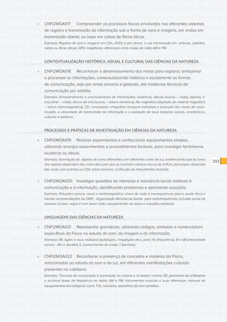 CONSULTA PÚBLICA CONSULTA PÚBLICA CONSULTA PÚBLICA
CONSULTA PÚBLICA CONSULTA PÚBLICA CONSULTA PÚBLICA
CONSULTA PÚBLICA CONSULTA PÚBLICA CONSULTA PÚBLICA
CONSULTA PÚBLICA CONSULTA PÚBLICA CONSULTA PÚBLICA
CONSULTA PÚBLICA CONSULTA PÚBLICA CONSULTA PÚBLICA
CONSULTA PÚBLICA CONSULTA PÚBLICA CONSULTA PÚBLICA
CONSULTA PÚBLICA CONSULTA PÚBLICA CONSULTA PÚBLICA
CONSULTA PÚBLICA CONSULTA PÚBLICA CONSULTA PÚBLICA
CONSULTA PÚBLICA CONSULTA PÚBLICA CONSULTA PÚBLICA
CONSULTA PÚBLICA CONSULTA PÚBLICA CONSULTA PÚBLICA
CONSULTA PÚBLICA CONSULTA PÚBLICA CONSULTA PÚBLICA
CONSULTA PÚBLICA CONSULTA PÚBLICA CONSULTA PÚBLICA
CONSULTA PÚBLICA CONSULTA PÚBLICA CONSULTA PÚBLICA
CONSULTA PÚBLICA CONSULTA PÚBLICA CONSULTA PÚBLICA
CONSULTA PÚBLICA CONSULTA PÚBLICA CONSULTA PÚBLICA
CONSULTA PÚBLICA CONSULTA PÚBLICA CONSULTA PÚBLICA
CONSULTA PÚBLICA CONSULTA PÚBLICA CONSULTA PÚBLICA
CONSULTA PÚBLICA CONSULTA PÚBLICA CONSULTA PÚBLICA
CONSULTA PÚBLICA CONSULTA PÚBLICA CONSULTA PÚBLICA
CONSULTA PÚBLICA CONSULTA PÚBLICA CONSULTA PÚBLICA
CONSULTA PÚBLICA CONSULTA PÚBLICA CONSULTA PÚBLICA
CONSULTA PÚBLICA CONSULTA PÚBLICA CONSULTA PÚBLICA
CONSULTA PÚBLICA CONSULTA PÚBLICA CONSULTA PÚBLICA
CONSULTA PÚBLICA CONSULTA PÚBLICA CONSULTA PÚBLICA
CONSULTA PÚBLICA CONSULTA PÚBLICA CONSULTA PÚBLICA
CONSULTA PÚBLICA CONSULTA PÚBLICA CONSULTA PÚBLICA
CONSULTA PÚBLICA CONSULTA PÚBLICA CONSULTA PÚBLICA
CONSULTA PÚBLICA CONSULTA PÚBLICA CONSULTA PÚBLICA
CONSULTA PÚBLICA CONSULTA PÚBLICA CONSULTA PÚBLICA
CONSULTA PÚBLICA CONSULTA PÚBLICA CONSULTA PÚBLICA
CONSULTA PÚBLICA CONSULTA PÚBLICA CONSULTA PÚBLICA
CONSULTA PÚBLICA CONSULTA PÚBLICA CONSULTA PÚBLICA
CONSULTA PÚBLICA CONSULTA PÚBLICA CONSULTA PÚBLICA
CONSULTA PÚBLICA CONSULTA PÚBLICA CONSULTA PÚBLICA
215
»» CNFI2MOA017	 Compreender os processos físicos envolvidos nos diferentes sistemas
de registro e transmissão de informação sob a forma de sons e imagens, em ondas em
transmissão aberta, ou laser em cabos de fibras óticas.
Exemplo: Registro de som e imagens em CDs, DVDs e pen drives, e sua transmissão em antenas, satélites,
cabos ou fibras óticas; GPS; megafones; diferenças entre ondas de rádio AM e FM.
CONTEXTUALIZAÇÃO HISTÓRICA, SOCIAL E CULTURAL DAS CIÊNCIAS DA NATUREZA
»» CNFI2MOA018	 Reconhecer o desenvolvimento dos meios para registrar, armazenar
e processar as informações, contextualizando histórica e socialmente as formas
de comunicação, seja por sinais sonoros e gestuais, até modernas técnicas de
comunicação por satélite.
Exemplo: Armazenamento e processamento de informações: cerâmicas, tábuas (sulcos – visão), papiros, li-
vros (tinta – visão), discos de vinil (sulcos – leitura mecânica), fita magnética (depósito de material magnético
– leitura eletromagnética), CD, computador; infográfico temporal indicando a evolução dos meios de comu-
nicação, a velocidade de transmissão da informação e a avaliação de seus impactos sociais, econômicos,
culturais e políticos.
PROCESSOS E PRÁTICAS DE INVESTIGAÇÃO EM CIÊNCIAS DA NATUREZA
»» CNFI2MOA019	 Realizar experimentos e confeccionar equipamentos simples,
utilizando arranjos experimentais e procedimentos factíveis, para investigar fenômenos
acústicos ou óticos.
Exemplo: Iluminação de objetos de cores diferentes com diferentes cores de luz, evidenciando que as cores
dos objetos dependem das cores das luzes que os iluminam; câmera escura de orifício; periscópio; dispersão
das cores com prismas ou CDs; tubos sonoros; confecção de instrumentos musicais.
»» CNFI2MOA020	 Investigar questões de interesse e relevância social relativas à
comunicação e à informação, identificando problemas e apontando soluções.
Exemplo: Poluições sonora, visual e eletromagnética; níveis de ruído e consequências para a saúde física e
mental; recomendações da OMS - Organização Mundial da Saúde para radiofrequências; inclusão social de
pessoas surdas, cegas e com baixa visão: equipamentos de apoio e soluções adotadas.
LINGUAGENS DAS CIÊNCIAS DA NATUREZA
»» CNFI2MOA021	 Representar grandezas, utilizando códigos, símbolos e nomenclatura
específicos da Física no estudo do som, da imagem e da informação.
Exemplo: Bit, bytes e seus múltiplos (quilobytes, megabytes etc.), pixel; Hz (frequência), B e dB (intensidade
sonora - Bel e decibel), λ (comprimento de onda); T (período).
»» CNFI2MOA022	 Reconhecer a presença de conceitos e modelos da Física,
relacionados ao estudo do som e da luz, em diferentes manifestações culturais
presentes no cotidiano.
Exemplo: Técnicas de sonorização e iluminação no cinema e no teatro; cinema 3D; geometria de anfiteatros
e acústica; faixas de frequência de rádios AM e FM; instrumentos musicais e suas diferenças; manuais de
equipamentos tecnológicos como TVs, celulares, aparelhos de som portáteis.
 