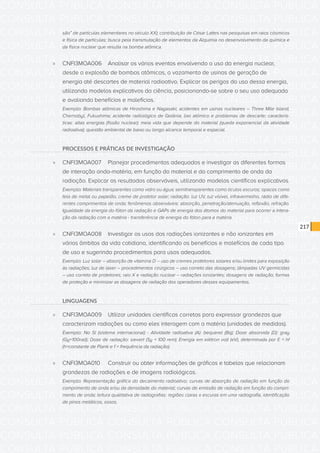CONSULTA PÚBLICA CONSULTA PÚBLICA CONSULTA PÚBLICA
CONSULTA PÚBLICA CONSULTA PÚBLICA CONSULTA PÚBLICA
CONSULTA PÚBLICA CONSULTA PÚBLICA CONSULTA PÚBLICA
CONSULTA PÚBLICA CONSULTA PÚBLICA CONSULTA PÚBLICA
CONSULTA PÚBLICA CONSULTA PÚBLICA CONSULTA PÚBLICA
CONSULTA PÚBLICA CONSULTA PÚBLICA CONSULTA PÚBLICA
CONSULTA PÚBLICA CONSULTA PÚBLICA CONSULTA PÚBLICA
CONSULTA PÚBLICA CONSULTA PÚBLICA CONSULTA PÚBLICA
CONSULTA PÚBLICA CONSULTA PÚBLICA CONSULTA PÚBLICA
CONSULTA PÚBLICA CONSULTA PÚBLICA CONSULTA PÚBLICA
CONSULTA PÚBLICA CONSULTA PÚBLICA CONSULTA PÚBLICA
CONSULTA PÚBLICA CONSULTA PÚBLICA CONSULTA PÚBLICA
CONSULTA PÚBLICA CONSULTA PÚBLICA CONSULTA PÚBLICA
CONSULTA PÚBLICA CONSULTA PÚBLICA CONSULTA PÚBLICA
CONSULTA PÚBLICA CONSULTA PÚBLICA CONSULTA PÚBLICA
CONSULTA PÚBLICA CONSULTA PÚBLICA CONSULTA PÚBLICA
CONSULTA PÚBLICA CONSULTA PÚBLICA CONSULTA PÚBLICA
CONSULTA PÚBLICA CONSULTA PÚBLICA CONSULTA PÚBLICA
CONSULTA PÚBLICA CONSULTA PÚBLICA CONSULTA PÚBLICA
CONSULTA PÚBLICA CONSULTA PÚBLICA CONSULTA PÚBLICA
CONSULTA PÚBLICA CONSULTA PÚBLICA CONSULTA PÚBLICA
CONSULTA PÚBLICA CONSULTA PÚBLICA CONSULTA PÚBLICA
CONSULTA PÚBLICA CONSULTA PÚBLICA CONSULTA PÚBLICA
CONSULTA PÚBLICA CONSULTA PÚBLICA CONSULTA PÚBLICA
CONSULTA PÚBLICA CONSULTA PÚBLICA CONSULTA PÚBLICA
CONSULTA PÚBLICA CONSULTA PÚBLICA CONSULTA PÚBLICA
CONSULTA PÚBLICA CONSULTA PÚBLICA CONSULTA PÚBLICA
CONSULTA PÚBLICA CONSULTA PÚBLICA CONSULTA PÚBLICA
CONSULTA PÚBLICA CONSULTA PÚBLICA CONSULTA PÚBLICA
CONSULTA PÚBLICA CONSULTA PÚBLICA CONSULTA PÚBLICA
CONSULTA PÚBLICA CONSULTA PÚBLICA CONSULTA PÚBLICA
CONSULTA PÚBLICA CONSULTA PÚBLICA CONSULTA PÚBLICA
CONSULTA PÚBLICA CONSULTA PÚBLICA CONSULTA PÚBLICA
CONSULTA PÚBLICA CONSULTA PÚBLICA CONSULTA PÚBLICA
217
são” de partículas elementares no século XX); contribuição de César Lattes nas pesquisas em raios cósmicos
e física de partículas; busca pela transmutação de elementos da Alquimia no desenvolvimento da química e
da física nuclear que resulta na bomba atômica.
»» CNFI3MOA006	 Analisar os vários eventos envolvendo o uso da energia nuclear,
desde a explosão de bombas atômicas, o vazamento de usinas de geração de
energia até descartes de material radioativo. Explicar os perigos do uso dessa energia,
utilizando modelos explicativos da ciência, posicionando-se sobre o seu uso adequado
e avaliando benefícios e malefícios.
Exemplo: Bombas atômicas de Hiroshima e Nagasaki; acidentes em usinas nucleares – Three Mile Island,
Chernobyl, Fukushima; acidente radiológico de Goiânia; lixo atômico e problemas de descarte; caracterís-
ticas: altas energias (fissão nuclear); meia vida que depende do material (queda exponencial da atividade
radioativa); questão ambiental de baixo ou longo alcance temporal e espacial.
PROCESSOS E PRÁTICAS DE INVESTIGAÇÃO
»» CNFI3MOA007	 Planejar procedimentos adequados e investigar as diferentes formas
de interação onda-matéria, em função do material e do comprimento de onda da
radiação. Explicar os resultados observáveis, utilizando modelos científicos explicativos.
Exemplo: Materiais transparentes como vidro ou água; semitransparentes como óculos escuros; opacos como
tela de metal ou papelão; creme de protetor solar; radiação: luz UV, luz visível, infravermelho, rádio de dife-
rentes comprimentos de onda; fenômenos observáveis: absorção, penetração/atenuação, reflexão, refração.
Igualdade da energia do fóton da radiação e GAPs de energia dos átomos do material para ocorrer a intera-
ção da radiação com a matéria - transferência de energia do fóton para a matéria.
»» CNFI3MOA008	 Investigar os usos das radiações ionizantes e não ionizantes em
vários âmbitos da vida cotidiana, identificando os benefícios e malefícios de cada tipo
de uso e sugerindo procedimentos para usos adequados.
Exemplo: Luz solar – absorção de vitamina D – uso de cremes protetores solares e/ou limites para exposição
às radiações; luz de laser – procedimentos cirúrgicos – uso correto das dosagens; lâmpadas UV germicidas
– uso correto de protetores; raio X e radiação nuclear – radiações ionizantes; dosagens de radiação; formas
de proteção e minimizar as dosagens de radiação dos operadores desses equipamentos.
LINGUAGENS
»» CNFI3MOA009	 Utilizar unidades científicas corretas para expressar grandezas que
caracterizam radiações ou como eles interagem com a matéria (unidades de medidas).
Exemplo: No SI (sistema internacional) - Atividade radioativa (A): bequerel (Bq); Dose absorvida (D): gray
(Gy=100rad); Dose de radiação: sievert (Sy = 100 rem); Energia em elétron volt (eV), determinada por E = hf
(h=constante de Plank e f = frequência da radiação).
»» CNFI3MOA010	 Construir ou obter informações de gráficos e tabelas que relacionam
grandezas de radiações e de imagens radiológicas.
Exemplo: Representação gráfica do decaimento radioativo; curvas de absorção de radiação em função do
comprimento de onda e/ou da densidade do material; curvas de emissão de radiação em função do compri-
mento de onda; leitura qualitativa de radiografias: regiões claras x escuras em uma radiografia, identificação
de pinos metálicos, ossos.
 