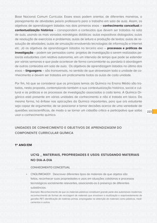 CONSULTA PÚBLICA CONSULTA PÚBLICA CONSULTA PÚBLICA
CONSULTA PÚBLICA CONSULTA PÚBLICA CONSULTA PÚBLICA
CONSULTA PÚBLICA CONSULTA PÚBLICA CONSULTA PÚBLICA
CONSULTA PÚBLICA CONSULTA PÚBLICA CONSULTA PÚBLICA
CONSULTA PÚBLICA CONSULTA PÚBLICA CONSULTA PÚBLICA
CONSULTA PÚBLICA CONSULTA PÚBLICA CONSULTA PÚBLICA
CONSULTA PÚBLICA CONSULTA PÚBLICA CONSULTA PÚBLICA
CONSULTA PÚBLICA CONSULTA PÚBLICA CONSULTA PÚBLICA
CONSULTA PÚBLICA CONSULTA PÚBLICA CONSULTA PÚBLICA
CONSULTA PÚBLICA CONSULTA PÚBLICA CONSULTA PÚBLICA
CONSULTA PÚBLICA CONSULTA PÚBLICA CONSULTA PÚBLICA
CONSULTA PÚBLICA CONSULTA PÚBLICA CONSULTA PÚBLICA
CONSULTA PÚBLICA CONSULTA PÚBLICA CONSULTA PÚBLICA
CONSULTA PÚBLICA CONSULTA PÚBLICA CONSULTA PÚBLICA
CONSULTA PÚBLICA CONSULTA PÚBLICA CONSULTA PÚBLICA
CONSULTA PÚBLICA CONSULTA PÚBLICA CONSULTA PÚBLICA
CONSULTA PÚBLICA CONSULTA PÚBLICA CONSULTA PÚBLICA
CONSULTA PÚBLICA CONSULTA PÚBLICA CONSULTA PÚBLICA
CONSULTA PÚBLICA CONSULTA PÚBLICA CONSULTA PÚBLICA
CONSULTA PÚBLICA CONSULTA PÚBLICA CONSULTA PÚBLICA
CONSULTA PÚBLICA CONSULTA PÚBLICA CONSULTA PÚBLICA
CONSULTA PÚBLICA CONSULTA PÚBLICA CONSULTA PÚBLICA
CONSULTA PÚBLICA CONSULTA PÚBLICA CONSULTA PÚBLICA
CONSULTA PÚBLICA CONSULTA PÚBLICA CONSULTA PÚBLICA
CONSULTA PÚBLICA CONSULTA PÚBLICA CONSULTA PÚBLICA
CONSULTA PÚBLICA CONSULTA PÚBLICA CONSULTA PÚBLICA
CONSULTA PÚBLICA CONSULTA PÚBLICA CONSULTA PÚBLICA
CONSULTA PÚBLICA CONSULTA PÚBLICA CONSULTA PÚBLICA
CONSULTA PÚBLICA CONSULTA PÚBLICA CONSULTA PÚBLICA
CONSULTA PÚBLICA CONSULTA PÚBLICA CONSULTA PÚBLICA
CONSULTA PÚBLICA CONSULTA PÚBLICA CONSULTA PÚBLICA
CONSULTA PÚBLICA CONSULTA PÚBLICA CONSULTA PÚBLICA
CONSULTA PÚBLICA CONSULTA PÚBLICA CONSULTA PÚBLICA
CONSULTA PÚBLICA CONSULTA PÚBLICA CONSULTA PÚBLICA
223
Base Nacional Comum Curricular. Esses eixos podem orientar, de diferentes maneiras, o
planejamento de atividades pelo/a professor/a para o trabalho em sala de aula. Assim, os
objetivos de aprendizagem listados nos dois primeiros eixos – conhecimento conceitual e
contextualização histórica – correspondem a conteúdos que devem ser tratados na sala
de aula, usando as mais variadas estratégias didáticas: aulas expositivas dialogadas; aulas
de resolução de exercícios e problemas; aulas de leitura e produção de textos; aulas de re-
solução de atividades; aulas de simulação envolvendo tecnologias de informação e Internet
etc. Já os objetivos de aprendizagem listados no terceiro eixo – processos e práticas de
investigação – podem ser pensados como projetos de investigação a serem realizados pe-
los/as estudantes com relativa autonomia, em um intervalo de tempo que pode se estender
por várias semanas e que pode acontecer de forma concomitante ou paralela à abordagem
de outros conteúdos em sala de aula. Os objetivos de aprendizagem listados no último dos
eixos – linguagens – são transversais, no sentido de que atravessam toda a unidade de co-
nhecimento e devem ser tratados em praticamente todas as aulas de cada unidade.
Por fim, há que se considerar que os principais temas da Química no Ensino Médio são tra-
tados, nesta proposta, contemplando também a sua contextualização histórica, social e cul-
tural e as práticas e os processos de investigação associados a cada tema. A Química Or-
gânica está presente em várias unidades de conhecimento e não é tratada em bloco. Da
mesma forma, há ênfase nas aplicações da Química importantes, para que o/a estudante
seja capaz de argumentar, de se posicionar e tomar decisões acerca de uma variedade de
questões sociocientíficas, de modo a se tornar um cidadão crítico e participativo que saiba
usar o conhecimento químico.
UNIDADES DE CONHECIMENTO E OBJETIVOS DE APRENDIZAGEM DO
COMPONENTE CURRICULAR QUÍMICA
1º ANO/EM
UC1Q _ MATERIAIS, PROPRIEDADES E USOS: ESTUDANDO MATERIAIS
NO DIA-A-DIA
CONHECIMENTO CONCEITUAL
»» CNQU1MOA001	 Descrever diferentes tipos de materiais de que objetos são
feitos, reconhecer suas propriedades e usos em situações cotidianas e processos
tecnológicos socialmente relevantes, associando-os à presença de diferentes
substâncias.
Exemplo: Reconhecimento de que os materiais plásticos constituem grande parte dos automóveis modernos;
reconhecimento de formas de reciclagem de materiais que envolvem o reutilização e reaproveitamento de
garrafas PET; identificação de matérias primas, empregadas na obtenção de materiais como plásticos, medi-
camentos e outros.
 