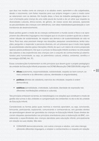 CONSULTA PÚBLICA CONSULTA PÚBLICA CONSULTA PÚBLICA
CONSULTA PÚBLICA CONSULTA PÚBLICA CONSULTA PÚBLICA
CONSULTA PÚBLICA CONSULTA PÚBLICA CONSULTA PÚBLICA
CONSULTA PÚBLICA CONSULTA PÚBLICA CONSULTA PÚBLICA
CONSULTA PÚBLICA CONSULTA PÚBLICA CONSULTA PÚBLICA
CONSULTA PÚBLICA CONSULTA PÚBLICA CONSULTA PÚBLICA
CONSULTA PÚBLICA CONSULTA PÚBLICA CONSULTA PÚBLICA
CONSULTA PÚBLICA CONSULTA PÚBLICA CONSULTA PÚBLICA
CONSULTA PÚBLICA CONSULTA PÚBLICA CONSULTA PÚBLICA
CONSULTA PÚBLICA CONSULTA PÚBLICA CONSULTA PÚBLICA
CONSULTA PÚBLICA CONSULTA PÚBLICA CONSULTA PÚBLICA
CONSULTA PÚBLICA CONSULTA PÚBLICA CONSULTA PÚBLICA
CONSULTA PÚBLICA CONSULTA PÚBLICA CONSULTA PÚBLICA
CONSULTA PÚBLICA CONSULTA PÚBLICA CONSULTA PÚBLICA
CONSULTA PÚBLICA CONSULTA PÚBLICA CONSULTA PÚBLICA
CONSULTA PÚBLICA CONSULTA PÚBLICA CONSULTA PÚBLICA
CONSULTA PÚBLICA CONSULTA PÚBLICA CONSULTA PÚBLICA
CONSULTA PÚBLICA CONSULTA PÚBLICA CONSULTA PÚBLICA
CONSULTA PÚBLICA CONSULTA PÚBLICA CONSULTA PÚBLICA
CONSULTA PÚBLICA CONSULTA PÚBLICA CONSULTA PÚBLICA
CONSULTA PÚBLICA CONSULTA PÚBLICA CONSULTA PÚBLICA
CONSULTA PÚBLICA CONSULTA PÚBLICA CONSULTA PÚBLICA
CONSULTA PÚBLICA CONSULTA PÚBLICA CONSULTA PÚBLICA
CONSULTA PÚBLICA CONSULTA PÚBLICA CONSULTA PÚBLICA
CONSULTA PÚBLICA CONSULTA PÚBLICA CONSULTA PÚBLICA
CONSULTA PÚBLICA CONSULTA PÚBLICA CONSULTA PÚBLICA
CONSULTA PÚBLICA CONSULTA PÚBLICA CONSULTA PÚBLICA
CONSULTA PÚBLICA CONSULTA PÚBLICA CONSULTA PÚBLICA
CONSULTA PÚBLICA CONSULTA PÚBLICA CONSULTA PÚBLICA
CONSULTA PÚBLICA CONSULTA PÚBLICA CONSULTA PÚBLICA
CONSULTA PÚBLICA CONSULTA PÚBLICA CONSULTA PÚBLICA
CONSULTA PÚBLICA CONSULTA PÚBLICA CONSULTA PÚBLICA
CONSULTA PÚBLICA CONSULTA PÚBLICA CONSULTA PÚBLICA
CONSULTA PÚBLICA CONSULTA PÚBLICA CONSULTA PÚBLICA
19
que atua nos modos como as crianças e os adultos vivem, aprendem e são subjetivados,
desde o nascimento, com fortes impactos para sua própria imagem e para o modo como
se relacionam com os demais. Em função disso, o foco do trabalho pedagógico deve in-
cluir a formação pela criança de uma visão plural de mundo e de um olhar que respeite as
diversidades culturais, étnico-raciais, de gênero, de classe social das pessoas, apoiando
as peculiaridades das crianças com deficiência, com altas habilidades/superdotação e com
transtornos de desenvolvimento.
Esses pontos guiam o modo de as crianças conhecerem o mundo social e físico e se apro-
priarem das diferentes linguagens e tecnologias que aí circulam e podem ajudá-las a desen-
volver atitudes de solidariedade, de respeito aos demais e de sustentabilidade da vida na
Terra. Para isso, elas precisam imergir nas situações, pesquisar características, tentar solu-
ções, perguntar e responder a parceiros diversos, em um processo que é muito mais ligado
às possibilidades abertas pelas interações infantis do que a um roteiro de ensino preparado
apenas pelo/a professor/a. Daí que o currículo na Educação Infantil acontece na articulação
dos saberes e das experiências das crianças com o conjunto de conhecimentos já sistema-
tizados pela humanidade, ou seja, os patrimônios cultural, artístico, ambiental, científico e
tecnológico (DCNEI, Art. 3º).
Essas considerações fundamentam os três princípios que devem guiar o projeto pedagógico
da unidade de Educação Infantil propostos nas DCNEI (Resolução CNE/CEB 05/09, artigo 6º):
ƒƒ éticos (autonomia, responsabilidade, solidariedade, respeito ao bem-comum, ao
meio ambiente e às diferentes culturas, identidades e singularidades);
ƒƒ políticos (direitos de cidadania, exercício da criticidade, respeito à ordem
democrática);
ƒƒ estéticos (sensibilidade, criatividade, ludicidade, liberdade de expressão nas
diferentes manifestações artísticas e culturais).
Tais princípios embasam os temas, as metodologias e as relações que constituem o modo de
gestão das turmas e das unidades e a programação dos ambientes no dia-a-dia da unidade
de Educação Infantil.
Considerando as formas pelas quais meninos e meninas aprendem, ou seja, convivendo,
brincando, participando, explorando, comunicando e conhecendo-se, seis grandes direitos
de aprendizagem devem ser garantidos às crianças na Educação Infantil. Esses direitos de-
correm daqueles apresentados nos princípios orientadores para a elaboração da BNC, con-
siderando a especificidades das crianças atendidas pela educação infantil, principalmente
em relação as suas idades. São eles:
ƒƒ CONVIVER democraticamente, com outras crianças e adultos, com eles interagir,
utilizando diferentes linguagens, e ampliar o conhecimento e o respeito em relação
 