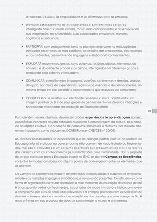 CONSULTA PÚBLICA CONSULTA PÚBLICA CONSULTA PÚBLICA
CONSULTA PÚBLICA CONSULTA PÚBLICA CONSULTA PÚBLICA
CONSULTA PÚBLICA CONSULTA PÚBLICA CONSULTA PÚBLICA
CONSULTA PÚBLICA CONSULTA PÚBLICA CONSULTA PÚBLICA
CONSULTA PÚBLICA CONSULTA PÚBLICA CONSULTA PÚBLICA
CONSULTA PÚBLICA CONSULTA PÚBLICA CONSULTA PÚBLICA
CONSULTA PÚBLICA CONSULTA PÚBLICA CONSULTA PÚBLICA
CONSULTA PÚBLICA CONSULTA PÚBLICA CONSULTA PÚBLICA
CONSULTA PÚBLICA CONSULTA PÚBLICA CONSULTA PÚBLICA
CONSULTA PÚBLICA CONSULTA PÚBLICA CONSULTA PÚBLICA
CONSULTA PÚBLICA CONSULTA PÚBLICA CONSULTA PÚBLICA
CONSULTA PÚBLICA CONSULTA PÚBLICA CONSULTA PÚBLICA
CONSULTA PÚBLICA CONSULTA PÚBLICA CONSULTA PÚBLICA
CONSULTA PÚBLICA CONSULTA PÚBLICA CONSULTA PÚBLICA
CONSULTA PÚBLICA CONSULTA PÚBLICA CONSULTA PÚBLICA
CONSULTA PÚBLICA CONSULTA PÚBLICA CONSULTA PÚBLICA
CONSULTA PÚBLICA CONSULTA PÚBLICA CONSULTA PÚBLICA
CONSULTA PÚBLICA CONSULTA PÚBLICA CONSULTA PÚBLICA
CONSULTA PÚBLICA CONSULTA PÚBLICA CONSULTA PÚBLICA
CONSULTA PÚBLICA CONSULTA PÚBLICA CONSULTA PÚBLICA
CONSULTA PÚBLICA CONSULTA PÚBLICA CONSULTA PÚBLICA
CONSULTA PÚBLICA CONSULTA PÚBLICA CONSULTA PÚBLICA
CONSULTA PÚBLICA CONSULTA PÚBLICA CONSULTA PÚBLICA
CONSULTA PÚBLICA CONSULTA PÚBLICA CONSULTA PÚBLICA
CONSULTA PÚBLICA CONSULTA PÚBLICA CONSULTA PÚBLICA
CONSULTA PÚBLICA CONSULTA PÚBLICA CONSULTA PÚBLICA
CONSULTA PÚBLICA CONSULTA PÚBLICA CONSULTA PÚBLICA
CONSULTA PÚBLICA CONSULTA PÚBLICA CONSULTA PÚBLICA
CONSULTA PÚBLICA CONSULTA PÚBLICA CONSULTA PÚBLICA
CONSULTA PÚBLICA CONSULTA PÚBLICA CONSULTA PÚBLICA
CONSULTA PÚBLICA CONSULTA PÚBLICA CONSULTA PÚBLICA
CONSULTA PÚBLICA CONSULTA PÚBLICA CONSULTA PÚBLICA
CONSULTA PÚBLICA CONSULTA PÚBLICA CONSULTA PÚBLICA
CONSULTA PÚBLICA CONSULTA PÚBLICA CONSULTA PÚBLICA
20
à natureza, à cultura, às singularidades e às diferenças entre as pessoas;
ƒƒ BRINCAR cotidianamente de diversas formas e com diferentes parceiros,
interagindo com as culturas infantis, construindo conhecimentos e desenvolvendo
sua imaginação, sua criatividade, suas capacidades emocionais, motoras,
cognitivas e relacionais;
ƒƒ PARTICIPAR, com protagonismo, tanto no planejamento como na realização das
atividades recorrentes da vida cotidiana, na escolha das brincadeiras, dos materiais
e dos ambientes, desenvolvendo linguagens e elaborando conhecimentos;
ƒƒ EXPLORAR movimentos, gestos, sons, palavras, histórias, objetos, elementos da
natureza e do ambiente urbano e do campo, interagindo com diferentes grupos e
ampliando seus saberes e linguagens;
ƒƒ COMUNICAR, com diferentes linguagens, opiniões, sentimentos e desejos, pedidos
de ajuda, narrativas de experiências, registros de vivências e de conhecimentos, ao
mesmo tempo em que aprende a compreender o que os outros lhe comunicam;
ƒƒ CONHECER-SE e construir sua identidade pessoal e cultural, constituindo uma
imagem positiva de si e de seus grupos de pertencimento nas diversas interações e
brincadeiras vivenciadas na instituição de Educação Infantil
Para atender a esses objetivos, devem ser criadas experiências de aprendizagem, ou seja,
experiências concretas na vida cotidiana que levam à aprendizagem da cultura, pelo conví-
vio no espaço coletivo, e à produção de narrativas, individuais e coletivas, por meio de dife-
rentes linguagens, como colocam as DCNEI (Parecer CNE/CEB nº 20/09).
As diversas possibilidades de experiências que as crianças podem usufruir, na unidade de
Educação Infantil e citadas no parecer acima, não ocorrem de modo isolado ou fragmenta-
das, mas são promovidas por um conjunto de práticas que articulam os saberes e os fazeres
das crianças com os conhecimentos já sistematizados pela humanidade. Daí a proposta
do arranjo curricular para a Educação Infantil na BNC se dar em Campos de Experiências,
conjuntos formados considerando alguns pontos de convergência entre os elementos que
os orientam.
Os Campos de Experiências incluem determinadas práticas sociais e culturais de uma comu-
nidade e as múltiplas linguagens simbólicas que nelas estão presentes. Constituem-se como
forma de organização curricular adequada a esse momento da educação da criança de até
6 anos, quando certos conhecimentos, trabalhados de modo interativo e lúdico, promovem
a apropriação por elas de conteúdos relevantes. Os campos potencializam experiências de
distintas naturezas, dadas a relevância e a amplitude dos desafios que uma criança de 0 a 6
anos enfrenta em seu processo de viver, de compreender o mundo e a si mesma.
 