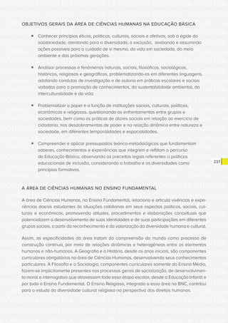 CONSULTA PÚBLICA CONSULTA PÚBLICA CONSULTA PÚBLICA
CONSULTA PÚBLICA CONSULTA PÚBLICA CONSULTA PÚBLICA
CONSULTA PÚBLICA CONSULTA PÚBLICA CONSULTA PÚBLICA
CONSULTA PÚBLICA CONSULTA PÚBLICA CONSULTA PÚBLICA
CONSULTA PÚBLICA CONSULTA PÚBLICA CONSULTA PÚBLICA
CONSULTA PÚBLICA CONSULTA PÚBLICA CONSULTA PÚBLICA
CONSULTA PÚBLICA CONSULTA PÚBLICA CONSULTA PÚBLICA
CONSULTA PÚBLICA CONSULTA PÚBLICA CONSULTA PÚBLICA
CONSULTA PÚBLICA CONSULTA PÚBLICA CONSULTA PÚBLICA
CONSULTA PÚBLICA CONSULTA PÚBLICA CONSULTA PÚBLICA
CONSULTA PÚBLICA CONSULTA PÚBLICA CONSULTA PÚBLICA
CONSULTA PÚBLICA CONSULTA PÚBLICA CONSULTA PÚBLICA
CONSULTA PÚBLICA CONSULTA PÚBLICA CONSULTA PÚBLICA
CONSULTA PÚBLICA CONSULTA PÚBLICA CONSULTA PÚBLICA
CONSULTA PÚBLICA CONSULTA PÚBLICA CONSULTA PÚBLICA
CONSULTA PÚBLICA CONSULTA PÚBLICA CONSULTA PÚBLICA
CONSULTA PÚBLICA CONSULTA PÚBLICA CONSULTA PÚBLICA
CONSULTA PÚBLICA CONSULTA PÚBLICA CONSULTA PÚBLICA
CONSULTA PÚBLICA CONSULTA PÚBLICA CONSULTA PÚBLICA
CONSULTA PÚBLICA CONSULTA PÚBLICA CONSULTA PÚBLICA
CONSULTA PÚBLICA CONSULTA PÚBLICA CONSULTA PÚBLICA
CONSULTA PÚBLICA CONSULTA PÚBLICA CONSULTA PÚBLICA
CONSULTA PÚBLICA CONSULTA PÚBLICA CONSULTA PÚBLICA
CONSULTA PÚBLICA CONSULTA PÚBLICA CONSULTA PÚBLICA
CONSULTA PÚBLICA CONSULTA PÚBLICA CONSULTA PÚBLICA
CONSULTA PÚBLICA CONSULTA PÚBLICA CONSULTA PÚBLICA
CONSULTA PÚBLICA CONSULTA PÚBLICA CONSULTA PÚBLICA
CONSULTA PÚBLICA CONSULTA PÚBLICA CONSULTA PÚBLICA
CONSULTA PÚBLICA CONSULTA PÚBLICA CONSULTA PÚBLICA
CONSULTA PÚBLICA CONSULTA PÚBLICA CONSULTA PÚBLICA
CONSULTA PÚBLICA CONSULTA PÚBLICA CONSULTA PÚBLICA
CONSULTA PÚBLICA CONSULTA PÚBLICA CONSULTA PÚBLICA
CONSULTA PÚBLICA CONSULTA PÚBLICA CONSULTA PÚBLICA
CONSULTA PÚBLICA CONSULTA PÚBLICA CONSULTA PÚBLICA
237
OBJETIVOS GERAIS DA ÁREA DE CIÊNCIAS HUMANAS NA EDUCAÇÃO BÁSICA
ƒƒ Conhecer princípios éticos, políticos, culturais, sociais e afetivos, sob a égide da
solidariedade, atentando para a diversidade, a exclusão, avaliando e assumindo
ações possíveis para o cuidado de si mesmo, da vida em sociedade, do meio
ambiente e das próximas gerações.
ƒƒ Analisar processos e fenômenos naturais, sociais, filosóficos, sociológicos,
históricos, religiosos e geográficos, problematizando-os em diferentes linguagens,
adotando condutas de investigação e de autoria em práticas escolares e sociais
voltadas para a promoção de conhecimentos, da sustentabilidade ambiental, da
interculturalidade e da vida.
ƒƒ Problematizar o papel e a função de instituições sociais, culturais, políticas,
econômicas e religiosas, questionando os enfrentamentos entre grupos e
sociedades, bem como as práticas de atores sociais em relação ao exercício de
cidadania, nos desdobramentos de poder e na relação dinâmica entre natureza e
sociedade, em diferentes temporalidades e espacialidades.
ƒƒ Compreender e aplicar pressupostos teórico-metodológicos que fundamentam
saberes, conhecimentos e experiências que integrem e reflitam o percurso
da Educação Básica, observando os preceitos legais referentes a políticas
educacionais de inclusão, considerando o trabalho e as diversidades como
princípios formativos.
A ÁREA DE CIÊNCIAS HUMANAS NO ENSINO FUNDAMENTAL
A área de Ciências Humanas, no Ensino Fundamental, relaciona e articula vivências e expe-
riências dos/as estudantes às situações cotidianas em seus aspectos políticos, sociais, cul-
turais e econômicos, promovendo atitudes, procedimentos e elaborações conceituais que
potencializem o desenvolvimento de suas identidades e de suas participações em diferentes
grupos sociais, a partir do reconhecimento e da valorização da diversidade humana e cultural.
Assim, as especificidades da área tratam da compreensão do mundo como processo de
construção contínua, por meio de relações dinâmicas e heterogêneas entre os elementos
humanos e não-humanos. A Geografia e a História, desde os anos iniciais, são componentes
curriculares obrigatórios na área de Ciências Humanas, desenvolvendo seus conhecimentos
particulares. A Filosofia e a Sociologia, componentes curriculares somente do Ensino Médio,
fazem-se implicitamente presentes nos processos gerais de socialização, de desenvolvimen-
to moral e interrogativo que atravessam toda essa etapa escolar, desde a Educação Infantil e
por todo o Ensino Fundamental. O Ensino Religioso, integrado a essa área na BNC, contribui
para o estudo da diversidade cultural religiosa na perspectiva dos direitos humanos.
 
