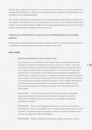 CONSULTA PÚBLICA CONSULTA PÚBLICA CONSULTA PÚBLICA
CONSULTA PÚBLICA CONSULTA PÚBLICA CONSULTA PÚBLICA
CONSULTA PÚBLICA CONSULTA PÚBLICA CONSULTA PÚBLICA
CONSULTA PÚBLICA CONSULTA PÚBLICA CONSULTA PÚBLICA
CONSULTA PÚBLICA CONSULTA PÚBLICA CONSULTA PÚBLICA
CONSULTA PÚBLICA CONSULTA PÚBLICA CONSULTA PÚBLICA
CONSULTA PÚBLICA CONSULTA PÚBLICA CONSULTA PÚBLICA
CONSULTA PÚBLICA CONSULTA PÚBLICA CONSULTA PÚBLICA
CONSULTA PÚBLICA CONSULTA PÚBLICA CONSULTA PÚBLICA
CONSULTA PÚBLICA CONSULTA PÚBLICA CONSULTA PÚBLICA
CONSULTA PÚBLICA CONSULTA PÚBLICA CONSULTA PÚBLICA
CONSULTA PÚBLICA CONSULTA PÚBLICA CONSULTA PÚBLICA
CONSULTA PÚBLICA CONSULTA PÚBLICA CONSULTA PÚBLICA
CONSULTA PÚBLICA CONSULTA PÚBLICA CONSULTA PÚBLICA
CONSULTA PÚBLICA CONSULTA PÚBLICA CONSULTA PÚBLICA
CONSULTA PÚBLICA CONSULTA PÚBLICA CONSULTA PÚBLICA
CONSULTA PÚBLICA CONSULTA PÚBLICA CONSULTA PÚBLICA
CONSULTA PÚBLICA CONSULTA PÚBLICA CONSULTA PÚBLICA
CONSULTA PÚBLICA CONSULTA PÚBLICA CONSULTA PÚBLICA
CONSULTA PÚBLICA CONSULTA PÚBLICA CONSULTA PÚBLICA
CONSULTA PÚBLICA CONSULTA PÚBLICA CONSULTA PÚBLICA
CONSULTA PÚBLICA CONSULTA PÚBLICA CONSULTA PÚBLICA
CONSULTA PÚBLICA CONSULTA PÚBLICA CONSULTA PÚBLICA
CONSULTA PÚBLICA CONSULTA PÚBLICA CONSULTA PÚBLICA
CONSULTA PÚBLICA CONSULTA PÚBLICA CONSULTA PÚBLICA
CONSULTA PÚBLICA CONSULTA PÚBLICA CONSULTA PÚBLICA
CONSULTA PÚBLICA CONSULTA PÚBLICA CONSULTA PÚBLICA
CONSULTA PÚBLICA CONSULTA PÚBLICA CONSULTA PÚBLICA
CONSULTA PÚBLICA CONSULTA PÚBLICA CONSULTA PÚBLICA
CONSULTA PÚBLICA CONSULTA PÚBLICA CONSULTA PÚBLICA
CONSULTA PÚBLICA CONSULTA PÚBLICA CONSULTA PÚBLICA
CONSULTA PÚBLICA CONSULTA PÚBLICA CONSULTA PÚBLICA
CONSULTA PÚBLICA CONSULTA PÚBLICA CONSULTA PÚBLICA
CONSULTA PÚBLICA CONSULTA PÚBLICA CONSULTA PÚBLICA
22
duzidas pelas ações do homem etc. O conhecimento da natureza, por meio de diferentes
linguagens da Biologia, da Química e de outras ciências, possibilita a construção de com-
promisso com sua sustentabilidade.
Os Campos de Experiências e seus objetivos de aprendizagem, apresentados a seguir, deve-
rão orientar o planejamento curricular dos sistemas de ensino e das unidades de Educação
Infantil. Como as aprendizagens configuram uma proposta integradora, nesse momento, não
estarão especificadas por etapa creche e pré-escola.
CAMPOS DE EXPERIÊNCIAS E OBJETIVOS DE APRENDIZAGEM NA EDUCAÇÃO
INFANTIL
Preservando as especificidades das crianças de até seis anos, os Campos de Experiências e
os Objetivos de Aprendizagem em relação a cada um deles são:
ATÉ 6 ANOS
CAMPO DE EXPERIÊNCIAS: O EU, O OUTRO E O NÓS
»» As crianças vão se constituindo como alguém com um modo próprio de agir,
de sentir e de pensar na interação com outras crianças e adultos. Conforme
vivem suas primeiras experiências na coletividade, elaboram perguntas sobre
si e os demais, aprendendo a se perceberem e a se colocarem no ponto de
vista do outro, a se oporem ou concordarem com seus pares, entendendo os
sentimentos, os motivos, as ideias e o cotidiano dos demais parceiros. Conhecer
outros grupos sociais, outros modos de vida, por meio de narrativas, de contatos
com outras culturas, amplia o modo de perceber o outro e desfaz estereótipos
e preconceitos. Ao mesmo tempo em que participam das relações sociais
e dos cuidados pessoais, as crianças constroem sua autonomia e senso de
autocuidado.
»» EIEONOA001	 Conviver com crianças e adultos em pequenos e grandes
grupos, percebendo e valorizando as diferenças individuais e coletivas
existentes, aprendendo a lidar com conflitos e a respeitar as diferentes
identidades e culturas.
»» EIEONOA002	 Brincar com diferentes parceiros e envolver-se em variadas
brincadeiras, como as exploratórias, as de construção, as tradicionais, as de faz
de conta e os jogos de regras, de modo a construir o sentido do singular e do
coletivo, da autonomia e da solidariedade.
»» EIEONOA003	 Explorar materiais, brinquedos, objetos, ambientes, entorno
 