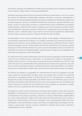 CONSULTA PÚBLICA CONSULTA PÚBLICA CONSULTA PÚBLICA
CONSULTA PÚBLICA CONSULTA PÚBLICA CONSULTA PÚBLICA
CONSULTA PÚBLICA CONSULTA PÚBLICA CONSULTA PÚBLICA
CONSULTA PÚBLICA CONSULTA PÚBLICA CONSULTA PÚBLICA
CONSULTA PÚBLICA CONSULTA PÚBLICA CONSULTA PÚBLICA
CONSULTA PÚBLICA CONSULTA PÚBLICA CONSULTA PÚBLICA
CONSULTA PÚBLICA CONSULTA PÚBLICA CONSULTA PÚBLICA
CONSULTA PÚBLICA CONSULTA PÚBLICA CONSULTA PÚBLICA
CONSULTA PÚBLICA CONSULTA PÚBLICA CONSULTA PÚBLICA
CONSULTA PÚBLICA CONSULTA PÚBLICA CONSULTA PÚBLICA
CONSULTA PÚBLICA CONSULTA PÚBLICA CONSULTA PÚBLICA
CONSULTA PÚBLICA CONSULTA PÚBLICA CONSULTA PÚBLICA
CONSULTA PÚBLICA CONSULTA PÚBLICA CONSULTA PÚBLICA
CONSULTA PÚBLICA CONSULTA PÚBLICA CONSULTA PÚBLICA
CONSULTA PÚBLICA CONSULTA PÚBLICA CONSULTA PÚBLICA
CONSULTA PÚBLICA CONSULTA PÚBLICA CONSULTA PÚBLICA
CONSULTA PÚBLICA CONSULTA PÚBLICA CONSULTA PÚBLICA
CONSULTA PÚBLICA CONSULTA PÚBLICA CONSULTA PÚBLICA
CONSULTA PÚBLICA CONSULTA PÚBLICA CONSULTA PÚBLICA
CONSULTA PÚBLICA CONSULTA PÚBLICA CONSULTA PÚBLICA
CONSULTA PÚBLICA CONSULTA PÚBLICA CONSULTA PÚBLICA
CONSULTA PÚBLICA CONSULTA PÚBLICA CONSULTA PÚBLICA
CONSULTA PÚBLICA CONSULTA PÚBLICA CONSULTA PÚBLICA
CONSULTA PÚBLICA CONSULTA PÚBLICA CONSULTA PÚBLICA
CONSULTA PÚBLICA CONSULTA PÚBLICA CONSULTA PÚBLICA
CONSULTA PÚBLICA CONSULTA PÚBLICA CONSULTA PÚBLICA
CONSULTA PÚBLICA CONSULTA PÚBLICA CONSULTA PÚBLICA
CONSULTA PÚBLICA CONSULTA PÚBLICA CONSULTA PÚBLICA
CONSULTA PÚBLICA CONSULTA PÚBLICA CONSULTA PÚBLICA
CONSULTA PÚBLICA CONSULTA PÚBLICA CONSULTA PÚBLICA
CONSULTA PÚBLICA CONSULTA PÚBLICA CONSULTA PÚBLICA
CONSULTA PÚBLICA CONSULTA PÚBLICA CONSULTA PÚBLICA
CONSULTA PÚBLICA CONSULTA PÚBLICA CONSULTA PÚBLICA
CONSULTA PÚBLICA CONSULTA PÚBLICA CONSULTA PÚBLICA
30
uma pintura, interagir com hipertextos da Web, buscar soluções para um problema ambiental
no seu entorno, dentre outras e inúmeras possibilidades.
É também importante tarefa da área a garantia do direito de experimentar, criar, fruir e usufruir
da vivência de diferentes manifestações artísticas, literárias e corporais, possibilitando o
encontro com nossa diversidade linguística e cultural e ampliando a relação dos sujeitos com
as culturas locais e universais. O trabalho reflexivo com as diversas situações de leitura, pro-
dução, criação e fruição busca promover a compreensão de que há diferentes percepções,
representações e entendimentos sobre a realidade, que incluem relações de poder, valores,
responsabilidades, interesses pessoais e institucionais configurados pelas linguagens, possi-
bilitando, assim, a reflexão sobre o que estamos vivenciando para questionar, experimentar
de outro modo, expressar, escolher, negociar de maneira mais confiante.
A participação em um mundo ampliado pelo acesso às tecnologias contemporâneas, as
características multiculturais do Brasil e os contatos crescentes com pessoas de outras for-
mações socioculturais e nacionalidades requer conhecimento de diferentes idiomas. Cabe à
área de Linguagens oferecer oportunidades de vivências significativas com culturas e línguas
adicionais e conhecimentos necessários, para que os/as estudantes possam se envolver em
interações com textos em outra(s) língua(s) e, gradativamente, integrar-se em realidades mar-
cadas pelo plurilinguismo e pela diversidade.
Os conhecimentos de cada componente curricular da área de Linguagens serão abordados,
a partir de sua relevância para a expressão e a interação entre sujeitos. A teorização e a
reflexão crítica em torno e a partir desses conhecimentos são realizadas não como fim, mas
como meio para uma compreensão mais aprofundada dos modos de se expressar e de parti-
cipar no mundo e estarão presentes nas diferentes etapas da Educação Básica, com diferen-
tes graus de complexidade e elaboração, levando-se em conta cada contexto de atuação.
Os critérios que definem a progressão do conhecimento da área de Linguagens nas dife-
rentes etapas da escolarização resultam, assim, da relação entre os textos ou elementos
pertinentes às linguagens da Arte e da Educação Física e as características e contextos de
atuação dos sujeitos da Educação Básica: de esferas sociais mais familiares para as menos
familiares; de temáticas mais cotidianas para as mais raras; de gêneros mais corriqueiros aos
menos frequentes; de elementos mais simples aos mais complexos; da variação na comple-
xidade com que as experiências são vividas pelos sujeitos.
O trabalho com cada um dos componentes curriculares que compõem a área deve, portanto,
possibilitar a compreensão do mundo em que vivemos com vistas a acolher a pluralidade e
a dinamicidade das práticas linguísticas, artísticas e culturais. Determinadas problemáticas
do mundo contemporâneo e alguns temas são particularmente relevantes, para construir a
relação dos conhecimentos, na área de Linguagens, com a participação cidadã, tais como:
identidades e interculturalidades, modos e processos de subjetivação, tecnologias de infor-
mação e comunicação, ciências, culturas e patrimônio, relações étnico-raciais, ambiente e
sustentabilidade, lazer e trabalho.
 