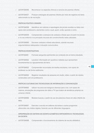CONSULTA PÚBLICA CONSULTA PÚBLICA CONSULTA PÚBLICA
CONSULTA PÚBLICA CONSULTA PÚBLICA CONSULTA PÚBLICA
CONSULTA PÚBLICA CONSULTA PÚBLICA CONSULTA PÚBLICA
CONSULTA PÚBLICA CONSULTA PÚBLICA CONSULTA PÚBLICA
CONSULTA PÚBLICA CONSULTA PÚBLICA CONSULTA PÚBLICA
CONSULTA PÚBLICA CONSULTA PÚBLICA CONSULTA PÚBLICA
CONSULTA PÚBLICA CONSULTA PÚBLICA CONSULTA PÚBLICA
CONSULTA PÚBLICA CONSULTA PÚBLICA CONSULTA PÚBLICA
CONSULTA PÚBLICA CONSULTA PÚBLICA CONSULTA PÚBLICA
CONSULTA PÚBLICA CONSULTA PÚBLICA CONSULTA PÚBLICA
CONSULTA PÚBLICA CONSULTA PÚBLICA CONSULTA PÚBLICA
CONSULTA PÚBLICA CONSULTA PÚBLICA CONSULTA PÚBLICA
CONSULTA PÚBLICA CONSULTA PÚBLICA CONSULTA PÚBLICA
CONSULTA PÚBLICA CONSULTA PÚBLICA CONSULTA PÚBLICA
CONSULTA PÚBLICA CONSULTA PÚBLICA CONSULTA PÚBLICA
CONSULTA PÚBLICA CONSULTA PÚBLICA CONSULTA PÚBLICA
CONSULTA PÚBLICA CONSULTA PÚBLICA CONSULTA PÚBLICA
CONSULTA PÚBLICA CONSULTA PÚBLICA CONSULTA PÚBLICA
CONSULTA PÚBLICA CONSULTA PÚBLICA CONSULTA PÚBLICA
CONSULTA PÚBLICA CONSULTA PÚBLICA CONSULTA PÚBLICA
CONSULTA PÚBLICA CONSULTA PÚBLICA CONSULTA PÚBLICA
CONSULTA PÚBLICA CONSULTA PÚBLICA CONSULTA PÚBLICA
CONSULTA PÚBLICA CONSULTA PÚBLICA CONSULTA PÚBLICA
CONSULTA PÚBLICA CONSULTA PÚBLICA CONSULTA PÚBLICA
CONSULTA PÚBLICA CONSULTA PÚBLICA CONSULTA PÚBLICA
CONSULTA PÚBLICA CONSULTA PÚBLICA CONSULTA PÚBLICA
CONSULTA PÚBLICA CONSULTA PÚBLICA CONSULTA PÚBLICA
CONSULTA PÚBLICA CONSULTA PÚBLICA CONSULTA PÚBLICA
CONSULTA PÚBLICA CONSULTA PÚBLICA CONSULTA PÚBLICA
CONSULTA PÚBLICA CONSULTA PÚBLICA CONSULTA PÚBLICA
CONSULTA PÚBLICA CONSULTA PÚBLICA CONSULTA PÚBLICA
CONSULTA PÚBLICA CONSULTA PÚBLICA CONSULTA PÚBLICA
CONSULTA PÚBLICA CONSULTA PÚBLICA CONSULTA PÚBLICA
CONSULTA PÚBLICA CONSULTA PÚBLICA CONSULTA PÚBLICA
46
»» LILP2FOA056	 Reconhecer os aspectos rítmicos e sonoros de poemas infantis.
»» LILP2FOA057	 Produzir antologias de poemas infantis por meio de registros do texto
selecionado ou de recriação.
PRÁTICAS POLÍTICO-CIDADÃS
»» LILP2FOA058	 Identificar, em notícias e reportagens de jornais ouvidas ou lidas com
apoio do/a professor/a, elementos como o quê, quem, onde, quando e como.
»» LILP2FOA059	 Compreender a estrutura de cartazes e faixas que circulam na escola
e no seu entorno e os principais recursos de convencimento neles utilizados.
»» LILP2FOA060	 Escrever cartazes e faixas educativas, usando recursos
argumentativos adequados à situação comunicativa.
PRÁTICAS INVESTIGATIVAS
»» LILP2FOA061	 Formular perguntas pertinentes ao conteúdo de um tema estudado.
»» LILP2FOA062	 Localizar informação em quadros e tabelas que apresentam
levantamentos ou agrupamentos de itens.
»» LILP2FOA063	 Compreender enunciados de tarefas escolares, com apoio do
professor ou de forma autônoma.
»» LILP2FOA064	 Registrar resultados de pesquisa em áudio, vídeo, a partir de relatos
construídos com o/a professor/a.
PRÁTICAS CULTURAIS DAS TECNOLOGIAS DE INFORMAÇÃO E COMUNICAÇÃO
»» LILP2FOA065	 Utilizar recursos tecnológicos diversos para criar, com apoio de
roteiros, simulações de programas de rádio e TV que tratem de temáticas próprias ao
universo infantil.
»» LILP2FOA066	 Realizar buscas, a partir do uso de palavras-chave em sites infantis da
Web.
»» LILP2FOA067	 Exercitar a escrita em editores de textos e outros programas
oferecidos nas mídias digitais, fazendo uso de diferentes linguagens.
APROPRIAÇÃO DO SISTEMA DE ESCRITA ALFABÉTICO/ORTOGRÁFICO E TECNOLOGIAS
DA ESCRITA
»» LILP2FOA068	 Compreender o funcionamento do sistema de escrita alfabética.
 